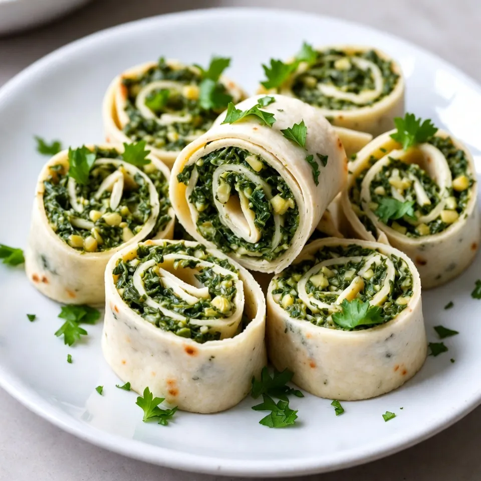To make Cheesy Spinach Artichoke Pinwheels, gather these items: - 1 large flour tortilla - 1 cup fresh spinach, finely chopped - 1/2 cup canned artichoke hearts, rinsed, drained, and chopped - 1/2 cup cream cheese, softened - 1/2 cup shredded mozzarella cheese - 1/4 cup grated Parmesan cheese - 1 clove garlic, minced - 1/2 teaspoon onion powder - 1/4 teaspoon freshly ground black pepper - 1/4 teaspoon red pepper flakes (optional for heat) - Fresh herbs (like parsley or basil), finely chopped, for garnish You can swap ingredients easily. Here are some ideas: - Use a whole wheat or spinach tortilla instead of a flour tortilla. - Swap fresh spinach for frozen spinach. Just make sure to thaw and drain it well. - Try cottage cheese or ricotta for a different creamy base. - If you don’t have artichokes, you could use chopped green olives. - For a dairy-free option, use vegan cream cheese and cheese alternatives. Each serving (one pinwheel) offers: - Calories: 120 - Protein: 5g - Fat: 8g - Carbohydrates: 9g - Fiber: 1g - Sugar: 1g These pinwheels are a tasty way to enjoy veggies. They give a great mix of flavors and textures. Perfect for snacks or parties! {{ingredient_image_2}} Start by making the filling. In a medium bowl, mix the softened cream cheese, shredded mozzarella, and grated Parmesan cheese. Make sure it is smooth and well-blended. Next, add the finely chopped spinach and rinsed artichoke hearts. Toss in the minced garlic, onion powder, black pepper, and red pepper flakes if you like heat. Stir everything until it looks even and well mixed. Now, take a large flour tortilla and lay it flat on a clean surface. Use a spatula to spread the spinach-artichoke filling all over the tortilla. Make sure to reach the edges. This way, each bite is full of flavor. Starting from one end, carefully roll the tortilla tightly into a log shape. Keep the filling inside as you roll. It should be snug but not too tight. Once you have your log, wrap it in plastic wrap and place it in the fridge for at least 30 minutes. This helps it firm up. After chilling, take it out and unwrap the log. Use a sharp knife to slice it into one-inch thick pinwheels. Each slice should reveal a pretty swirl of filling. Arrange the pinwheels on a plate. For a nice touch, sprinkle some freshly chopped herbs on top. You can also serve them with a tasty dip like ranch or creamy garlic for extra flavor. To get the best pinwheels, use fresh ingredients. Fresh spinach and good-quality cheese make a big difference. When you spread the filling, go edge to edge. This way, every bite tastes great. After rolling, chill your tortilla log. Chilling helps it hold its shape when you slice. Use a sharp knife to cut the pinwheels. This keeps the edges clean and neat. These pinwheels look great on a platter. Arrange them in a spiral or in rows. For a fun touch, serve them with dips. A creamy ranch or garlic dip pairs well. You can also add a side of fresh veggies for crunch. Your guests will love the colors and flavors! Want to boost the flavor? Try adding cooked bacon or chopped sun-dried tomatoes. They add a nice savory touch. For a spicy kick, mix in jalapeños or more red pepper flakes. Fresh herbs like dill or cilantro can also brighten the taste. Feel free to experiment and make this recipe your own! Pro Tips Chill for Best Results: Allow the rolled tortilla to chill for at least 30 minutes before slicing. This helps the filling set, making it easier to cut and preventing it from spilling out. Mix and Match Ingredients: Feel free to customize the filling! Swap out the spinach for kale or add in some sun-dried tomatoes for an extra flavor boost. Perfect Slices: Use a sharp knife to slice the pinwheels. A serrated knife works well to get clean cuts without squishing the filling. Serving Suggestions: Serve the pinwheels with a variety of dips, such as guacamole, salsa, or a zesty yogurt dip, to enhance the flavor experience. {{image_4}} If you want to make these pinwheels vegetarian or vegan, it's easy. Just skip the cream cheese and cheese. You can use a plant-based cream cheese instead. It gives a nice creamy texture. For cheese flavor, try adding nutritional yeast. It adds a cheesy taste without dairy. You can also mix in more veggies, like roasted red peppers or olives, for added flavor. For those who love heat, adding spice is simple. You can increase the red pepper flakes in the filling. If you want more kick, add diced jalapeños. For a smoky flavor, try adding chipotle peppers in adobo sauce. This will give your pinwheels a bold taste that everyone will remember. You can switch up your tortilla for more fun. Whole wheat or spinach tortillas add a nice twist. They also add extra nutrients and flavor. For a gluten-free option, use corn tortillas. These variations change the look and taste of your pinwheels, making them even more exciting to eat. To keep your pinwheels fresh, wrap them tightly in plastic wrap or foil. Place them in an airtight container. Store them in the fridge for up to three days. This way, they stay tasty and safe to eat. If you notice any moisture, use a paper towel to absorb it. This helps prevent sogginess. If you want to save some pinwheels for later, freezing is a great option. First, slice the pinwheels into pieces. Then, lay them flat on a baking sheet. Freeze them for about an hour until firm. After that, transfer them to a freezer bag. Remove as much air as possible to prevent freezer burn. They can last up to three months in the freezer. When you're ready to enjoy your frozen pinwheels, take them out of the freezer. Let them thaw in the fridge overnight. You can heat them in the oven at 350°F for about 10-15 minutes. This warms them up and keeps them crispy. If you're in a hurry, use the microwave for about 30 seconds. Just be careful not to overheat, or they might become tough. Cheesy Spinach Artichoke Pinwheels last for about 3 to 5 days in the fridge. Make sure you store them in an airtight container. This keeps them fresh and tasty. If you notice any off smells or colors, it's best to toss them out. Yes! You can make these pinwheels a day in advance. Just prepare them and store them in the fridge. Chilling them helps the flavors blend well. It also makes slicing easier. Just remember to cover them tightly with plastic wrap to keep them fresh. These pinwheels pair well with many sides. You can serve them with dips like ranch or garlic sauce. Fresh veggies or a light salad also work great. For a fun twist, try serving them with some spicy salsa or guacamole for extra flavor. This blog post covered how to make Cheesy Spinach Artichoke Pinwheels. We discussed the key ingredients, including possible substitutions, along with their nutritional values. You learned step-by-step instructions, tips for perfecting your pinwheels, and fun variations, like vegetarian options and spicy additions. Lastly, we looked at how to store leftovers and reheating tips. With these insights, you can enjoy a tasty snack that fits your needs. Happy rolling and savor every bite!