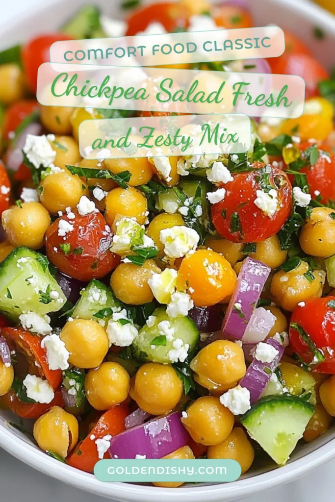Discover the perfect Mediterranean chickpea salad that’s not just delicious but also packed with nutrients! This healthy chickpea recipe features fresh ingredients like cherry tomatoes, cucumber, olives, and feta (or vegan cheese for a plant-based option). Enjoy this easy protein-rich salad as a satisfying meal or a side dish. Explore more fresh Mediterranean diet recipes, and don’t forget to save and share! #MediterraneanChickpeaSalad #HealthyChickpeaRecipes #VeganMediterraneanSalad #ProteinRichSalad