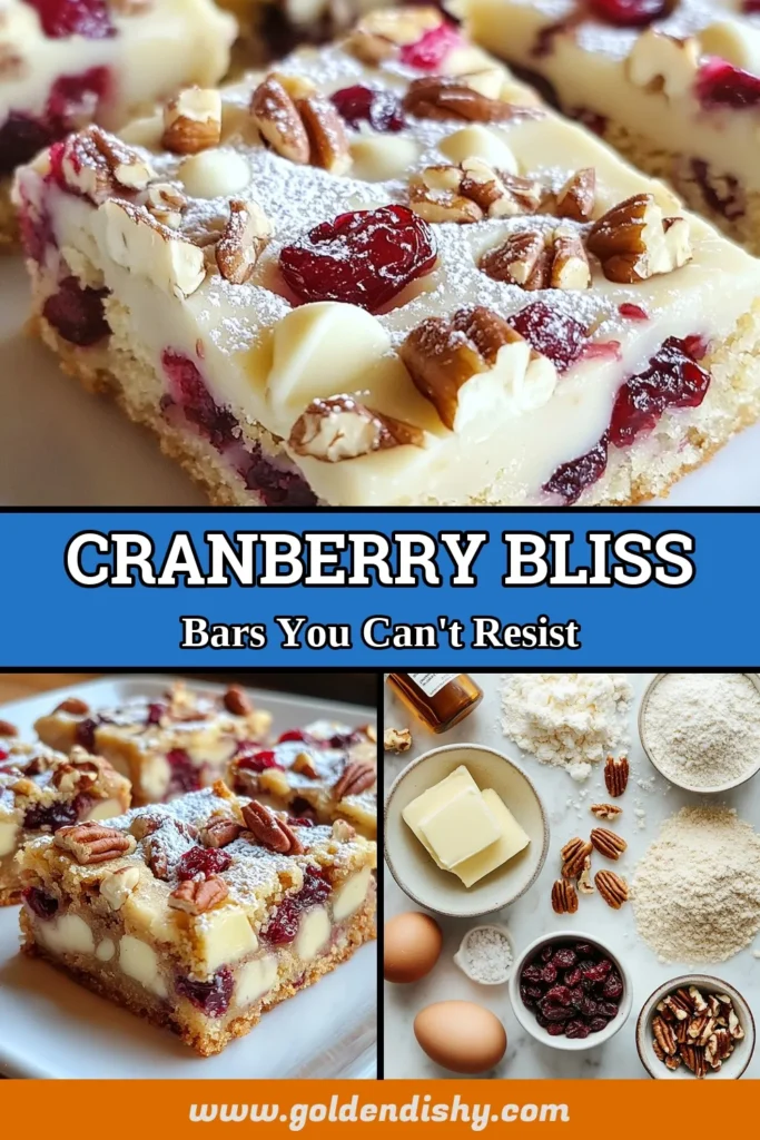 Indulge in these irresistible Cranberry Bliss Cookie Bars, a must-try festive cookie bar recipe that's perfect for holiday baking desserts! Made with creamy white chocolate and tart cranberries, this easy cookie bars recipe will be a hit at your gatherings. Impress your friends and family with this delightful treat! Save the recipe for your next baking session. #CranberryBliss #HolidayBaking #CookieBars #Desserts