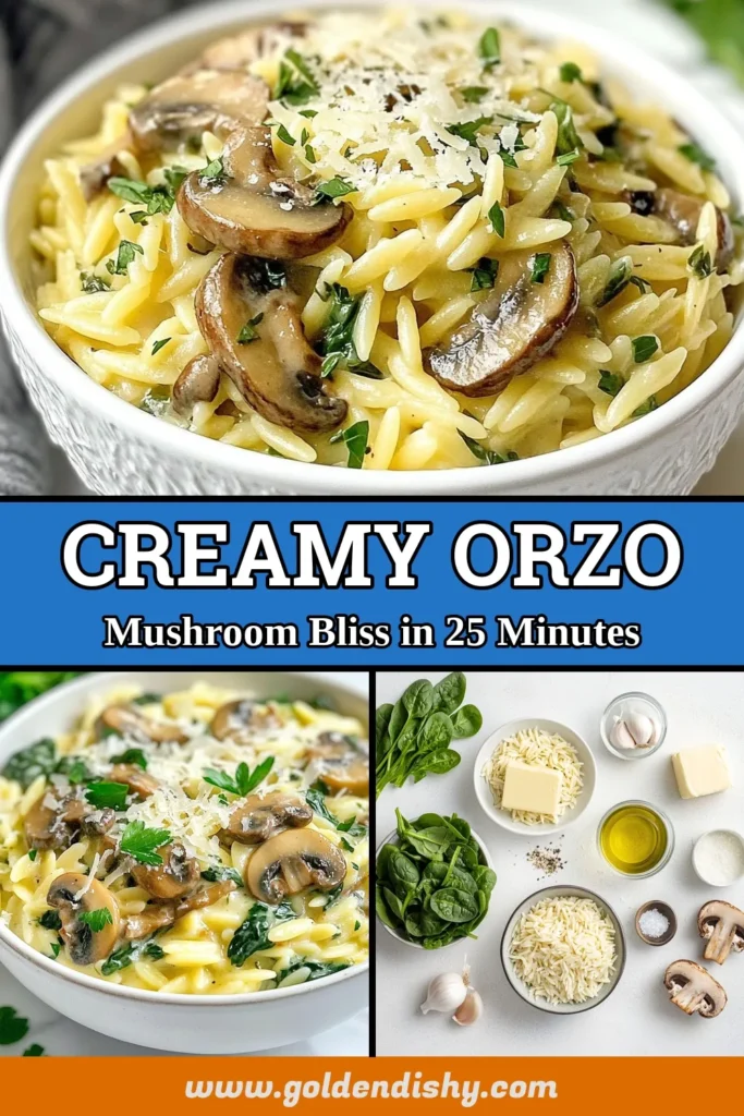 Discover the deliciousness of creamy mushroom orzo, a perfect vegan creamy mushroom dish that’s quick and easy! This orzo pasta recipe blends tender mushrooms, fresh spinach, and creamy goodness in just 25 minutes. Ideal for busy weeknights and impressing guests, this vegetarian pasta dish is a must-try. Save this easy orzo recipe and elevate your meal game today! #CreamyMushroomOrzo #VeganRecipes #VegetarianPasta #QuickDinners