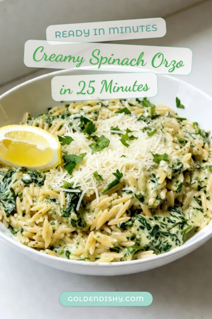 Looking for a delicious and easy creamy pasta recipe? Try this creamy spinach orzo that combines orzo pasta, fresh spinach, and a tangy lemon kick! This vegetarian orzo dish is quick to make and perfect for weeknight dinners. In just 25 minutes, you'll enjoy this flavorful lemon spinach pasta. Save this recipe for a creamy delight that everyone will love! #CreamySpinachOrzo #OrzoPastaRecipe #EasyCreamyPastaRecipes #VegetarianOrzoDish