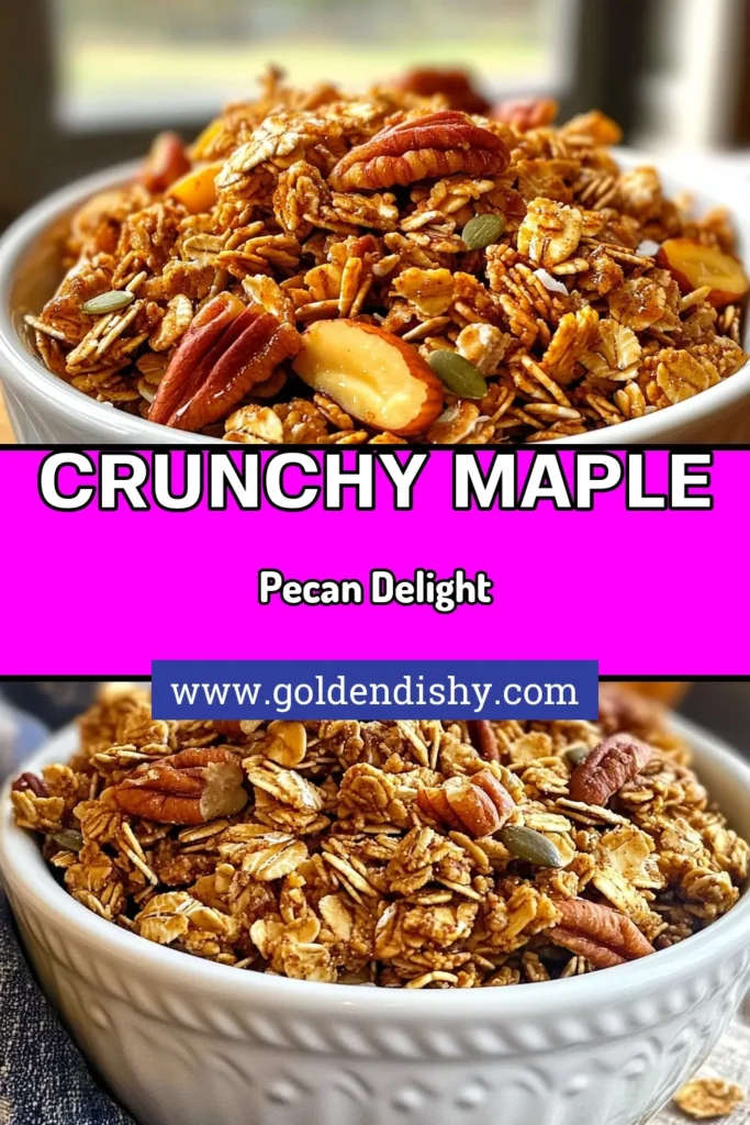 Indulge in delicious and nutritious Maple Pecan Granola with this easy homemade granola recipe! Perfect for healthy granola snacks, this vegan granola recipe combines rolled oats, nuts, and seeds for a satisfying crunch. Enjoy it on yogurt, as a topping, or on its own. Make your mornings special with this wholesome treat. Don't forget to save this recipe for later! #MaplePecanGranola #HealthySnacks #GranolaWithNutsAndSeeds #VeganGranolaRecipe
