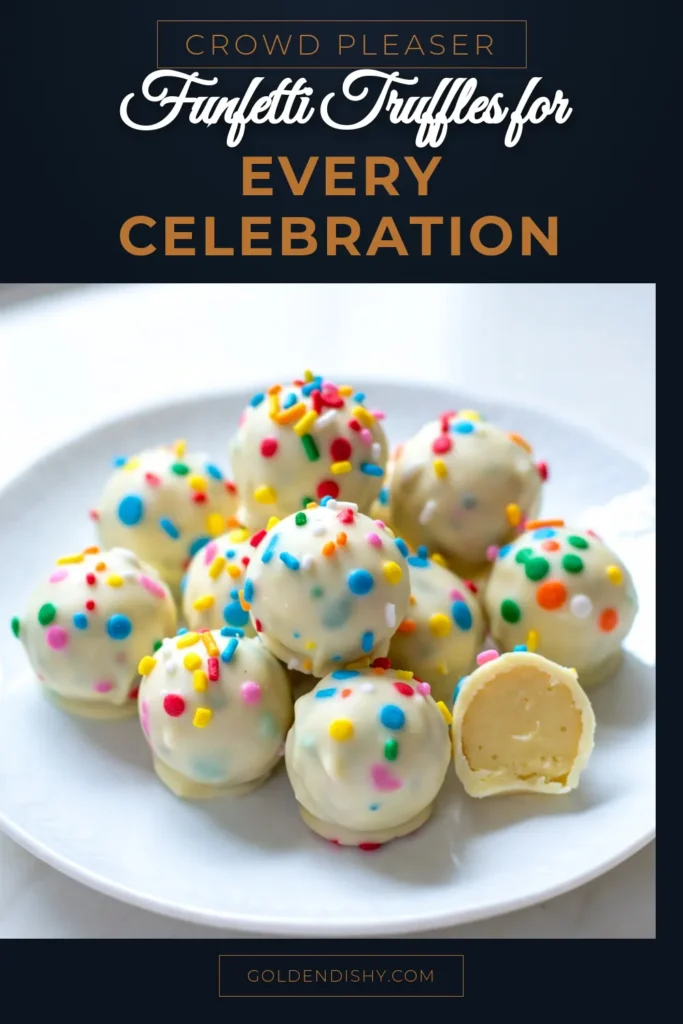 Discover the ultimate Funfetti truffles recipe with these easy sugar cookie truffles! Perfect for any celebration, this no-bake truffles treat is a festive dessert everyone will love. With vibrant Funfetti sprinkles and creamy white chocolate, these cookie truffles are a delightful addition to your dessert table. Get the full recipe now and elevate your baking game! Save this recipe for later! #FunfettiTruffles #SugarCookieTruffles #NoBakeTruffles #FestiveDessertRecipes