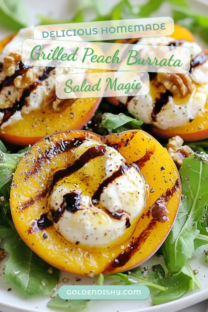 Discover the ultimate summer dish with this grilled peach salad featuring creamy burrata! This burrata salad recipe combines juicy grilled peaches, peppery arugula, and crunchy walnuts for a deliciously healthy peach recipe. Perfect for any gathering or a light meal, this summer salad with peaches is simple to make and bursting with flavor. Save this recipe for an easy and elegant dish that everyone will love! #GrilledPeachSalad #BurrataSaladRecipe #SummerSalad #HealthyPeachRecipe