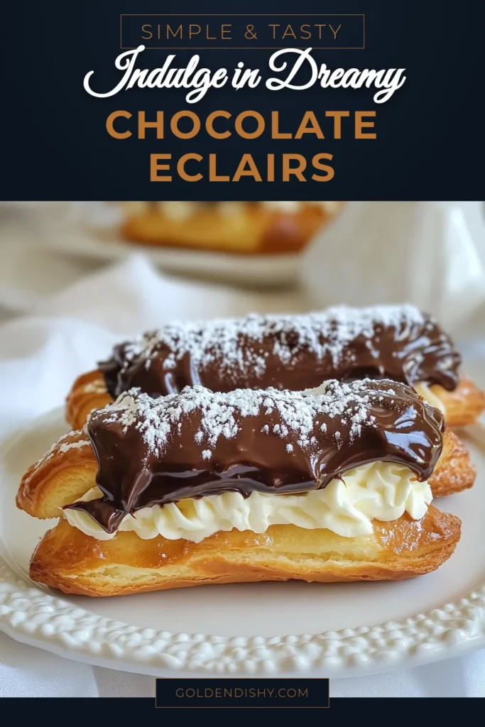 Indulge in this decadent chocolate eclairs recipe that you can easily make at home! These easy chocolate eclairs are filled with a delicious pastry cream filling and topped with rich chocolate ganache. Perfect for impressing guests or treating yourself, this classic dessert will surely satisfy your sweet tooth. Try this homemade eclairs recipe today and elevate your dessert game! Save this pin for later. #ChocolateEclairs #DecadentDessert #HomemadeEclairs #PastryRecipes