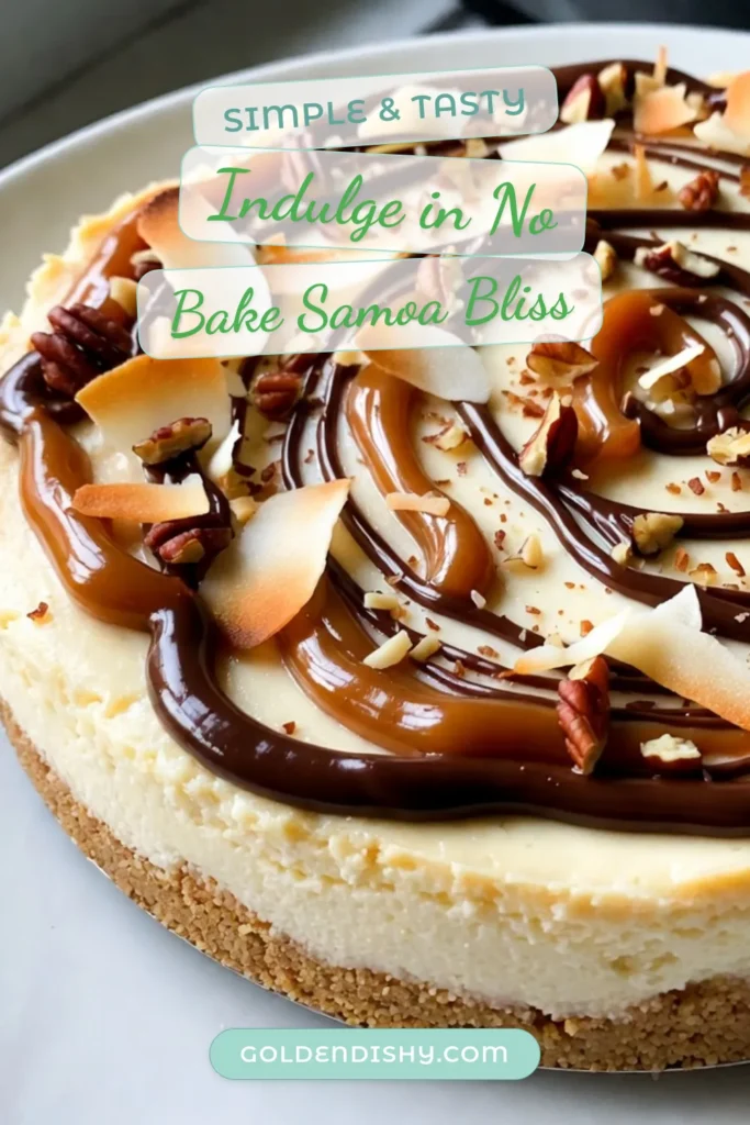 Indulge in this creamy no-bake Samoa cheesecake that combines the delightful flavors of caramel and chocolate in an easy cheesecake recipe. Perfect for coconut dessert lovers, this no-bake dessert is a crowd-pleaser. With a crunchy graham cracker crust and luscious filling, it's a treat anyone can make. Save this recipe now and enjoy a slice of heaven! #NoBakeSamoaCheesecake #EasyCheesecakeRecipes #CoconutDessertRecipes #NoBakeDesserts