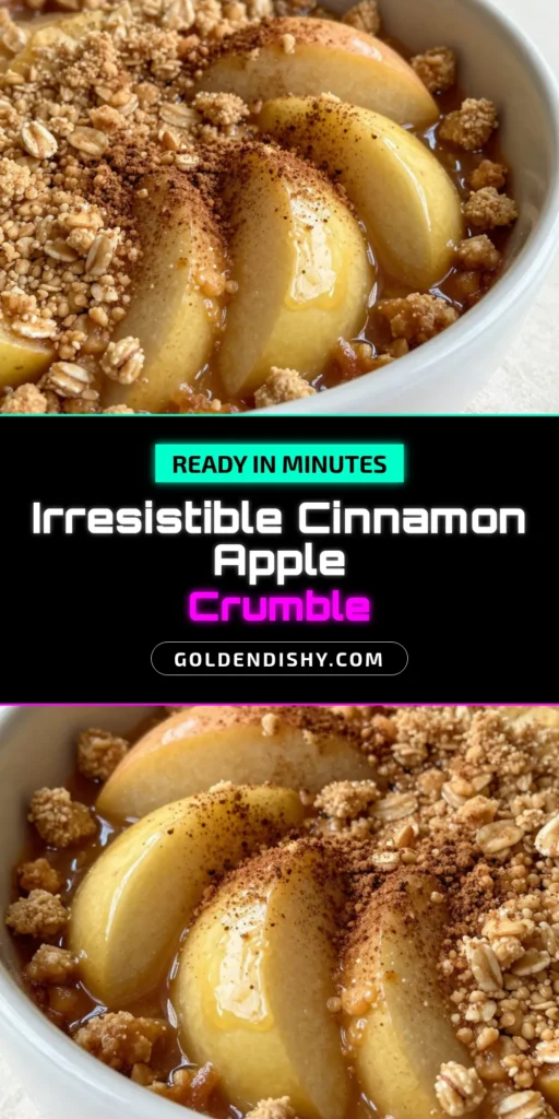 Indulge in the delightful warmth of this Cinnamon Apple Crumble recipe, featuring tart Granny Smith apples and a homemade crumble topping that's super easy to make. This baked apple dessert is perfect for gatherings and cozy nights in. Get ready to impress with this easy apple dessert! Serve warm with vanilla ice cream for the ultimate treat. Save this recipe for a delicious dessert idea! #CinnamonAppleCrumble #EasyAppleDessert #BakedAppleDessert #GrannySmithAppleCrumble