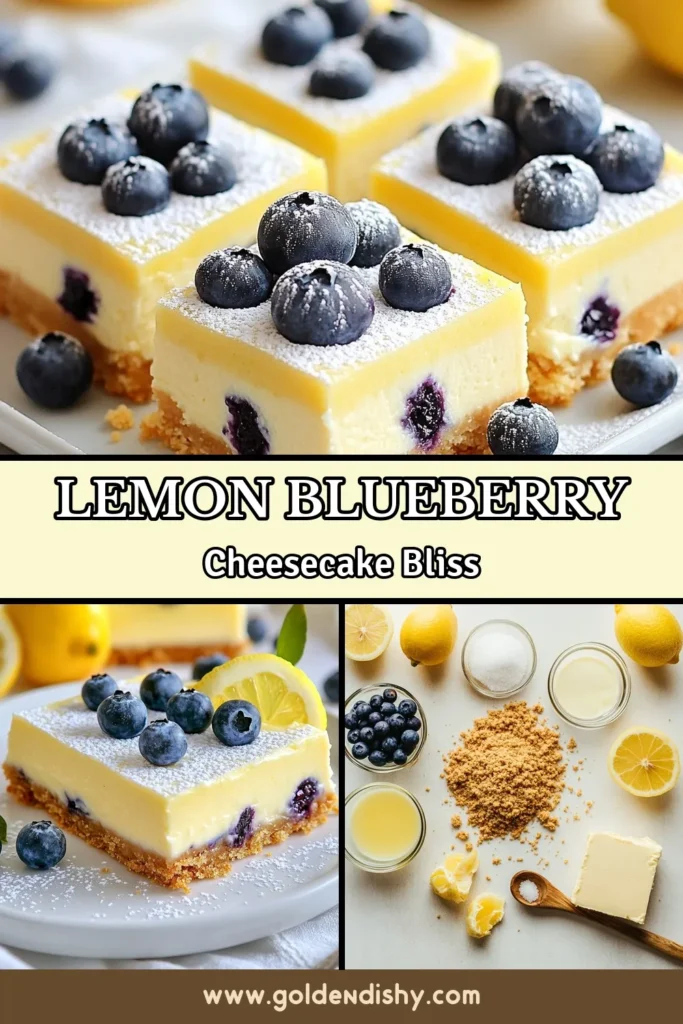 Indulge in the refreshing taste of Lemon Blueberry Cheesecake Bars! This no-bake cheesecake bars recipe combines creamy cream cheese with zesty lemon and juicy blueberries to create the ultimate blueberry dessert bars. Perfect for any occasion, these easy cheesecake bars are a crowd-pleaser. Make them today and impress your guests! Save this recipe for later! #LemonBlueberryCheesecakeBars #BlueberryDessertBars #NoBakeCheesecakeBars #EasyCheesecakeBarsRecipe