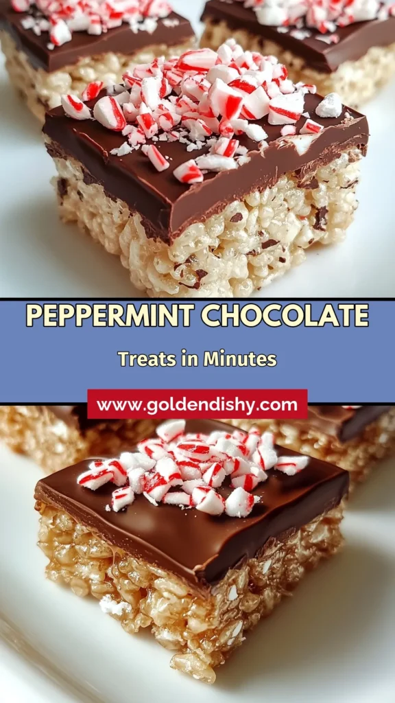 Indulge in the holiday spirit with these easy Peppermint Chocolate Rice Krispie Treats! Perfect for festive gatherings, these no-bake peppermint treats are a hit among easy Christmas desserts. With crispy Rice Krispies, melted chocolate, and a dash of peppermint, they offer a delightful crunch. Make this holiday season special and brighten up your snack table with these festive snack recipes. Save this recipe and create a tasty treat for your loved ones! #PeppermintTreats #EasyDesserts #HolidaySnacks #NoBakeRecipes