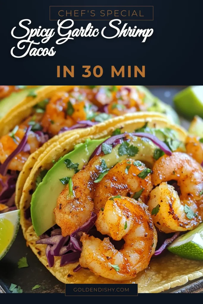 Spice up your taco night with these delicious Spicy Garlic Shrimp Tacos! This garlic shrimp recipe is simple and packed with flavor. Learn how to make shrimp tacos easily with tender shrimp seasoned to perfection, all wrapped in warm corn tortillas. Top them off with fresh avocado, crunchy cabbage, and a squeeze of lime for a perfect kick! Don't forget your favorite spicy taco toppings. Save this recipe for your next meal! #SpicyShrimpTacos #GarlicShrimpRecipe #ShrimpTacos #TacoNight