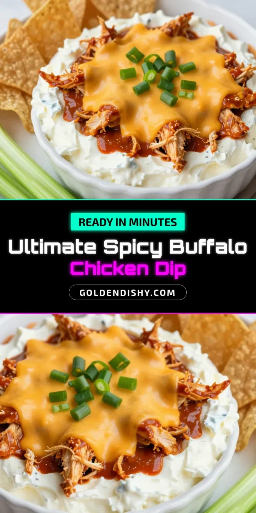 Get ready to spice up your game day with this delicious Spicy Buffalo Chicken Dip! This cheesy chicken dip recipe combines shredded chicken, cream cheese, and zesty buffalo sauce for the ultimate flavor explosion. Perfect as an easy party dip, this Buffalo Chicken Dip with cream cheese is sure to be a hit. Serve with tortilla chips or celery sticks for a crowd-pleasing treat. Save this easy recipe for your next gathering! #BuffaloChickenDip #SpicyDip #EasyPartyRecipes #GameDayFood