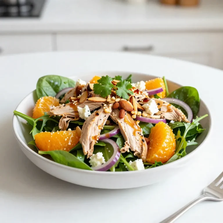 - 2 cups cooked chicken breast, shredded into bite-sized pieces - 1 can (11 oz) mandarin oranges, well-drained - 4 cups vibrant mixed salad greens (a blend of spinach, arugula, and romaine) - 1/2 cup sliced almonds, lightly toasted - 1/4 cup red onion, thinly sliced - 1/2 cup crumbled feta cheese - 1/2 cup sesame ginger dressing - Salt and freshly cracked black pepper, to taste - Fresh cilantro, chopped This salad is packed with nutrients. Each serving has about 300 calories. You get protein from the chicken, healthy fats from the almonds, and vitamins from the greens. The feta adds calcium while the mandarin oranges give a boost of vitamin C. This mix supports a balanced diet. Choose fresh ingredients for the best taste. Look for chicken that is moist and tender. Fresh greens should be crisp and vibrant, without any wilting. For the mandarin oranges, pick a can with no added sugar. When buying almonds, select those that are light golden and smell fresh. Fresh herbs should look bright and have a strong, pleasant aroma. {{ingredient_image_2}} Start with cooked chicken breast. Shred it into bite-sized pieces. This makes it easy to mix. You can use leftover chicken or rotisserie chicken. If you want, season with salt and pepper for more flavor. Grab a large salad bowl. Add the shredded chicken and drained mandarin oranges first. Next, toss in 4 cups of mixed salad greens. I like a mix of spinach, arugula, and romaine. They add nice colors and textures. Add 1/2 cup of toasted almonds for crunch. Then, sprinkle in 1/4 cup of thin red onion slices for a zesty bite. Finally, add 1/2 cup of crumbled feta cheese for creaminess. Drizzle 1/2 cup of sesame ginger dressing over the salad. Use salad tongs to mix gently. Be careful with the greens and orange slices. They can bruise easily. Season with salt and freshly cracked black pepper to your taste. Before serving, top with chopped cilantro for freshness. This adds a pop of color too. Serve on a platter or in bowls. Enjoy this dish chilled for the best taste! I love using sesame ginger dressing for this salad. It adds a sweet and savory touch. You can also try a honey mustard dressing. It pairs well with the chicken and oranges. A light vinaigrette can work too. Look for one with citrus flavors to boost the dish. To enhance the flavor, add fresh herbs like cilantro. They bring a fresh taste. You can also add a squeeze of lime juice for brightness. A pinch of red pepper flakes can give your salad a spicy kick. One mistake is overcooking the chicken. Use cooked chicken breast that is moist and tender. Another mistake is using too much dressing. Start with a little and add more as needed. Avoid bruising the greens when you toss the salad. Use your hands or tongs gently. Lastly, do not forget to drain the mandarin oranges well. Excess juice can make the salad soggy. Pro Tips Use Fresh Ingredients: Always opt for fresh salad greens and ripe mandarin oranges to enhance the flavor and texture of your salad. Toast Your Nuts: Lightly toasting the sliced almonds brings out their natural oils and enhances their crunchiness, adding a delightful texture to the salad. Dress Wisely: For best results, add the sesame ginger dressing right before serving to keep the greens crisp and prevent wilting. Chill Before Serving: Allowing the salad to chill in the refrigerator for a few minutes before serving can help meld the flavors together beautifully. {{image_4}} You can switch the chicken for many other proteins. Cooked shrimp adds a sweet and tender bite. Grilled salmon gives a rich and smoky flavor. For a plant-based option, try chickpeas or tofu. These choices keep it fresh and exciting. While mixed greens are great, you can try other options. Spinach offers a soft texture and nutrients. Kale gives a hearty crunch and stands up well to dressings. You can also use cabbage for extra crunch and color. Each green brings a new taste and feel to the salad. Add-ins can make your salad unique. Sliced strawberries or blueberries add a sweet twist. Avocado gives creaminess and healthy fats. You might also consider crispy wonton strips for crunch. Fresh herbs like mint or basil can brighten the dish. These small changes can elevate the salad, making it your own. After making your Mandarin Orange Chicken Salad, store it in an airtight container. Keep it in the fridge for up to three days. This salad tastes best when fresh, but you can enjoy it for a short time. If the salad sits too long, the greens may wilt and lose their crispness. I do not recommend freezing this salad. The texture of the greens will suffer, and the dressing can separate. If you have leftover chicken, you can freeze that separately. Store it in a freezer bag for up to three months. When you're ready, thaw the chicken in the fridge before adding it to a fresh salad. If you stored leftover chicken, you can easily reheat it. Place the chicken in a microwave-safe dish. Heat it in short bursts of 30 seconds until warm. Avoid overheating, as it can dry out the chicken. Mix the warm chicken into a fresh salad for a delightful meal. Yes, you can use canned chicken. It saves time and is easy to use. Just drain the chicken and shred it into pieces. This option works well if you need a quick meal. Canned chicken may not taste as fresh, but it will still taste great in the salad. Yes, you can make this salad vegetarian. Simply replace the chicken with chickpeas or tofu. Both options add protein and texture. You can also use a plant-based dressing for added flavor. This way, you still enjoy a tasty and filling salad without meat. This salad pairs well with many dishes. Serve it with grilled shrimp or fish for a tasty meal. You can also enjoy it with a side of bread or rice for a filling lunch. For a refreshing drink, try iced tea or lemonade. These options enhance the flavors in the salad while keeping your meal light and fresh. This blog post explored how to create a delicious chicken salad. We listed ingredients, shared step-by-step cooking tips, and highlighted common mistakes to avoid. I offered ideas for variations and best storage methods. Remember, fresh ingredients boost taste and nutrition. Don't be afraid to get creative! Whether you want a classic salad or a unique twist, the right choices lead to great meals. Enjoy making your perfect salad anytime.
