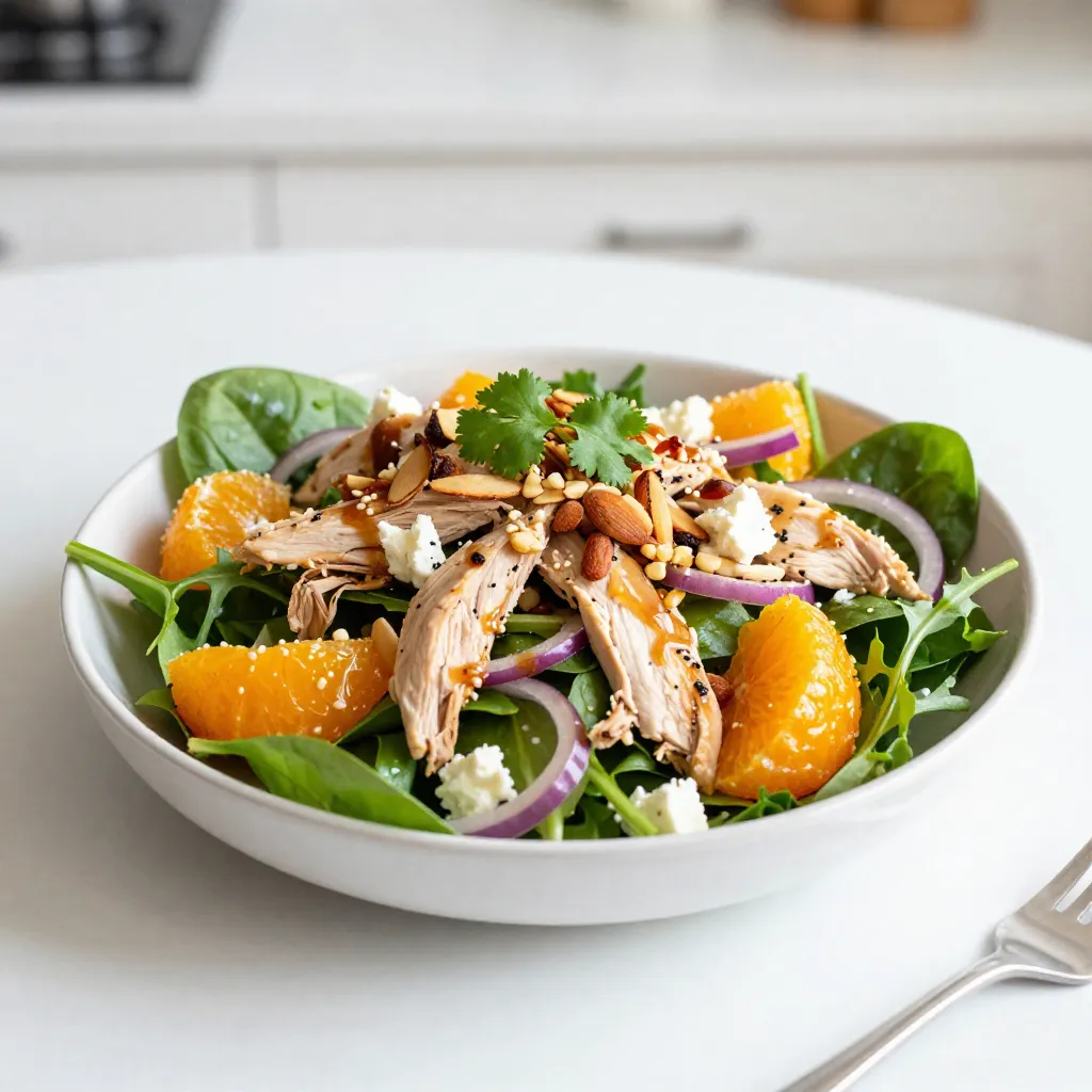 - 2 cups cooked chicken breast, shredded into bite-sized pieces - 1 can (11 oz) mandarin oranges, well-drained - 4 cups vibrant mixed salad greens (a blend of spinach, arugula, and romaine) - 1/2 cup sliced almonds, lightly toasted - 1/4 cup red onion, thinly sliced - 1/2 cup crumbled feta cheese - 1/2 cup sesame ginger dressing - Salt and freshly cracked black pepper, to taste - Fresh cilantro, chopped This salad is packed with nutrients. Each serving has about 300 calories. You get protein from the chicken, healthy fats from the almonds, and vitamins from the greens. The feta adds calcium while the mandarin oranges give a boost of vitamin C. This mix supports a balanced diet. Choose fresh ingredients for the best taste. Look for chicken that is moist and tender. Fresh greens should be crisp and vibrant, without any wilting. For the mandarin oranges, pick a can with no added sugar. When buying almonds, select those that are light golden and smell fresh. Fresh herbs should look bright and have a strong, pleasant aroma. {{ingredient_image_2}} Start with cooked chicken breast. Shred it into bite-sized pieces. This makes it easy to mix. You can use leftover chicken or rotisserie chicken. If you want, season with salt and pepper for more flavor. Grab a large salad bowl. Add the shredded chicken and drained mandarin oranges first. Next, toss in 4 cups of mixed salad greens. I like a mix of spinach, arugula, and romaine. They add nice colors and textures. Add 1/2 cup of toasted almonds for crunch. Then, sprinkle in 1/4 cup of thin red onion slices for a zesty bite. Finally, add 1/2 cup of crumbled feta cheese for creaminess. Drizzle 1/2 cup of sesame ginger dressing over the salad. Use salad tongs to mix gently. Be careful with the greens and orange slices. They can bruise easily. Season with salt and freshly cracked black pepper to your taste. Before serving, top with chopped cilantro for freshness. This adds a pop of color too. Serve on a platter or in bowls. Enjoy this dish chilled for the best taste! I love using sesame ginger dressing for this salad. It adds a sweet and savory touch. You can also try a honey mustard dressing. It pairs well with the chicken and oranges. A light vinaigrette can work too. Look for one with citrus flavors to boost the dish. To enhance the flavor, add fresh herbs like cilantro. They bring a fresh taste. You can also add a squeeze of lime juice for brightness. A pinch of red pepper flakes can give your salad a spicy kick. One mistake is overcooking the chicken. Use cooked chicken breast that is moist and tender. Another mistake is using too much dressing. Start with a little and add more as needed. Avoid bruising the greens when you toss the salad. Use your hands or tongs gently. Lastly, do not forget to drain the mandarin oranges well. Excess juice can make the salad soggy. Pro Tips Use Fresh Ingredients: Always opt for fresh salad greens and ripe mandarin oranges to enhance the flavor and texture of your salad. Toast Your Nuts: Lightly toasting the sliced almonds brings out their natural oils and enhances their crunchiness, adding a delightful texture to the salad. Dress Wisely: For best results, add the sesame ginger dressing right before serving to keep the greens crisp and prevent wilting. Chill Before Serving: Allowing the salad to chill in the refrigerator for a few minutes before serving can help meld the flavors together beautifully. {{image_4}} You can switch the chicken for many other proteins. Cooked shrimp adds a sweet and tender bite. Grilled salmon gives a rich and smoky flavor. For a plant-based option, try chickpeas or tofu. These choices keep it fresh and exciting. While mixed greens are great, you can try other options. Spinach offers a soft texture and nutrients. Kale gives a hearty crunch and stands up well to dressings. You can also use cabbage for extra crunch and color. Each green brings a new taste and feel to the salad. Add-ins can make your salad unique. Sliced strawberries or blueberries add a sweet twist. Avocado gives creaminess and healthy fats. You might also consider crispy wonton strips for crunch. Fresh herbs like mint or basil can brighten the dish. These small changes can elevate the salad, making it your own. After making your Mandarin Orange Chicken Salad, store it in an airtight container. Keep it in the fridge for up to three days. This salad tastes best when fresh, but you can enjoy it for a short time. If the salad sits too long, the greens may wilt and lose their crispness. I do not recommend freezing this salad. The texture of the greens will suffer, and the dressing can separate. If you have leftover chicken, you can freeze that separately. Store it in a freezer bag for up to three months. When you're ready, thaw the chicken in the fridge before adding it to a fresh salad. If you stored leftover chicken, you can easily reheat it. Place the chicken in a microwave-safe dish. Heat it in short bursts of 30 seconds until warm. Avoid overheating, as it can dry out the chicken. Mix the warm chicken into a fresh salad for a delightful meal. Yes, you can use canned chicken. It saves time and is easy to use. Just drain the chicken and shred it into pieces. This option works well if you need a quick meal. Canned chicken may not taste as fresh, but it will still taste great in the salad. Yes, you can make this salad vegetarian. Simply replace the chicken with chickpeas or tofu. Both options add protein and texture. You can also use a plant-based dressing for added flavor. This way, you still enjoy a tasty and filling salad without meat. This salad pairs well with many dishes. Serve it with grilled shrimp or fish for a tasty meal. You can also enjoy it with a side of bread or rice for a filling lunch. For a refreshing drink, try iced tea or lemonade. These options enhance the flavors in the salad while keeping your meal light and fresh. This blog post explored how to create a delicious chicken salad. We listed ingredients, shared step-by-step cooking tips, and highlighted common mistakes to avoid. I offered ideas for variations and best storage methods. Remember, fresh ingredients boost taste and nutrition. Don't be afraid to get creative! Whether you want a classic salad or a unique twist, the right choices lead to great meals. Enjoy making your perfect salad anytime.
