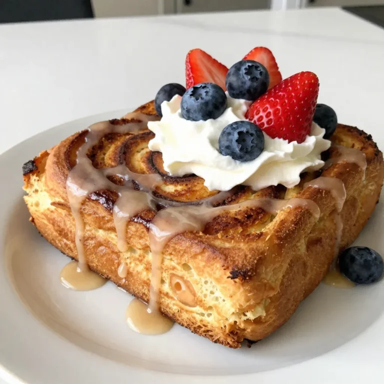 To make a delicious Cinnamon Roll French Toast Bake, gather these simple ingredients: - 2 cans of refrigerated cinnamon rolls (12 rolls each) - 6 large eggs - 1 cup of milk (whole or almond milk) - 1/2 cup heavy cream - 1 tablespoon vanilla extract - 1 teaspoon ground cinnamon - 1/4 cup brown sugar, packed - 1/4 cup maple syrup - Optional toppings: Whipped cream, fresh berries (such as strawberries or blueberries) These ingredients mix together to create a tasty dish that is both sweet and comforting. The cinnamon rolls serve as a perfect base. Eggs and cream make a rich custard. The vanilla and cinnamon add warmth and flavor. Brown sugar and maple syrup enhance the sweetness. Feel free to add berries and whipped cream for a lovely finish. Each ingredient plays a role, making this bake a delightful treat for breakfast or brunch. {{ingredient_image_2}} First, preheat your oven to 350°F (175°C). This step is key. A hot oven helps the bake rise and cook evenly. Next, grab a 9x13-inch baking dish. Generously grease it with non-stick spray or butter. This prevents sticking. You want every bite to come out clean. Now, open the cans of cinnamon rolls. Be careful! The rolls can pop out. Use kitchen scissors or a sharp knife to cut each roll into quarters. This makes it easier to layer. Evenly distribute the cut pieces in the greased dish. Ensure you cover the bottom well. This forms a nice base for your bake. In a large bowl, whisk together 6 large eggs, 1 cup of milk, and 1/2 cup of heavy cream. Add 1 tablespoon of vanilla extract, 1 teaspoon of ground cinnamon, and 1/4 cup of brown sugar. Mix until it is well combined and frothy. This custard mixture will soak into the cinnamon rolls, making them rich and tasty. Pour the custard evenly over the cinnamon roll pieces. Use a spatula or your hands to press down on the rolls. This helps them soak up the custard. Next, drizzle 1/4 cup of maple syrup over the top. It adds sweetness and flavor. Now, place the dish in the preheated oven. Bake for 30-35 minutes. The top should turn golden brown, and the center should set. Check with a toothpick; it should come out clean. To bake your Cinnamon Roll French Toast Bake evenly, spread the custard mixture well. Make sure every piece of cinnamon roll gets soaked. If not, some parts may dry out while others stay soggy. Use a spatula to press the rolls gently down into the custard. This helps them soak up all the tasty goodness. Check for doneness with a toothpick. Insert it into the center of the bake. If it comes out clean, your dish is ready. If not, give it a few more minutes. The top should look golden and slightly puffed. To make icing easy to drizzle, microwave the icing that comes with the rolls. Heat it for 10 to 15 seconds. This softens it, making it flow better. You can also add a few drops of milk for a thinner icing. For icing variations, try adding vanilla extract or a pinch of cinnamon. This gives the icing a fun twist. You can even mix in some cocoa powder for a chocolate flavor. For a beautiful plate, serve the bake warm on individual plates. Cut the bake into squares for easy serving. Top each square with a dollop of whipped cream. Fresh berries like strawberries or blueberries add color and flavor. A light dusting of powdered sugar gives a nice finish. This creates an inviting and gourmet look for your family or guests. Pro Tips Use Fresh Eggs: Fresh eggs create a richer custard mixture, enhancing the overall flavor and texture of the bake. Let it Soak: Allow the cinnamon rolls to soak in the egg mixture for at least 10 minutes before baking to ensure they absorb all the flavors. Don’t Overbake: Keep an eye on the bake to avoid overcooking; a slight jiggle in the center indicates it’s perfectly done. Customize Toppings: Feel free to add nuts or chocolate chips to the mix for an extra layer of flavor and texture. {{image_4}} You can easily change the taste of your Cinnamon Roll French Toast Bake. Here are some fun ideas: - Nuts or chocolate chips: Add chopped pecans or walnuts to the mix. Chocolate chips also make a great addition. They melt and create a rich, sweet bite. - Fruit: You can mix in sliced apples or bananas. They add natural sweetness and freshness to the dish. Just chop them into small pieces and scatter them among the cinnamon roll pieces. If you have dietary needs, there are options for you: - Dairy-free or vegan: Use almond milk instead of regular milk. Swap the heavy cream for coconut cream. You can replace eggs with a mixture of ground flaxseed and water. - Gluten-free: Look for gluten-free cinnamon rolls. Many brands offer tasty options that work well in this recipe. Pair this bake with some tasty sides and drinks: - Breakfast sides: Serve with crispy bacon or sausage. Fresh fruit salad is also a great choice. It adds color and flavor. - Drinks: Enjoy with coffee, tea, or fresh juice. A sweet orange juice or a smooth latte perfectly complements the cinnamon flavors. To keep your Cinnamon Roll French Toast Bake fresh, store leftovers in the fridge. Place the bake in an airtight container. If you do not have one, use plastic wrap to cover the dish tightly. This keeps moisture in and prevents the bake from drying out. It will stay fresh for up to three days in the fridge. When ready to eat, just reheat a portion in the microwave. For longer storage, you can freeze the bake. First, let it cool completely. Then, cut it into squares and wrap each piece in plastic wrap. Place the wrapped pieces in a freezer bag or container. This way, you can enjoy it later. It will stay good for up to three months in the freezer. To reheat, take a piece out and let it thaw in the fridge overnight. Then, heat it in the microwave for about 30-60 seconds, or until warm. If you prefer, you can also bake it at 350°F (175°C) for about 10-15 minutes. This will help it regain its fresh taste and texture. Yes, you can use frozen cinnamon rolls. Here are some pros and cons: - Pros: - They are easy to store and last longer. - You can bake them fresh whenever you want. - Cons: - They need extra time to thaw and rise before use. - The texture may differ slightly from fresh rolls. If you choose frozen, let them sit at room temp for about 30 minutes. Then, cut and use as you would with refrigerated rolls. You can prepare this dish ahead of time for a quick bake later. Here’s how: - Night Before: 1. Prepare the cinnamon rolls and custard mixture. 2. Assemble everything in the greased dish. 3. Cover it tightly with plastic wrap and place it in the fridge. - Baking Day: - Remove the dish from the fridge 20 minutes before baking to bring it to room temp. - Bake as instructed for about 30-35 minutes. This way, you enjoy a hot breakfast with minimal morning fuss! Here are some common problems and tips to avoid them: - Baking Time Issues: - Check for doneness with a toothpick. If it comes out wet, bake a bit longer. - Custard Soaking Problems: - Make sure every roll piece is well coated. Press them down gently to soak the custard. - Avoiding Sogginess: - Don’t skip the drizzling of maple syrup. It adds flavor and helps with texture. - Let the bake cool for about 10 minutes after baking. This helps firm it up. By following these tips, you’ll achieve a perfect bake every time! This recipe combines simple ingredients to create a tasty cinnamon roll French toast. You learned how to prepare, bake, and serve this dish, including tips for perfecting it. Consider adding nuts or fruit for unique flavors. Store your leftovers wisely to enjoy later. With just a few steps, you can impress at breakfast or brunch. Try it out and make it your own! Happy cooking!