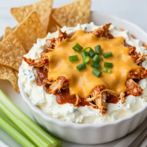 - 2 cups shredded cooked chicken - 1 package (8 oz) cream cheese, softened - 1 cup buffalo sauce - 1 cup shredded cheddar cheese - 1 cup shredded mozzarella cheese - &frac12; cup ranch dressing - &frac14; cup chopped green onions for garnish Buffalo Chicken Dip comes together with these simple ingredients. The star is the shredded cooked chicken. You can use rotisserie chicken for ease. Cream cheese adds the rich, creamy base. Buffalo sauce gives it that needed kick. Cheddar and mozzarella cheese melt beautifully and add depth. Ranch dressing balances the heat. Finally, green onions add a fresh touch on top. You can adjust the buffalo sauce based on your spice level. - Tortilla chips - Celery sticks For serving, you have great options. Tortilla chips are crunchy and perfect for dipping. Celery sticks add a fresh crunch. Both pair well with the creamy dip. Buffalo Chicken Dip is best served warm. It is a crowd-pleaser at parties or game days. Everyone loves to scoop and enjoy! {{ingredient_image_2}} Preheat your oven to 350&deg;F (175&deg;C). This step gets your oven ready for baking. A hot oven helps the dip cook evenly and quickly. In a large mixing bowl, blend the softened cream cheese and buffalo sauce. Use a hand mixer or spatula to mix until the texture is smooth and creamy. Next, add the shredded chicken and ranch dressing. Stir in shredded cheddar cheese and half of the mozzarella cheese. Mix until everything is well combined and creamy. Carefully transfer the creamy mixture into a greased baking dish, about 9x9 inches. Spread it out evenly in the dish. To make it even cheesier, sprinkle the remaining mozzarella cheese on top. This will create a delicious, gooey layer when baked. Place the baking dish in your preheated oven. Bake for 20 to 25 minutes. You&rsquo;ll know the dip is ready when it is hot and bubbly at the edges. The cheese on top should melt to a golden perfection. To get that perfect creamy texture, mix the cream cheese and buffalo sauce well. I like to use a hand mixer for this. It makes the job easier and faster. You want to blend until it is smooth and fluffy. After that, add the chicken and ranch dressing. Mix gently but thoroughly. This helps keep it creamy and delicious. Buffalo sauce can vary in heat. To adjust the spice level, start with less sauce. You can always add more later. Taste the dip after you mix in the chicken and ranch. If you want more heat, stir in a bit more buffalo sauce. This way, everyone can enjoy the dip, no matter their spice tolerance. Serving the dip warm makes it best. After baking, let it cool for just a few minutes. This helps prevent burns. Use a spoon to scoop out the dip easily. I love to serve it with crispy tortilla chips or fresh celery sticks. This adds a nice crunch to every bite! Pro Tips Adjust the Heat: Feel free to modify the amount of buffalo sauce according to your spice preference; a little goes a long way! Mixing Method: For a super creamy texture, use a hand mixer to blend the cream cheese and buffalo sauce until completely smooth. Cheese Variety: Experiment with different cheeses like pepper jack or gouda for a unique flavor twist in your dip. Make Ahead: You can prepare the dip a day in advance; just cover it tightly and refrigerate, then bake it when you're ready to serve. {{image_4}} You can switch up the chicken in your dip. A rotisserie chicken works great. It saves time and adds flavor. If you want a lighter dip, try low-fat cream cheese. For a dairy-free option, use cashew cream or a non-dairy cream cheese. Want to spice things up? Add jalape&ntilde;os for a kick. You can also mix in garlic powder or smoked paprika. These spices add depth and make the dip unique. Experiment to find your perfect blend. Buffalo chicken dip pairs well with many snacks. Try serving it with crispy tortilla chips. Celery sticks add a fresh crunch. You can also use sliced cucumbers or pita bread. These sides make your dip even more fun to eat! To store your Buffalo Chicken Dip, let it cool down first. Then, place it in an airtight container. You can keep it in the fridge for up to four days. If you want to enjoy it later, make sure to cover it well to prevent it from drying out. When it's time to enjoy your leftovers, reheating is key. The best way is to use an oven. Preheat it to 350&deg;F (175&deg;C) and place your dip in an oven-safe dish. Heat for about 15-20 minutes until it&rsquo;s hot and bubbly. This method helps keep the creamy texture. You can also use a microwave, but be careful not to dry it out. Heat in short bursts, stirring in between. If you plan to freeze the dip, do it before baking. Place the mixed dip in a freezer-safe container. You can freeze it for up to three months. When ready to eat, thaw it in the fridge overnight. After thawing, bake it at 350&deg;F (175&deg;C) for 25-30 minutes. This method keeps the flavors fresh. Enjoy your creamy and cheesy delight anytime! Yes, you can make Buffalo Chicken Dip ahead of time. To prepare in advance, follow these steps: - Mix all the ingredients and place them in a baking dish. - Cover the dish tightly with plastic wrap or foil. - Store it in the fridge for up to 24 hours before baking. This way, you save time on the day of your gathering. Just remember to remove the cover before baking. Buffalo Chicken Dip can be stored safely in the fridge for 3 to 4 days. - Keep it in an airtight container to maintain freshness. - If you want to keep it longer, consider freezing it. Frozen dip can last for about 2 months. Just thaw it in the fridge before reheating. If you want to swap ranch dressing, here are some great options: - Blue cheese dressing adds a bold flavor. - Greek yogurt gives a creamy texture with less fat. - Thousand Island dressing offers a sweet twist. Each substitute changes the dip's taste, so choose what you like best! This recipe for Buffalo Chicken Dip is a fun and tasty way to enjoy a crowd favorite. You learned about key ingredients like shredded chicken, cream cheese, and buffalo sauce. We discussed how to mix, bake, and serve this dish perfectly. Remember, you can adjust the spice or swap ingredients to suit your taste. For leftovers, storing and reheating tips will keep your dip fresh. Dive into this flavorful treat, share with friends, and enjoy the easy steps every time you make it.