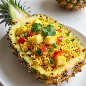 For a tasty Pineapple Fried Rice, gather these simple ingredients: - 2 cups cooked jasmine rice - 1 ripe pineapple - 1 cup mixed vegetables (like carrots, peas, and corn) - 1 red bell pepper - 3 green onions - 2 cloves garlic - 2 tablespoons soy sauce - 1 tablespoon sesame oil - 1 tablespoon olive oil - 2 large eggs - Salt and pepper to taste - Fresh cilantro for garnish Using day-old jasmine rice works best here. It gives the dish a great texture. Choose a ripe pineapple for a sweet taste. The mixed vegetables add color and nutrients. Red bell pepper adds a nice crunch. Green onions bring a fresh flavor. Garlic gives a lovely aroma. Soy sauce and sesame oil add depth to the dish. Olive oil is perfect for cooking. The eggs help bind everything together. Lastly, cilantro adds freshness as a garnish. {{ingredient_image_2}} To start, cut the ripe pineapple in half. Use a spoon or knife to scoop out the flesh. Be careful not to cut through the shell. Once you have the flesh out, chop it into small, bite-sized pieces. Set these aside and keep the hollowed halves for later. Next, grab a large skillet or wok. Heat olive oil over medium-high heat. After the oil gets hot, add minced garlic. Saut&eacute; it for about 30 seconds until it smells great. Watch closely so it doesn&rsquo;t brown. Now it&rsquo;s time for the veggies. Add mixed vegetables and diced red bell pepper to the skillet. Stir-fry for about 3 to 4 minutes until the veggies are tender. Push the veggies to one side of the skillet to make room. Pour the beaten eggs into the empty side. Scramble them until fully cooked, about 1 to 2 minutes. Mix the eggs into the veggies. Add the cooked jasmine rice and diced pineapple to the skillet. Pour in soy sauce and sesame oil. Mix everything well so the rice gets coated with the sauce. Heat it until everything is warm. Incorporate chopped green onions into the mix. Season with salt and pepper to your taste. Stir-fry everything for another 2 to 3 minutes. This makes the rice slightly crispy. When done, take the skillet off the heat. Spoon the fried rice into the hollowed-out pineapple halves. This makes a fun and colorful presentation. Using day-old jasmine rice is key. Fresh rice is too moist and sticky. Letting it cool overnight helps it dry out. This gives you a better texture for frying. The rice gets fluffy and won't clump together. It makes your dish light and easy to mix. Want more flavor? Try adding some garlic powder or ginger. A splash of fish sauce brings depth too. You can also add chili flakes for heat. If you like sweet, a touch of hoisin sauce works well. Taste as you go to find your perfect mix. A wok is best for stir-frying. It heats up fast and cooks evenly. The high sides help keep your food contained. If you don&rsquo;t have a wok, a large skillet works fine. Just make sure it has enough space for all your ingredients. The key is to keep everything moving for even cooking. Pro Tips Use Day-Old Rice: Using day-old jasmine rice gives the best texture for fried rice, preventing it from becoming mushy. Customize Your Veggies: Feel free to substitute or add other vegetables like bell peppers, snap peas, or broccoli based on your preference. Adjust Seasoning: Taste the dish as you cook and adjust the soy sauce and sesame oil to suit your taste for the perfect flavor balance. Garnish Generously: Don't skip the cilantro garnish; it adds freshness and enhances the tropical vibe of the dish. {{image_4}} You can make this dish vegetarian by using tofu instead of eggs. Start by pressing firm tofu to remove extra moisture. Cut it into small cubes. Saut&eacute; the tofu in olive oil until it gets golden. Add it to your vegetable mix. This adds protein and keeps it plant-based. You can also use chickpeas for a different texture. For those who need a gluten-free option, swap out soy sauce for tamari. Tamari has a similar taste but is made without wheat. You can also use coconut aminos, which is a great soy sauce alternative. Both options keep the dish flavorful and safe for gluten-free diets. Feel free to get creative with your add-ins. You can swap the mixed vegetables for what you have on hand. Broccoli, snap peas, or bell peppers all work well. You might also add proteins like shrimp or chicken for a heartier meal. Just remember to cook them before adding to the fried rice mixture. To keep your leftover pineapple fried rice fresh, use airtight containers. Wait for the rice to cool before packing. Store it in the fridge for up to three days. If you want to keep it longer, freezing is a great option. When reheating, the goal is to keep the texture and flavor. The best way is to use a skillet. Heat a little oil in the skillet. Add the rice and stir it often. You can also use the microwave. Just cover it with a damp paper towel to keep moisture. You can freeze pineapple fried rice for up to a month. First, let it cool completely. Scoop it into freezer bags, removing as much air as possible. When ready to eat, thaw it overnight in the fridge. Reheat it in a skillet or microwave. Enjoy the fresh taste even after freezing! Yes, you can use fresh pineapple. Fresh pineapple tastes sweeter and brighter. The texture is firmer, which adds a nice crunch. Canned pineapple is softer and can be juicier. If using canned, drain it well to avoid extra moisture in the dish. Both options work well, but fresh gives a better flavor punch. To add spice, you can include chopped chili peppers. Sriracha or chili sauce works too. Adding a dash of red pepper flakes gives heat without changing the flavor much. Start small and taste as you go. You can always add more heat, but it's hard to take it away. Yes, it is great for meal prep. You can make a big batch and store it. It stays fresh for up to four days in the fridge. Use airtight containers to keep it tasty. Reheat it in a skillet for the best texture. This dish tastes great for lunch or dinner. Many sides go well with Pineapple Fried Rice. A simple green salad adds freshness. Egg rolls or spring rolls provide a crunchy contrast. You can also serve it with grilled chicken or shrimp for protein. Each option complements the sweet and savory flavors of the rice. In this article, we explored making Pineapple Fried Rice, from selecting ingredients like jasmine rice and fresh pineapple to step-by-step cooking instructions. I shared tips for storing leftovers and adapting the dish to fit different diets. Remember, using day-old rice improves the texture. Feel free to experiment with add-ins and seasonings to suit your taste. Enjoy your delicious creation, and don&rsquo;t hesitate to make it your own!
