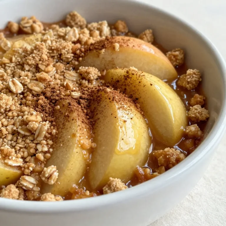 - 4 large Granny Smith apples, peeled, cored, and sliced - 1 tablespoon fresh lemon juice - 1 teaspoon ground cinnamon - 1/2 cup packed brown sugar - 1 cup rolled oats - 1/2 cup all-purpose flour - 1/3 cup granulated sugar - 1/2 cup unsalted butter, melted - 1/2 teaspoon salt - 1/2 teaspoon pure vanilla extract - Optional: Vanilla ice cream for serving For this cinnamon apple crumble, I like to use Granny Smith apples. They have a nice tartness that balances the sweetness. The lemon juice adds brightness, while the cinnamon gives warmth. You’ll mix brown sugar and granulated sugar for rich sweetness. The oats and flour create that delightful crumble topping. Melted unsalted butter brings it all together, giving the topping a nice texture. Salt enhances the flavors, while vanilla extract adds a hint of sweetness. If you want to make it extra special, serve it warm with vanilla ice cream. It’s a delicious combination! {{ingredient_image_2}} First, set your oven to 350°F (175°C). This heat will help the dish cook evenly. While the oven warms up, start prepping the apples. Use four large Granny Smith apples. Peel them, then core and slice them thinly. Thin slices cook better and soak up flavors well. In a big bowl, add your sliced apples. Squeeze one tablespoon of fresh lemon juice over them. The lemon juice will keep the apples fresh and bright. Next, sprinkle in one teaspoon of ground cinnamon and half a cup of packed brown sugar. Mix everything well. Make sure the apples are coated evenly with the spices and sugar. In another bowl, combine one cup of rolled oats, half a cup of all-purpose flour, and one-third cup of granulated sugar. Add half a teaspoon of salt for taste. Melt half a cup of unsalted butter and mix it in. Use your hands or a spoon to blend until the mixture feels crumbly. You want a texture that holds but is still loose enough to sprinkle. Now, take the apple mixture and spread it in a greased 9-inch baking dish. Make sure it is even across the bottom. Next, sprinkle the crumble topping over the apples. Cover them completely. Place the dish in the oven and bake for 30 to 35 minutes. Look for a golden brown top and bubbling apples. This shows your crumble is ready. After baking, let it cool for about 5-10 minutes before serving. This lets the flavors settle. Enjoy! For a great cinnamon apple crumble, choose tart apples. I recommend Granny Smith apples. They hold their shape and add a nice tang. Honeycrisp and Fuji apples also work well for sweetness. Store your apples in a cool, dark place before use. This keeps them crisp and fresh. You can change the sugar in the recipe to suit your taste. If you like it sweeter, add more brown sugar. For a less sweet option, cut back on the sugar. You can also use honey or maple syrup instead of sugar. These add a unique flavor, too. To keep the crumble topping from being soggy, mix the ingredients well. Make sure to use cold butter. This helps create a nice crunch. Bake the crumble until it is golden brown on top. This usually takes about 30-35 minutes. The apples should be soft and bubbly under the topping. Pro Tips Choose the Right Apples: Granny Smith apples are perfect for this recipe due to their tartness, which balances the sweetness of the crumble. Experiment with Spices: Feel free to add nutmeg or allspice for an extra layer of flavor that complements the cinnamon beautifully. Make it Ahead: Prepare the apple filling and crumble topping a day in advance, then assemble and bake just before serving for a fresh dessert. Serve Warm: Enjoy this crumble warm from the oven, paired with a scoop of vanilla ice cream for the ultimate comfort dessert experience. {{image_4}} You can easily adapt this recipe to meet different dietary needs. To make it gluten-free, simply swap the all-purpose flour for a gluten-free flour blend. This will keep the texture and taste while catering to those avoiding gluten. For a vegan version, replace the unsalted butter with coconut oil or a plant-based butter. Both options will maintain that rich, satisfying taste. Adding a handful of nuts can give your crumble a nice crunch. Walnuts or pecans work great. Dried fruits, like raisins or cranberries, add sweetness too. If you want to spice things up, try adding nutmeg or ginger. Just a pinch can bring a new depth to the flavors. This crumble is perfect warm. Pair it with a scoop of creamy vanilla ice cream. The cold ice cream melts into the warm crumble, creating a delightful mix. You can also serve it with whipped cream for a light touch. For something different, try it with yogurt or fresh cream. It makes a lovely breakfast treat or a sweet snack. To keep your cinnamon apple crumble fresh, store it in the fridge. Let it cool completely first. Use an airtight container for the best results. This helps keep the topping from getting soggy. You can also cover the dish with plastic wrap. You can reheat your crumble in two ways: the oven or the microwave. The oven is best for keeping the texture. Preheat your oven to 350°F (175°C). Place the crumble in the oven for about 10-15 minutes. This will make the topping crisp again. If you choose the microwave, heat it in short bursts. Start with 30 seconds and check if it’s warm enough. You can freeze the crumble if you have leftovers. To do this, let it cool and then place it in a freezer-safe container. Make sure to label it with the date. When you want to eat it, take it out and let it thaw in the fridge overnight. Reheat it in the oven for the best texture. You can tell if the crumble is done by looking at its color. The top should be a golden brown. The apples should be soft and bubbling. A good way to check is to poke the apples with a fork. If they are tender, it is ready. The internal temperature should reach about 200°F (93°C). This ensures that the apples are cooked well. Yes, you can use other fruits! Pears, peaches, or berries work well. Just make sure to adjust the sugar based on the fruit's sweetness. You can also mix different fruits. For example, combine apples and blueberries for a tasty twist. This gives you fun flavors and color. Your crumble can last about 3 to 4 days in the fridge. To store it, keep it in an airtight container. This helps it stay fresh. Look for signs of spoilage like a strange smell or mold. If you see these signs, it’s best to throw it away. Making a cinnamon apple crumble is easy and fun. We covered the best ingredients, from fresh apples to sweeteners and spices. You learned how to prepare the apples and make the perfect crumble topping. I shared tips for selecting apples and adjusting sweetness for your taste. You can even try variations to suit special diets or add unique flavors. Finally, proper storage ensures your leftovers stay fresh. Enjoy this tasty dessert!