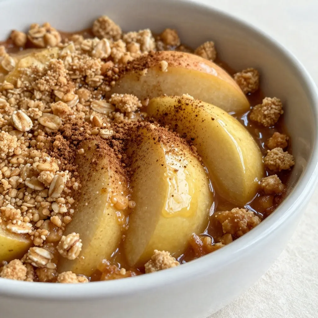 - 4 large Granny Smith apples, peeled, cored, and sliced - 1 tablespoon fresh lemon juice - 1 teaspoon ground cinnamon - 1/2 cup packed brown sugar - 1 cup rolled oats - 1/2 cup all-purpose flour - 1/3 cup granulated sugar - 1/2 cup unsalted butter, melted - 1/2 teaspoon salt - 1/2 teaspoon pure vanilla extract - Optional: Vanilla ice cream for serving For this cinnamon apple crumble, I like to use Granny Smith apples. They have a nice tartness that balances the sweetness. The lemon juice adds brightness, while the cinnamon gives warmth. You’ll mix brown sugar and granulated sugar for rich sweetness. The oats and flour create that delightful crumble topping. Melted unsalted butter brings it all together, giving the topping a nice texture. Salt enhances the flavors, while vanilla extract adds a hint of sweetness. If you want to make it extra special, serve it warm with vanilla ice cream. It’s a delicious combination! {{ingredient_image_2}} First, set your oven to 350°F (175°C). This heat will help the dish cook evenly. While the oven warms up, start prepping the apples. Use four large Granny Smith apples. Peel them, then core and slice them thinly. Thin slices cook better and soak up flavors well. In a big bowl, add your sliced apples. Squeeze one tablespoon of fresh lemon juice over them. The lemon juice will keep the apples fresh and bright. Next, sprinkle in one teaspoon of ground cinnamon and half a cup of packed brown sugar. Mix everything well. Make sure the apples are coated evenly with the spices and sugar. In another bowl, combine one cup of rolled oats, half a cup of all-purpose flour, and one-third cup of granulated sugar. Add half a teaspoon of salt for taste. Melt half a cup of unsalted butter and mix it in. Use your hands or a spoon to blend until the mixture feels crumbly. You want a texture that holds but is still loose enough to sprinkle. Now, take the apple mixture and spread it in a greased 9-inch baking dish. Make sure it is even across the bottom. Next, sprinkle the crumble topping over the apples. Cover them completely. Place the dish in the oven and bake for 30 to 35 minutes. Look for a golden brown top and bubbling apples. This shows your crumble is ready. After baking, let it cool for about 5-10 minutes before serving. This lets the flavors settle. Enjoy! For a great cinnamon apple crumble, choose tart apples. I recommend Granny Smith apples. They hold their shape and add a nice tang. Honeycrisp and Fuji apples also work well for sweetness. Store your apples in a cool, dark place before use. This keeps them crisp and fresh. You can change the sugar in the recipe to suit your taste. If you like it sweeter, add more brown sugar. For a less sweet option, cut back on the sugar. You can also use honey or maple syrup instead of sugar. These add a unique flavor, too. To keep the crumble topping from being soggy, mix the ingredients well. Make sure to use cold butter. This helps create a nice crunch. Bake the crumble until it is golden brown on top. This usually takes about 30-35 minutes. The apples should be soft and bubbly under the topping. Pro Tips Choose the Right Apples: Granny Smith apples are perfect for this recipe due to their tartness, which balances the sweetness of the crumble. Experiment with Spices: Feel free to add nutmeg or allspice for an extra layer of flavor that complements the cinnamon beautifully. Make it Ahead: Prepare the apple filling and crumble topping a day in advance, then assemble and bake just before serving for a fresh dessert. Serve Warm: Enjoy this crumble warm from the oven, paired with a scoop of vanilla ice cream for the ultimate comfort dessert experience. {{image_4}} You can easily adapt this recipe to meet different dietary needs. To make it gluten-free, simply swap the all-purpose flour for a gluten-free flour blend. This will keep the texture and taste while catering to those avoiding gluten. For a vegan version, replace the unsalted butter with coconut oil or a plant-based butter. Both options will maintain that rich, satisfying taste. Adding a handful of nuts can give your crumble a nice crunch. Walnuts or pecans work great. Dried fruits, like raisins or cranberries, add sweetness too. If you want to spice things up, try adding nutmeg or ginger. Just a pinch can bring a new depth to the flavors. This crumble is perfect warm. Pair it with a scoop of creamy vanilla ice cream. The cold ice cream melts into the warm crumble, creating a delightful mix. You can also serve it with whipped cream for a light touch. For something different, try it with yogurt or fresh cream. It makes a lovely breakfast treat or a sweet snack. To keep your cinnamon apple crumble fresh, store it in the fridge. Let it cool completely first. Use an airtight container for the best results. This helps keep the topping from getting soggy. You can also cover the dish with plastic wrap. You can reheat your crumble in two ways: the oven or the microwave. The oven is best for keeping the texture. Preheat your oven to 350°F (175°C). Place the crumble in the oven for about 10-15 minutes. This will make the topping crisp again. If you choose the microwave, heat it in short bursts. Start with 30 seconds and check if it’s warm enough. You can freeze the crumble if you have leftovers. To do this, let it cool and then place it in a freezer-safe container. Make sure to label it with the date. When you want to eat it, take it out and let it thaw in the fridge overnight. Reheat it in the oven for the best texture. You can tell if the crumble is done by looking at its color. The top should be a golden brown. The apples should be soft and bubbling. A good way to check is to poke the apples with a fork. If they are tender, it is ready. The internal temperature should reach about 200°F (93°C). This ensures that the apples are cooked well. Yes, you can use other fruits! Pears, peaches, or berries work well. Just make sure to adjust the sugar based on the fruit's sweetness. You can also mix different fruits. For example, combine apples and blueberries for a tasty twist. This gives you fun flavors and color. Your crumble can last about 3 to 4 days in the fridge. To store it, keep it in an airtight container. This helps it stay fresh. Look for signs of spoilage like a strange smell or mold. If you see these signs, it’s best to throw it away. Making a cinnamon apple crumble is easy and fun. We covered the best ingredients, from fresh apples to sweeteners and spices. You learned how to prepare the apples and make the perfect crumble topping. I shared tips for selecting apples and adjusting sweetness for your taste. You can even try variations to suit special diets or add unique flavors. Finally, proper storage ensures your leftovers stay fresh. Enjoy this tasty dessert!