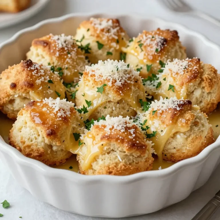To make Garlic Parmesan Monkey Bread, gather these key items: - 3 cans of refrigerated biscuit dough - 1/2 cup unsalted butter, melted - 4 cloves garlic, minced - 1 cup freshly grated Parmesan cheese - 2 teaspoons Italian seasoning - 1 teaspoon dried parsley - 1/2 teaspoon kosher salt - 1/4 teaspoon freshly ground black pepper You can add extra zest to your monkey bread with these ingredients: - 1/4 teaspoon crushed red pepper flakes (for heat) - Extra grated Parmesan for garnish - Fresh chopped parsley for color You can switch some ingredients if needed: - Use olive oil instead of unsalted butter for a lighter taste. - Swap Parmesan with Pecorino Romano for a sharper flavor. - If you don’t have Italian seasoning, use a mix of dried basil and oregano. - Use gluten-free biscuit dough for a gluten-free version. These options keep the dish tasty and flexible! {{ingredient_image_2}} First, set your oven to 350°F (175°C). This heat makes the bread rise well. Next, take a bundt pan and grease it. You can use cooking spray or softened butter. This step helps the bread come out easily later. Open the cans of biscuit dough. Use a knife to cut each biscuit into four pieces. This gives you tasty, bite-sized morsels. Make sure to keep them even for the best results. In a medium bowl, mix the melted butter with the minced garlic. Stir well so the garlic spreads through the butter. In another bowl, combine the grated Parmesan cheese, Italian seasoning, dried parsley, salt, black pepper, and crushed red pepper flakes (if you like some heat). Whisk until everything is well mixed. Take a piece of biscuit and dip it into the garlic butter. Make sure it gets fully coated. Let any extra butter drip off. Then, roll that piece in the cheese mixture. Make sure it is completely covered. Repeat this for all the biscuit pieces. After coating, layer the biscuit pieces in the greased bundt pan. Make sure they are arranged evenly. This step ensures an even bake and a nice pull-apart texture. Drizzle any leftover garlic butter over the layered biscuit pieces. This adds extra flavor. Now, place the bundt pan in the preheated oven. Bake for about 30-35 minutes. Look for a rich golden brown top. This signals that the dough is fully cooked. Once baked, take the pan out and let it cool for about 10 minutes. This helps the bread set. Carefully flip it onto a serving plate. Enjoy the sight as the delicious bread tumbles out. Serve it warm, adding extra grated Parmesan and a sprinkle of fresh parsley for color. For a fun touch, offer a side of marinara sauce for dipping! - Use Fresh Ingredients: Always choose fresh garlic and high-quality Parmesan cheese for the best taste. - Grease the Pan Well: A well-greased bundt pan prevents sticking. Use cooking spray or softened butter. - Cut Even Pieces: Cut the biscuit dough into equal quarters. This ensures even cooking and easy pulling apart. - Layer Carefully: Place the biscuit pieces in layers. This helps them bake evenly and creates a nice pull-apart effect. - Check the Bake: Keep an eye on the bread while it bakes. Look for a golden brown color to know it’s ready. - Skipping the Garlic Butter: Don’t skip the garlic butter! It adds essential flavor. - Overcrowding the Pan: Avoid packing the biscuit pieces too tightly. This can lead to uneven baking. - Not Drizzling Extra Butter: Always drizzle leftover garlic butter over the top before baking. It adds more flavor. - Not Letting it Cool: Give the bread some time to cool before flipping it. This helps it hold its shape. - Add Fresh Herbs: Mix in fresh basil or thyme for an extra flavor boost. - Include Cheese Variations: Try using mozzarella or cheddar for a different taste. - Spice it Up: Add jalapeños or extra crushed red pepper flakes for heat. - Serve with Dipping Sauces: Pair with marinara or garlic aioli for added flavor. Pro Tips Use Fresh Garlic: Freshly minced garlic will provide a more robust and vibrant flavor compared to pre-minced options, enhancing the overall taste of your monkey bread. Parmesan Quality Matters: Opt for freshly grated Parmesan cheese instead of pre-packaged to achieve a richer, creamier texture and deeper flavor in each bite. Adjust Seasoning: Feel free to tweak the seasoning based on your preference. Add more red pepper flakes for a spicy kick or extra dried herbs for a more aromatic profile. Let it Rest: Allow the monkey bread to cool for a few minutes before serving. This will help the pieces hold together better when you pull them apart. {{image_4}} You can switch up the cheese in your Garlic Parmesan Monkey Bread. Instead of Parmesan, try mozzarella for a gooey texture. Cheddar adds a sharp bite, while Gruyère offers a nutty flavor. Experiment with a mix of cheeses to find your favorite. Each type will change the taste and texture of the bread. Want to make your monkey bread heartier? Add veggies or meats! Chopped spinach or roasted red peppers can bring freshness. For meat lovers, consider adding cooked bacon or sausage. Just be sure to chop everything small, so it mixes well with the dough. This makes each bite full of flavor and fun. You can also play with flavors by making sweet versions. Swap garlic and cheese for cinnamon and sugar. Use brown sugar and a bit of vanilla for a dessert twist. Add fruits like apples or berries for a fruity touch. This way, your monkey bread can be a treat any time of day! To keep your Garlic Parmesan Monkey Bread fresh, let it cool completely first. After that, wrap it tightly in plastic wrap or store it in an airtight container. This method helps to lock in moisture and flavor. You can keep it in the fridge for up to three days. If you notice any dryness, just add a little butter before serving. When you’re ready to enjoy your leftovers, preheat your oven to 350°F (175°C). Place the monkey bread in an oven-safe dish and cover it with aluminum foil. Heat it for about 10-15 minutes or until warm. This method keeps the bread soft and tasty. If you prefer, you can microwave individual pieces for about 30 seconds. Just keep an eye on it to avoid overheating. If you want to store your Garlic Parmesan Monkey Bread for a longer time, freezing is a great option. First, wrap the cooled bread in plastic wrap, then place it in a freezer bag. Make sure to remove as much air as possible. You can freeze it for up to three months. When you want to eat it, thaw it in the fridge overnight and then reheat it in the oven as mentioned before. This way, you can savor that delicious flavor anytime! Yes, you can prepare it ahead of time. Make the dough and coat the pieces. Then, cover the bundt pan with plastic wrap and store it in the fridge. Bake it the next day. This saves time and makes for a quick snack or meal. Garlic Parmesan Monkey Bread is great on its own. However, it pairs well with marinara sauce for dipping. You can also serve it with a fresh salad or a bowl of soup. These sides add a nice balance to the meal. Check the color of the top. It should be a rich golden brown. You can also insert a toothpick into the center. If it comes out clean, the bread is done. This ensures that the dough is fully cooked. Yes, you can use other types of dough. Try using pizza dough or homemade bread dough. Each will give a different flavor and texture. Experiment to find your favorite style! You learned about the key ingredients for Garlic Parmesan Monkey Bread and how to prep them. I shared step-by-step instructions, tips, and possible variations to elevate your dish. Remember to store leftovers correctly for maximum freshness. This recipe is flexible; feel free to experiment with flavors. Whether sweet or savory, it’s sure to delight. Enjoy making this fun and tasty treat for your next gathering!