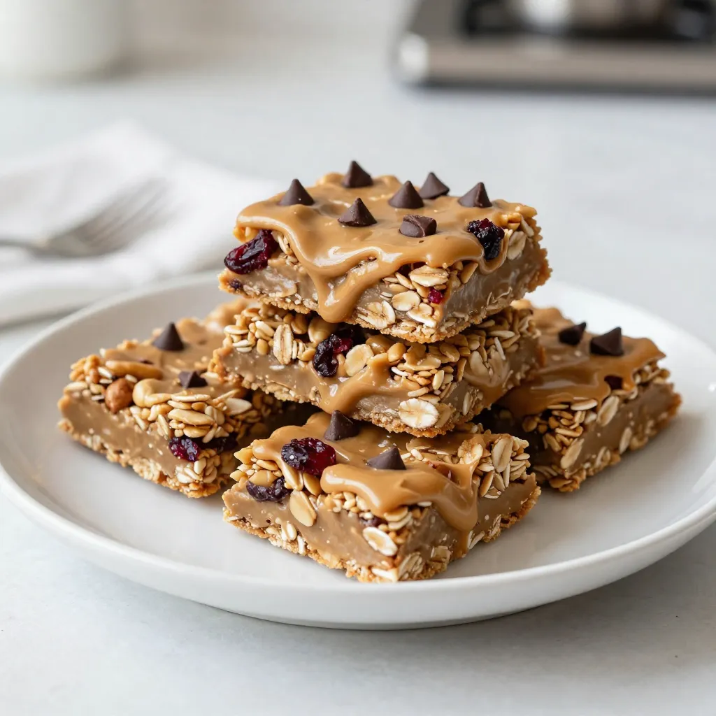 To make tasty peanut butter granola bars, you'll need a few key items: - 2 cups rolled oats - 1 cup unsweetened peanut butter - 1/2 cup honey or maple syrup - 1/2 cup chopped nuts (like almonds, walnuts, or pecans) - 1/4 teaspoon salt These ingredients form the base of your bars. The rolled oats provide fiber and texture. Peanut butter gives protein and a rich taste. Honey or maple syrup adds sweetness, while nuts give a satisfying crunch. You can customize your granola bars with fun add-ins, such as: - 1/4 cup mini chocolate chips (optional) - 1/4 cup dried fruit (like cranberries or raisins) - 1/2 teaspoon vanilla extract These extras can change the flavor and texture. Chocolate chips make them sweeter, while dried fruit adds a chewy bite. Here’s a look at the nutrition of some key ingredients: - Peanut Butter: Packed with protein and healthy fats. It helps keep you full. - Rolled Oats: A great source of fiber. It aids digestion and stabilizes blood sugar. - Honey/Maple Syrup: Natural sweeteners that provide quick energy. They have some vitamins too. - Chopped Nuts: Full of healthy fats, protein, and vitamins. They support heart health. These ingredients work together to make a healthy snack. You enjoy great taste while getting good nutrition. {{ingredient_image_2}} First, set your oven to 350°F (175°C). This step is key for a good bake. Next, take an 8x8 inch baking pan. Line it with parchment paper. Make sure the edges hang over the sides. This makes it easy to lift out the bars later. Grab a large mixing bowl. Add 2 cups of rolled oats. Then, toss in 1/2 cup of chopped nuts. You can use almonds, walnuts, or pecans. Lastly, sprinkle in 1/4 teaspoon of salt. Stir these ingredients well. You want an even mix for great flavor. Now, take a microwave-safe bowl. Add 1 cup of unsweetened peanut butter and 1/2 cup of honey or maple syrup. Microwave it for about 30 seconds. This helps it blend better. Stir until it’s smooth and creamy. This mix will add sweetness and richness. Pour the peanut butter mixture into the bowl with the dry ingredients. Add 1/2 teaspoon of vanilla extract for extra flavor. Mix everything together well. Make sure the oats and nuts are coated. If you like, fold in 1/4 cup of mini chocolate chips and 1/4 cup of dried fruit. Spread the mixture into your prepared pan. Use a spatula or your hands to press it down firmly. This keeps the bars from crumbling later. Place the pan in the oven. Bake for 20-25 minutes. Look for a golden brown edge. Once baked, take it out and let it cool for 10 minutes. Use the parchment paper to lift the granola out. Let it cool on a wire rack. When cool, cut it into squares or bars. Enjoy your tasty treat! For great texture, use rolled oats. They hold together well and add crunch. Press the mixture firmly into the baking pan. This step helps the bars stay intact. Bake until the edges are golden brown. This gives a nice crispy edge while keeping the center chewy. For extra crunch, add more nuts or choose larger nut pieces. Store your granola bars in an airtight container. This keeps them fresh and tasty. If they are exposed to air, they can become stale. Keep them in a cool, dry place. For longer storage, you can freeze them. Just wrap each bar in plastic wrap, then place them in a freezer bag. Thaw them whenever you want a quick snack. Arrange the bars in a neat stack on a plate. This makes them look appealing. Drizzle some melted peanut butter or chocolate on top. It adds an extra touch of sweetness. Serve them with fresh fruit or yogurt for a balanced snack. You can also cut the bars into fun shapes using cookie cutters. This makes them great for kids or parties. Pro Tips Use Fresh Ingredients: Always opt for fresh nuts and dried fruits to enhance the flavor and texture of your granola bars. Experiment with Flavors: Feel free to add spices like cinnamon or nutmeg for an extra kick of flavor or swap peanut butter for almond or cashew butter for a different taste. Press Firmly: Make sure to press the mixture firmly into the pan before baking to ensure that the bars hold together once cooled. Store Properly: Keep the granola bars in an airtight container at room temperature for up to a week, or refrigerate them for longer freshness. {{image_4}} You can swap honey for maple syrup for a different taste. Agave nectar also works great. If you want a low-calorie option, try using stevia or erythritol. These sweeteners keep your bars sweet without adding too many calories. For added flavor, consider adding spices like cinnamon or nutmeg. A pinch of sea salt can also enhance the sweetness. Mixing nuts and fruits can change up the taste of your granola bars. Try almonds, walnuts, or pecans for different textures. You can also use sunflower seeds or pumpkin seeds for a nut-free option. For fruits, you can add dried cranberries, raisins, or even chopped dates. The combinations are endless! If you want a quicker way to make granola bars, try no-bake versions. You mix the dry ingredients with the wet ones. Then, press the mixture into a pan and chill in the fridge. These bars are chewy and just as tasty. You can use the same ingredients as baked bars, just skip the oven! To keep your peanut butter granola bars fresh, use an airtight container. Place parchment paper between layers to prevent sticking. This method retains their crunch and flavor. Store them at room temperature for easy access. If you live in a warm area, keep them in the fridge. This helps them stay firm and tasty. Homemade granola bars typically last about one week at room temperature. In the fridge, they can last up to two weeks. If you see any signs of mold or strange smells, throw them away. Always check before snacking. Keeping your bars in the right conditions ensures they stay delicious. Freezing is a great way to store granola bars for later. Wrap each bar tightly in plastic wrap or foil. Place them in a freezer-safe bag or container. They can last up to three months in the freezer. When you want a snack, thaw them in the fridge overnight. This simple step makes sure your bars taste fresh and yummy! You can use maple syrup instead of honey. Maple syrup adds sweetness and a nice flavor. If you prefer, you can also use agave nectar. Just swap it in the same amount. The key is to keep a sticky sweetener to bind the bars together. Yes! You can use almond butter, cashew butter, or sunflower seed butter. Each nut butter will give a unique flavor. Just make sure to choose a smooth variety for the best texture. Keep in mind that the taste will change with the nut butter you pick. Baked granola bars are cooked, which makes them crunchy and firm. No-bake bars are softer and chewy. They hold together from the sticky ingredients without heat. You can choose based on your taste preference and time. Yes, granola bars can be healthy snacks! They are packed with oats, nuts, and seeds. These ingredients provide fiber and protein. Just watch out for added sugars and fats in some store-bought versions. Making them at home lets you control the ingredients. Making peanut butter granola bars is easy and fun. You learned about key ingredients, baking steps, and tips for texture and freshness. With several variations, you can customize the bars to fit your taste. Proper storage ensures they stay fresh longer. This treat can be healthy and delicious. Now, it's time for you to create your own version. Enjoy the process and the tasty outcome!