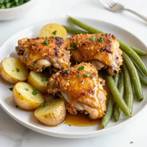 - 4 chicken thighs, skin-on and bone-in - 2 tablespoons of honey - 2 tablespoons of Dijon mustard - 2 tablespoons of olive oil - 1 teaspoon of garlic powder - 1 teaspoon of onion powder - Salt and freshly ground black pepper, to taste - 1 pound of baby potatoes, halved - 1 cup of green beans, trimmed The chicken thighs are the star of this dish. Their skin adds rich flavor and crispiness. Honey and mustard create a sweet and tangy marinade. Olive oil keeps the chicken moist. Garlic and onion powders add depth to the taste. Baby potatoes and green beans cook alongside the chicken, soaking up the delicious flavors. - Lemon juice for brightness - Paprika for a smoky touch - Fresh herbs like thyme or rosemary Adding lemon juice can brighten up the dish. Paprika gives a nice smoky flavor. Fresh herbs can enhance the overall taste and aroma. Feel free to mix and match these options to your liking. - Fresh parsley, chopped - Lemon wedges Chopped parsley adds a pop of color and freshness. Lemon wedges can brighten the dish even more when served. These simple garnishes make your meal look and taste even better. Enjoy your Honey Mustard Sheet Pan Chicken! {{ingredient_image_2}} Start by gathering your ingredients. You need honey, Dijon mustard, olive oil, garlic powder, onion powder, salt, and pepper. In a medium bowl, mix together: - 2 tablespoons of honey - 2 tablespoons of Dijon mustard - 2 tablespoons of olive oil - 1 teaspoon of garlic powder - 1 teaspoon of onion powder - Salt and freshly ground black pepper to taste Whisk these until smooth. This marinade adds a sweet and tangy flavor to the chicken. Take your chicken thighs and place them in a large resealable bag or a shallow dish. Pour half of your honey mustard marinade over the chicken. Make sure each piece is well-coated. Seal the bag or cover the dish with plastic wrap. Let the chicken marinate in the fridge for at least 30 minutes. If you have time, marinate for up to 2 hours. This helps deepen the flavors. Preheat your oven to 425&deg;F (220&deg;C). While the chicken marinates, prepare the veggies. Take 1 pound of baby potatoes and halve them. Trim 1 cup of green beans. In a separate bowl, add the veggies and pour the remaining marinade over them. Toss until coated evenly. Line a large sheet pan with parchment paper to help with clean-up. Place the marinated chicken thighs skin-side up on one side of the pan. Spread the marinated potatoes and green beans on the other side. Make sure everything is in a single layer for even cooking. Bake the pan in the preheated oven for 30-35 minutes. The chicken should reach an internal temperature of 165&deg;F (75&deg;C) and have crispy skin. The vegetables will be tender and slightly caramelized. After baking, let the dish rest for a few minutes. Garnish with fresh chopped parsley before serving for a pop of color. Enjoy! To make sure your chicken cooks just right, follow a few steps. First, always start with chicken thighs that have skin and bones. They stay juicy and flavorful. Next, marinate the chicken for at least 30 minutes. If you have time, let it sit for up to 2 hours. This brings out the best taste. When cooking, ensure the oven is preheated to 425&deg;F. This high heat helps the skin get crispy. Use a meat thermometer to check that the chicken reaches 165&deg;F. This way, you know it&rsquo;s safe to eat. For great veggies, keep these tips in mind. Cut the baby potatoes in half to help them cook evenly. Make sure the green beans are trimmed well. Toss the veggies with the leftover marinade. This adds flavor and helps them cook nicely. When placing the food on the sheet pan, arrange the veggies in a single layer. This allows hot air to circulate and cook them evenly. If you crowd the pan, some veggies may cook slower than others. Using the right tools makes cooking easier. Here&rsquo;s what I recommend. Get a large sheet pan, preferably rimmed, to keep everything in place. Lining it with parchment paper helps with cleanup. A good meat thermometer is key for checking chicken doneness. A mixing bowl is useful for combining your marinade and tossing the veggies. Lastly, have a pair of tongs handy. They help with flipping chicken and serving the dish. With these tools, you&rsquo;ll set yourself up for success! Pro Tips Marinate Longer for Flavor: For the best flavor, marinate the chicken thighs for up to 2 hours instead of 30 minutes. This allows the marinade to penetrate deeper into the meat. Use Fresh Herbs: Fresh parsley is a great garnish, but consider adding other fresh herbs like thyme or rosemary to enhance the flavor profile of your dish. Check Vegetable Doneness: The cooking time may vary based on the size of the potato halves. Make sure to check the potatoes for doneness by piercing them with a fork; they should be tender. Rest Before Serving: Allow the chicken to rest for a few minutes after baking. This helps the juices redistribute, resulting in juicier chicken when served. {{image_4}} You can switch up the chicken in this recipe. Try using pork chops or turkey thighs. Both work well with the honey mustard flavor. If you prefer seafood, salmon fillets are a great choice too. They cook quickly and soak up the marinade nicely. Just remember to adjust the cooking time based on the protein you choose. Vegetables can change with the seasons. In spring, add asparagus or baby carrots. In summer, zucchini and bell peppers shine. Fall brings squash and Brussels sprouts. Winter is perfect for root veggies like parsnips and turnips. Each vegetable adds a unique taste and texture to your dish. Feel free to mix and match based on what's fresh at the market. While honey mustard is delicious, other flavors can be fun too. Try BBQ sauce for a smoky flavor. Or use teriyaki sauce for an Asian twist. If you love spice, add sriracha to your marinade. You can even try a simple lemon herb mix with olive oil, lemon juice, and your favorite herbs. Each variation keeps the dish exciting and new. After enjoying your Honey Mustard Sheet Pan Chicken, store any leftovers right away. Place the chicken, potatoes, and green beans in an airtight container. This keeps them fresh and safe to eat. Make sure to let the food cool to room temperature before sealing. Store them in the fridge for up to three days. When you&rsquo;re ready to enjoy the leftovers, preheat your oven to 350&deg;F (175&deg;C). Place the chicken and veggies on a baking sheet. Cover them with foil to keep moisture in. Heat for about 15-20 minutes or until warmed through. You can also use a microwave if you&rsquo;re short on time. Heat in short bursts, stirring in between to ensure even warming. If you want to save your Honey Mustard Sheet Pan Chicken for later, freezing is a great option. First, let the dish cool completely. Then, wrap each portion tightly in plastic wrap and place it in a freezer-safe bag. Make sure to label it with the date. Frozen leftovers can last up to three months. When you&rsquo;re ready to eat, thaw them in the fridge overnight before reheating. Yes, you can use boneless chicken. Boneless chicken will cook faster. Adjust the cooking time to about 20-25 minutes. Check the internal temperature. It should reach 165&deg;F (75&deg;C) for safety. Boneless chicken thighs stay juicy and tender. They work well with this sweet and tangy marinade. I love serving this dish with a fresh salad. A light green salad pairs well. You can also add rice or quinoa for a filling side. Roasted veggies make a great addition too. Feel free to use your favorite sides to complete the meal. To make this dish healthier, use skinless chicken thighs. You can reduce the amount of honey in the marinade as well. Swap baby potatoes for sweet potatoes or cauliflower. Add more green beans or other veggies to increase fiber. This keeps the dish tasty while lowering calories. This blog post outlined a simple recipe for Honey Mustard Sheet Pan Chicken. We covered the key ingredients, tips for cooking, and storage methods. You learned how to prepare a tasty marinade and keep your chicken and veggies perfectly cooked. I shared variations to try different proteins and vegetables. Remember, this dish is easy and fun to make. It&rsquo;s a great way to enjoy healthy meals with minimal cleanup. Use these tips to enhance your meal prep and impress your friends and family. Happy cooking!