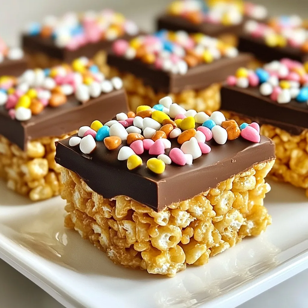 - 4 cups Rice Krispies cereal - 5 tablespoons unsalted butter - 10 oz marshmallows (mini or regular) - 1 teaspoon vanilla extract - 8 oz semi-sweet chocolate chips - 1 cup sprinkles or crushed nuts (optional for topping) - Large saucepan - Spatula - 9x13 inch baking dish - Microwave-safe bowl - Parchment paper When making chocolate covered Rice Krispie treats, you need basic ingredients. The Rice Krispies give the snack its crunch. Butter and marshmallows create a sweet, gooey mixture. The vanilla adds a lovely flavor. For the chocolate, semi-sweet chips work best. You can use sprinkles or nuts for fun toppings. Having the right tools is just as important as the ingredients. The large saucepan is perfect for melting butter and marshmallows. A spatula helps mix everything well. Use a microwave-safe bowl to melt the chocolate smoothly. The 9x13 inch baking dish sets the treats nicely. Lining it with parchment paper makes it easy to remove the treats later. With these ingredients and tools, you are ready to make a sweet delight! {{ingredient_image_2}} - Begin with low heat to melt 5 tablespoons of unsalted butter. - Add 10 oz of marshmallows and stir until smooth. Melting butter and marshmallows is the first step. Use a large saucepan and watch closely. If the heat is too high, the butter can burn. Stir as the marshmallows soften. You want a gooey mixture. - Combine melted marshmallow mixture with 4 cups of Rice Krispies. - Press mixture into a greased dish and allow to set. Next, pour the melted marshmallow mix over the Rice Krispies. Fold gently. You want every piece coated but not crushed. Once mixed, transfer it to a greased 9x13 inch baking dish. Press down firmly. Let it cool for about 30 minutes to set. - Melt 8 oz of semi-sweet chocolate chips in a microwave-safe bowl. - Dip treats in chocolate and add toppings before setting. After your treats have set, cut them into squares. Next, melt the chocolate chips in 30-second bursts. Stir in between until smooth. Dip half of each treat into the warm chocolate. Place them on parchment paper. Add sprinkles or nuts while the chocolate is warm. Let them cool completely to harden. To make great Rice Krispie treats, you need to melt butter and marshmallows slowly. Start with low heat. This helps to stop burning. Stir the butter often as it melts. Once it is melted, add the marshmallows. Stir until they become smooth and gooey. When you mix in the Rice Krispies, fold gently. This keeps the cereal from crushing. You want all the pieces to stay crispy. If you mix too hard, the treats will be tough. Melting chocolate can be simple if done right. Use a microwave-safe bowl and add your chocolate chips. Heat in 30-second bursts. Stir after each round. This helps the chocolate melt evenly and smoothly. You can use different types of chocolate. Semi-sweet chocolate gives a rich taste. If you want something sweeter, try milk chocolate. For a fun twist, use white chocolate. Each type can change the flavor of your treats. How you serve your treats can make a big difference. Use a decorative platter for a nice touch. You can also drizzle leftover chocolate over the top. This adds a fun and fancy look. Pair these treats with drinks for a tasty snack. Milk is a classic choice. You can also serve them with coffee or hot chocolate. This makes a great treat for any gathering. Pro Tips Use Fresh Ingredients: Always opt for fresh marshmallows and high-quality chocolate chips for the best flavor and texture in your treats. Customize Your Toppings: Feel free to experiment with different types of toppings like crushed cookies, mini M&Ms, or even drizzled caramel for a unique twist. Grease for Easy Removal: Lightly grease your hands or spatula when pressing the mixture into the baking dish to prevent sticking and to ensure easy removal later. Storage Tips: Store the finished treats in an airtight container at room temperature to keep them fresh and chewy for longer. {{image_4}} You can easily change the taste of your treats. Try using flavored marshmallows like strawberry or even mint. This small swap adds a fun twist. Using different cereals can also change the texture. You could use Cocoa Krispies for a chocolatey bite or Corn Pops for an extra crunch. Each option brings a new experience to your snack. Toppings can take your treats to the next level. Use colorful sprinkles for a fun look. You can also add chopped nuts for crunch. Coconut flakes add a tropical vibe. For holidays, think about using themed toppings. Red and green sprinkles for Christmas or pastel colors for Easter brighten your treats. The type of chocolate you use can change the flavor. Dark chocolate gives a rich taste, while white chocolate adds sweetness. You can also use chocolate melts or almond bark. These options melt smoothly and set well, making them easy to use for dipping. Each choice offers a unique twist on your chocolate-covered treats. To keep your Rice Krispie treats fresh, store them in an airtight container. This helps maintain their chewy texture. Place parchment paper between layers to prevent sticking. For best results, keep them at room temperature. Avoid the fridge, as cold air can make them hard. To prevent treats from becoming stale, make sure the container is sealed well. If you notice them getting dry, you can add a slice of bread inside the container. The bread keeps the treats soft and fresh. For long-term storage, you can freeze Rice Krispie treats. First, allow the treats to cool completely. Then, cut them into squares. Wrap each square tightly in plastic wrap. Place them in a freezer-safe bag or container. This keeps them fresh for up to three months. When you're ready to enjoy them, thaw the treats in the fridge overnight. For a quicker option, leave them out at room temperature for an hour. This method helps keep their texture soft and tasty. Chocolate covered Rice Krispie treats last about one week at room temperature. Store them in an airtight container to keep them fresh. If you want to enjoy them longer, you can freeze them. Just wrap each treat in plastic wrap and place them in a freezer bag. They will stay good for up to three months in the freezer. Yes, you can use gluten-free Rice Krispies. Many brands offer gluten-free options. Just check the label to ensure it's safe for your diet. This is a great way to enjoy these treats without worrying about gluten. If your chocolate seizes, don’t panic. You can fix it by adding a small amount of vegetable oil or cocoa butter. Stir it in slowly until the chocolate becomes smooth again. Make sure not to add too much liquid, as that can make it worse. Absolutely! You can use sprinkles, crushed cookies, or even shredded coconut. These options add fun textures and flavors without any nuts. Just make sure to check that they are nut-free if allergies are a concern. You learned how to make tasty chocolate-covered Rice Krispie treats. We covered all essential ingredients and kitchen tools needed. You now know how to melt the butter, mix in Rice Krispies, and coat them in chocolate. Remember, gentle folding helps keep your treats crisp. Also, feel free to get creative with flavors and toppings. Store leftovers properly for best freshness. Enjoy your treats with family and friends, and don't hesitate to try new variations. Happy cooking!