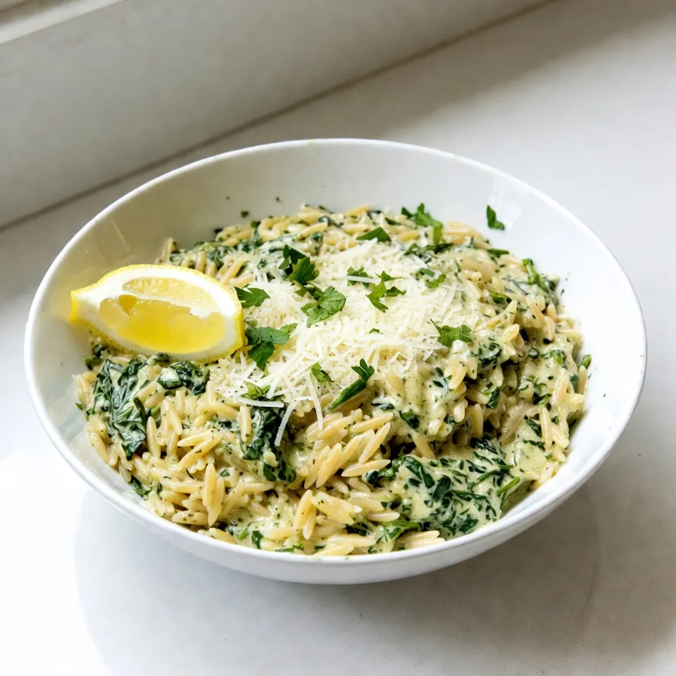 - 1 cup orzo pasta - 2 cups vegetable broth - 1 cup fresh spinach, chopped - 1 cup heavy cream or coconut cream - 1 medium onion, finely chopped - 2 cloves garlic, minced - Salt and pepper to taste - Zest and juice of 1 lemon - 1/2 cup grated Parmesan cheese or nutritional yeast - Fresh parsley, chopped, for garnish - Olive oil for cooking In this dish, the main ingredients shine with their rich flavors. The orzo pasta serves as the base, bringing a nice texture. Vegetable broth adds depth, while fresh spinach brings a burst of color and nutrients. The cream gives it a luscious finish. The aromatics play a key role too. The onion and garlic create a strong flavor base. A touch of salt and pepper adds balance. The lemon zest and juice bring brightness, lifting the whole dish. For toppings, I recommend using Parmesan cheese for a savory kick. If you're vegan, nutritional yeast works well too. Fresh parsley not only adds flavor but also makes it look appealing. A drizzle of olive oil enhances the taste and makes the dish richer. Getting the right ingredients is the first step to making a great One-Pot Creamy Spinach Orzo. Each element adds to the final result, creating a meal that is both comforting and delicious. {{ingredient_image_2}} 1. First, heat one tablespoon of olive oil in a large pot over medium heat. 2. Once the oil is shimmering, add one finely chopped onion. Sauté it for about three to four minutes. You want it soft and translucent. 3. Next, stir in two cloves of minced garlic. Cook for one minute, stirring often to avoid burning. 4. Now, add one cup of orzo pasta to the pot. Stir well to coat the orzo with olive oil and mix it with the onion and garlic. 1. Carefully pour in two cups of vegetable broth. Bring the mixture to a gentle simmer. 2. Reduce the heat to low, cover the pot, and cook for ten to twelve minutes. Check until the orzo is al dente and most of the liquid is absorbed. 1. After the orzo cooks, add one cup of chopped spinach and one cup of heavy cream. Stir well until the spinach wilts and the dish turns creamy. This should take about three to five minutes. 2. Remove the pot from heat. Stir in half a cup of grated Parmesan cheese, the zest of one lemon, and the juice of half a lemon. 3. Season with salt and pepper to taste. If the mixture is too thick, add more vegetable broth or cream until you reach the right consistency. - Always taste your dish while cooking. Adjust salt and pepper as needed. - Be careful not to overcook the orzo. It should be al dente, or firm to the bite. - Stir the orzo often while it cooks. This helps it cook evenly and prevents sticking. - Serve the creamy orzo in individual bowls for a nice touch. - Top each bowl with fresh parsley. This adds color and flavor. - Place a lemon wedge on the side. A squeeze of lemon brightens the dish. - If the orzo is too thick, add more vegetable broth or cream. - Stir in small amounts at a time until you reach your desired creaminess. - Always taste your dish again after adjustments. This ensures the flavors are just right. Pro Tips Choose Your Cream Wisely: For a lighter dish, opt for coconut cream as a dairy-free alternative. It adds a subtle sweetness that complements the spinach well. Customize Your Greens: Feel free to mix in other greens like kale or Swiss chard for added nutrition and flavor variations. Perfecting the Consistency: If the orzo becomes too thick, incrementally add more vegetable broth or cream until you reach your desired creaminess. Don't Skip the Lemon: The zest and juice of lemon brighten the dish significantly, so be generous with it for a fresh finish! {{image_4}} You can make this dish lighter by swapping heavy cream with dairy-free options. Coconut cream works great here. It adds a nice touch of flavor and keeps it creamy. Also, try using whole wheat orzo. It packs more nutrients and fiber, making your meal healthier. Want to jazz up your dish? Add sun-dried tomatoes or roasted red peppers for a burst of flavor. These ingredients add a nice sweetness and depth. You can also play with different cheeses. Feta or goat cheese can change the dish's taste and add richness. If you want more protein, consider adding cooked chicken or shrimp. These will make it heartier and more filling. For a vegetarian option, toss in some chickpeas. They are a great source of protein and blend well with the creamy orzo. To store your leftovers, place them in an airtight container. This helps keep the orzo fresh. You can keep it in the fridge for up to three days. To enjoy the best taste, try to eat it within that time. Before serving, check for any signs of spoilage. You can freeze the dish for later use. First, let it cool completely. Then, transfer the orzo into freezer-safe bags or containers. Squeeze out as much air as you can. This helps prevent freezer burn. It will keep well for up to three months. When you're ready to eat, thaw it overnight in the fridge. Reheat it gently on the stove or in the microwave. Add a splash of broth or cream to keep it creamy. After storage, your creamy orzo may seem thick. To revive its creaminess, stir in a little vegetable broth or cream while reheating. This helps bring back the smooth texture. To prevent clumping during storage, stir the orzo well before placing it in the fridge. This keeps it from sticking together. Always check the consistency before serving, and adjust as needed. Yes, you can make this dish vegan! Use coconut cream instead of heavy cream. For cheese, swap out Parmesan for nutritional yeast. This keeps the dish creamy and adds great flavor. To adjust the recipe, simply halve or double the ingredients. If you want to serve two, use: - 1/2 cup orzo - 1 cup vegetable broth - 1/2 cup fresh spinach - 1/2 cup coconut cream This way, you keep the same taste and texture. Yes, you can use other types of pasta. Try small shapes like ditalini or small shells. If using a different pasta, check the cooking time on the package. Adjust the broth amount if needed. This dish pairs well with a simple side salad. A fresh green salad with lemon vinaigrette works great. You can also serve it with garlic bread for extra flavor. Enjoy! This blog covered how to make a delicious one-pot creamy spinach orzo. I shared easy ingredients, cooking steps, and helpful tips. You learned how to adjust flavors and add proteins, making this dish versatile. Remember, cooking should be fun and simple. Make this dish your own by trying new ingredients. You can enjoy it fresh or store it for later. Embrace the flavors and enjoy every bite!