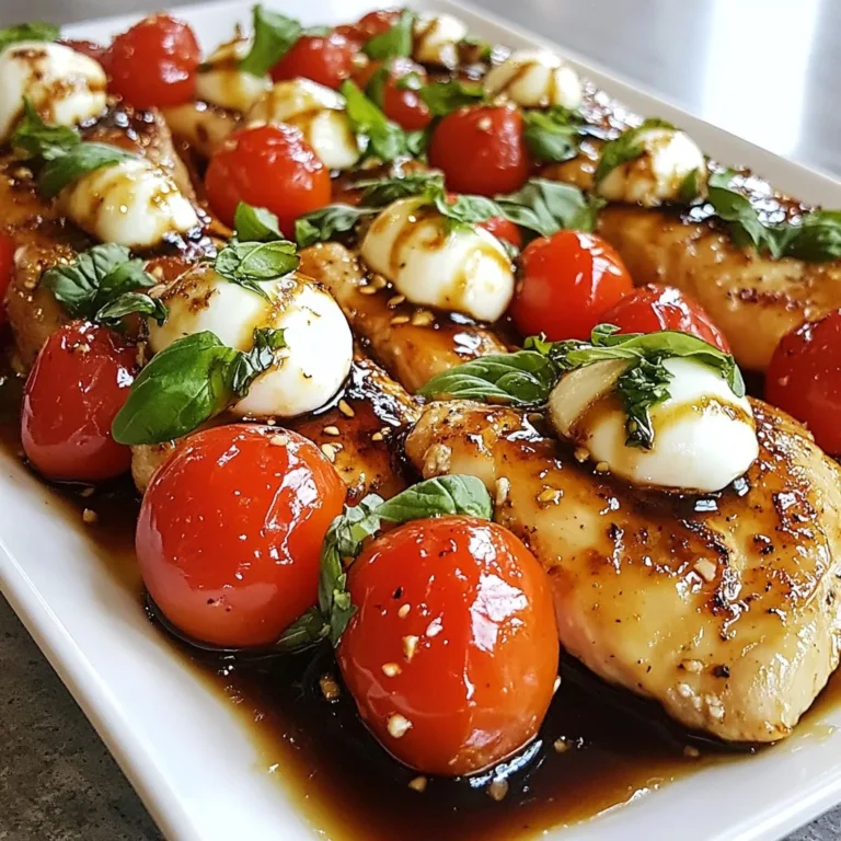 - 4 boneless, skinless chicken breasts - 1 cup cherry tomatoes, halved - 1 cup fresh mozzarella balls (bocconcini) - 1/4 cup fresh basil leaves, finely sliced - 1/2 cup balsamic vinegar - 2 tablespoons honey - 2 tablespoons extra virgin olive oil - Salt and freshly ground black pepper to taste - 1 teaspoon garlic powder - 1 teaspoon onion powder You can add more veggies to boost flavor and nutrition. Consider these options: - Spinach or arugula for a fresh touch - Bell peppers for sweetness - Avocado for creaminess If you can't find certain items, don’t worry! Here are some easy swaps: - Chicken thighs instead of breasts for juiciness - Grape tomatoes instead of cherry tomatoes - Goat cheese or feta instead of mozzarella - Maple syrup instead of honey for sweetness {{ingredient_image_2}} Start by seasoning each chicken breast. Use salt, freshly ground black pepper, garlic powder, and onion powder. This adds great flavor. Make sure to coat both sides well. Set the seasoned chicken aside while you heat your pan. Heat a large skillet over medium-high heat. Pour in the extra virgin olive oil. Wait until the oil shimmers, then add the chicken breasts. Sear them for about 6-7 minutes on each side. You want a golden-brown crust. Check that the chicken reaches 165°F (75°C) inside. Once done, take the chicken out and keep it warm on a plate. In the same skillet, pour in the balsamic vinegar and honey. Stir gently to mix. Bring this mixture to a gentle simmer over medium heat. Cook it for about 5-7 minutes. Stir occasionally. The glaze will thicken and become syrupy. Reduce the heat to low. Add the halved cherry tomatoes and fresh mozzarella balls to the skillet. Toss these gently in the glaze. Cook for an extra 2-3 minutes. You want the tomatoes to soften and the mozzarella to melt a bit. This creates a lovely blend of textures. Return the cooked chicken to the skillet. Spoon the balsamic glaze over each piece. Let it warm together for about one minute. Remove from heat and sprinkle the fresh basil on top. This adds a bright, fresh scent and flavor. For a beautiful presentation, serve the chicken on a large platter. Spoon the tomato and mozzarella mix over the chicken. Garnish with more basil and drizzle any remaining glaze on top. Enjoy this delightful dinner! To make the best chicken, start with good seasoning. Use salt, pepper, garlic powder, and onion powder. This mix gives the chicken a tasty kick. Always let your skillet heat well before adding the chicken. I recommend about 6-7 minutes on each side. This timing helps create a nice golden crust. Check the internal temperature to ensure it reaches 165°F (75°C). This step keeps your chicken juicy and safe to eat. To create the perfect balsamic glaze, use high-quality balsamic vinegar. Mix it with honey in the same skillet you used for the chicken. This adds flavor from the chicken drippings. Bring the mixture to a gentle simmer. Stir occasionally and let it cook for 5-7 minutes. You want it to thicken and become syrupy. This glaze adds a sweet and tangy finish to the dish. For a stunning presentation, use a large serving platter. Place the glazed chicken in the center. Spoon the roasted tomatoes and mozzarella over the top. This adds color and texture. Garnish with fresh basil leaves for a vibrant look. Drizzle any remaining balsamic glaze on top for that extra flair. A beautiful plate makes every meal more enjoyable. Pro Tips Rest the Chicken: After cooking, let the chicken rest for a few minutes before slicing. This allows the juices to redistribute, keeping the meat moist and flavorful. Use Quality Balsamic: Select a high-quality balsamic vinegar for the glaze. It will enhance the flavor and add depth to the dish. Fresh Ingredients Matter: Opt for fresh mozzarella and ripe cherry tomatoes for the best taste and texture. Fresh ingredients elevate the overall dish. Customize the Glaze: Feel free to add herbs or spices to the balsamic glaze for a personalized touch. Thyme or oregano can complement the flavors beautifully. {{image_4}} You can make this dish vegetarian. Swap out the chicken for thick slices of eggplant or zucchini. Grill or roast the veggies until tender. This gives you a great base. The balsamic glaze and toppings work well with these veggies. You’ll still enjoy the same rich flavors. Fresh mozzarella is classic, but you can switch it up. Try feta cheese for a tangy kick. Goat cheese also adds a creamy texture and flavor. If you want something sharp, use aged cheddar. Each cheese brings a new taste. Experiment to find your favorite! Want to add more flavor? Try adding some red pepper flakes for heat. Fresh herbs like thyme or oregano can boost the dish too. A splash of lemon juice adds brightness. You can also try a dash of balsamic reduction for a sweeter touch. These small tweaks can really elevate your meal! Store any leftover balsamic glazed caprese chicken in an airtight container. Make sure to cool the chicken to room temperature first. This way, it stays fresh longer. Place it in the fridge. It will last for about 3 to 4 days. If you want to keep it longer, consider freezing. To reheat, take the leftovers out of the fridge. You can warm them in the oven or microwave. For the oven, preheat it to 350°F (175°C). Place the chicken in a baking dish, cover it with foil, and heat for about 15-20 minutes. For the microwave, heat on medium power for 1-2 minutes at a time until warmed through. You can freeze balsamic glazed caprese chicken for up to three months. Wrap each piece tightly in plastic wrap, then place them in a freezer-safe bag. Label the bag with the date. When you’re ready to eat, thaw in the fridge overnight. After thawing, reheat as described above. This keeps the flavors intact and makes for an easy meal later. Balsamic Glazed Caprese Chicken is a tasty dish. It features chicken breasts topped with a sweet and tangy balsamic glaze. The glaze comes from balsamic vinegar and honey. Cherry tomatoes and fresh mozzarella add color and flavor. Basil gives it a fresh finish. This dish is simple yet elegant, perfect for any dinner. Yes, you can use chicken thighs. They add a rich flavor and are juicier than breasts. Cook them the same way as breasts. Make sure they reach an internal temperature of 165°F (75°C). Adjust cooking time slightly if needed, as thighs may take longer to cook. To add some heat, try these options: - Red pepper flakes: Sprinkle them in the balsamic glaze. - Hot sauce: Mix a few drops into the glaze. - Spicy seasonings: Use a spicy chicken rub instead of regular seasonings. These additions will give your dish a nice kick without overpowering the flavors. Balsamic Glazed Caprese Chicken pairs well with: - Garlic bread: A great side for soaking up the glaze. - Salad: A fresh green salad adds crunch and balance. - Rice or quinoa: These grains can help absorb flavors. - Pasta: A light pasta dish can complement the meal nicely. These sides will make your dinner even more enjoyable. This article covers how to make a delicious Balsamic Glazed Caprese Chicken. We looked at the needed ingredients, optional add-ins, and substitutions. The step-by-step instructions showed how to prepare and sear the chicken, make the glaze, and combine it all for a tasty finish. I shared tips for perfect cooking and presentation. For fun, we explored variations like vegetarian options and flavor boosts. Finally, we discussed storage and reheating methods. Try this recipe and enjoy a fantastic meal that fits many tastes. You'll impress your guests with your cooking skills!