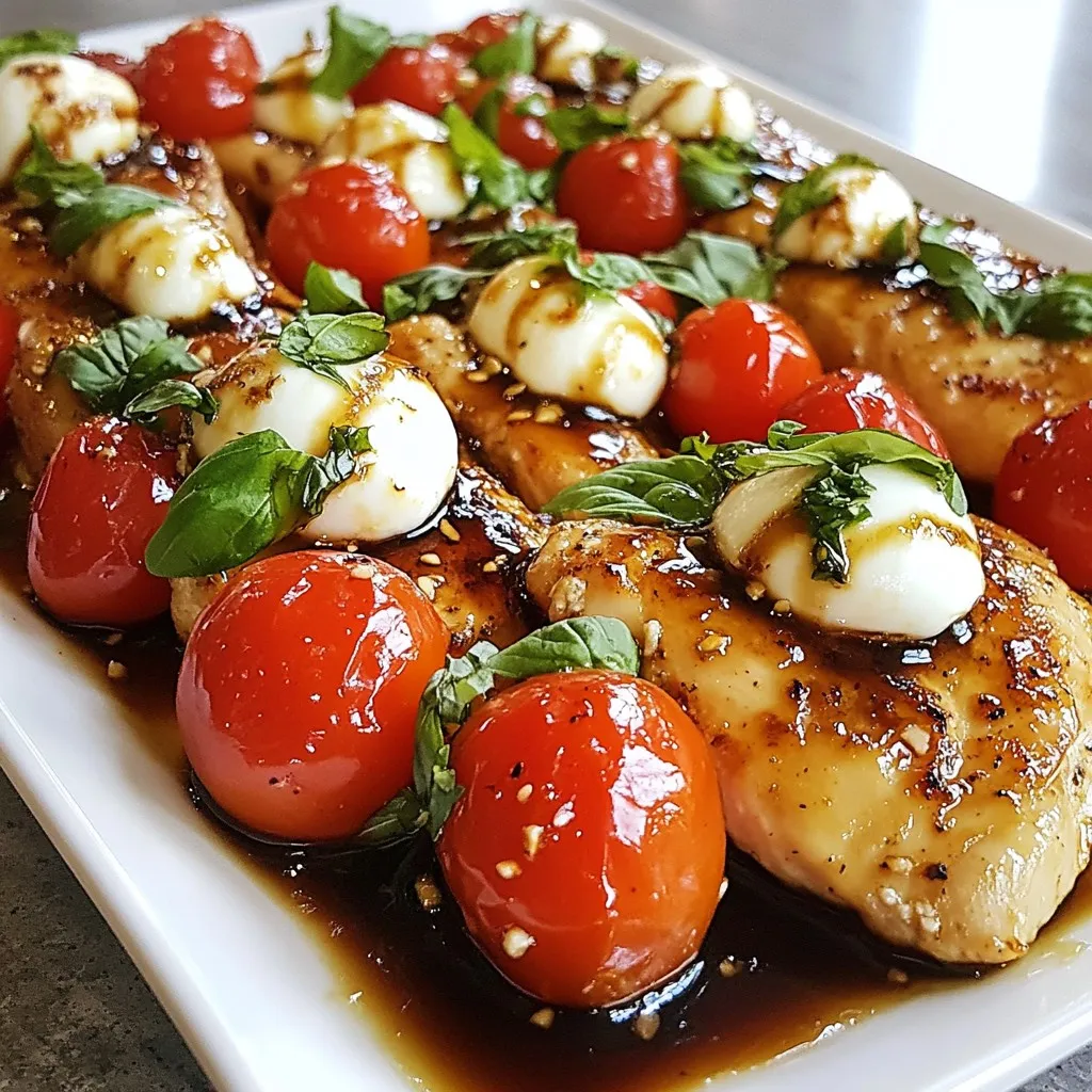 - 4 boneless, skinless chicken breasts - 1 cup cherry tomatoes, halved - 1 cup fresh mozzarella balls (bocconcini) - 1/4 cup fresh basil leaves, finely sliced - 1/2 cup balsamic vinegar - 2 tablespoons honey - 2 tablespoons extra virgin olive oil - Salt and freshly ground black pepper to taste - 1 teaspoon garlic powder - 1 teaspoon onion powder You can add more veggies to boost flavor and nutrition. Consider these options: - Spinach or arugula for a fresh touch - Bell peppers for sweetness - Avocado for creaminess If you can't find certain items, don’t worry! Here are some easy swaps: - Chicken thighs instead of breasts for juiciness - Grape tomatoes instead of cherry tomatoes - Goat cheese or feta instead of mozzarella - Maple syrup instead of honey for sweetness {{ingredient_image_2}} Start by seasoning each chicken breast. Use salt, freshly ground black pepper, garlic powder, and onion powder. This adds great flavor. Make sure to coat both sides well. Set the seasoned chicken aside while you heat your pan. Heat a large skillet over medium-high heat. Pour in the extra virgin olive oil. Wait until the oil shimmers, then add the chicken breasts. Sear them for about 6-7 minutes on each side. You want a golden-brown crust. Check that the chicken reaches 165°F (75°C) inside. Once done, take the chicken out and keep it warm on a plate. In the same skillet, pour in the balsamic vinegar and honey. Stir gently to mix. Bring this mixture to a gentle simmer over medium heat. Cook it for about 5-7 minutes. Stir occasionally. The glaze will thicken and become syrupy. Reduce the heat to low. Add the halved cherry tomatoes and fresh mozzarella balls to the skillet. Toss these gently in the glaze. Cook for an extra 2-3 minutes. You want the tomatoes to soften and the mozzarella to melt a bit. This creates a lovely blend of textures. Return the cooked chicken to the skillet. Spoon the balsamic glaze over each piece. Let it warm together for about one minute. Remove from heat and sprinkle the fresh basil on top. This adds a bright, fresh scent and flavor. For a beautiful presentation, serve the chicken on a large platter. Spoon the tomato and mozzarella mix over the chicken. Garnish with more basil and drizzle any remaining glaze on top. Enjoy this delightful dinner! To make the best chicken, start with good seasoning. Use salt, pepper, garlic powder, and onion powder. This mix gives the chicken a tasty kick. Always let your skillet heat well before adding the chicken. I recommend about 6-7 minutes on each side. This timing helps create a nice golden crust. Check the internal temperature to ensure it reaches 165°F (75°C). This step keeps your chicken juicy and safe to eat. To create the perfect balsamic glaze, use high-quality balsamic vinegar. Mix it with honey in the same skillet you used for the chicken. This adds flavor from the chicken drippings. Bring the mixture to a gentle simmer. Stir occasionally and let it cook for 5-7 minutes. You want it to thicken and become syrupy. This glaze adds a sweet and tangy finish to the dish. For a stunning presentation, use a large serving platter. Place the glazed chicken in the center. Spoon the roasted tomatoes and mozzarella over the top. This adds color and texture. Garnish with fresh basil leaves for a vibrant look. Drizzle any remaining balsamic glaze on top for that extra flair. A beautiful plate makes every meal more enjoyable. Pro Tips Rest the Chicken: After cooking, let the chicken rest for a few minutes before slicing. This allows the juices to redistribute, keeping the meat moist and flavorful. Use Quality Balsamic: Select a high-quality balsamic vinegar for the glaze. It will enhance the flavor and add depth to the dish. Fresh Ingredients Matter: Opt for fresh mozzarella and ripe cherry tomatoes for the best taste and texture. Fresh ingredients elevate the overall dish. Customize the Glaze: Feel free to add herbs or spices to the balsamic glaze for a personalized touch. Thyme or oregano can complement the flavors beautifully. {{image_4}} You can make this dish vegetarian. Swap out the chicken for thick slices of eggplant or zucchini. Grill or roast the veggies until tender. This gives you a great base. The balsamic glaze and toppings work well with these veggies. You’ll still enjoy the same rich flavors. Fresh mozzarella is classic, but you can switch it up. Try feta cheese for a tangy kick. Goat cheese also adds a creamy texture and flavor. If you want something sharp, use aged cheddar. Each cheese brings a new taste. Experiment to find your favorite! Want to add more flavor? Try adding some red pepper flakes for heat. Fresh herbs like thyme or oregano can boost the dish too. A splash of lemon juice adds brightness. You can also try a dash of balsamic reduction for a sweeter touch. These small tweaks can really elevate your meal! Store any leftover balsamic glazed caprese chicken in an airtight container. Make sure to cool the chicken to room temperature first. This way, it stays fresh longer. Place it in the fridge. It will last for about 3 to 4 days. If you want to keep it longer, consider freezing. To reheat, take the leftovers out of the fridge. You can warm them in the oven or microwave. For the oven, preheat it to 350°F (175°C). Place the chicken in a baking dish, cover it with foil, and heat for about 15-20 minutes. For the microwave, heat on medium power for 1-2 minutes at a time until warmed through. You can freeze balsamic glazed caprese chicken for up to three months. Wrap each piece tightly in plastic wrap, then place them in a freezer-safe bag. Label the bag with the date. When you’re ready to eat, thaw in the fridge overnight. After thawing, reheat as described above. This keeps the flavors intact and makes for an easy meal later. Balsamic Glazed Caprese Chicken is a tasty dish. It features chicken breasts topped with a sweet and tangy balsamic glaze. The glaze comes from balsamic vinegar and honey. Cherry tomatoes and fresh mozzarella add color and flavor. Basil gives it a fresh finish. This dish is simple yet elegant, perfect for any dinner. Yes, you can use chicken thighs. They add a rich flavor and are juicier than breasts. Cook them the same way as breasts. Make sure they reach an internal temperature of 165°F (75°C). Adjust cooking time slightly if needed, as thighs may take longer to cook. To add some heat, try these options: - Red pepper flakes: Sprinkle them in the balsamic glaze. - Hot sauce: Mix a few drops into the glaze. - Spicy seasonings: Use a spicy chicken rub instead of regular seasonings. These additions will give your dish a nice kick without overpowering the flavors. Balsamic Glazed Caprese Chicken pairs well with: - Garlic bread: A great side for soaking up the glaze. - Salad: A fresh green salad adds crunch and balance. - Rice or quinoa: These grains can help absorb flavors. - Pasta: A light pasta dish can complement the meal nicely. These sides will make your dinner even more enjoyable. This article covers how to make a delicious Balsamic Glazed Caprese Chicken. We looked at the needed ingredients, optional add-ins, and substitutions. The step-by-step instructions showed how to prepare and sear the chicken, make the glaze, and combine it all for a tasty finish. I shared tips for perfect cooking and presentation. For fun, we explored variations like vegetarian options and flavor boosts. Finally, we discussed storage and reheating methods. Try this recipe and enjoy a fantastic meal that fits many tastes. You'll impress your guests with your cooking skills!