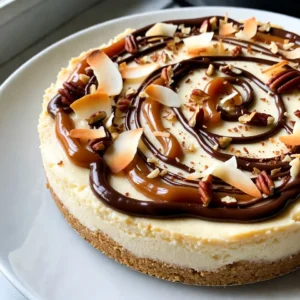 To make this tasty no-bake cheesecake, gather these ingredients: - 1 &frac12; cups crushed graham crackers - &frac12; cup unsweetened shredded coconut - &frac12; cup unsalted butter, melted - 1 (8 oz) package of cream cheese, softened to room temperature - &frac12; cup granulated sugar - 1 teaspoon pure vanilla extract - 1 cup heavy whipping cream - &frac12; cup caramel sauce (store-bought or homemade) - &frac14; cup chopped pecans or walnuts (optional, for added crunch) - Additional caramel sauce and chocolate drizzle for topping For the best flavor and quality, I suggest using these brands: - Graham Crackers: Nabisco Honey Maid for a classic taste. - Cream Cheese: Philadelphia for a smooth and creamy texture. - Heavy Whipping Cream: Organic Valley for rich flavor and quality. - Caramel Sauce: Smucker's or homemade for a sweet touch. - Nuts: Diamond or Planters for fresh and crunchy options. You can make this cheesecake your own by adding: - Chocolate Chips: Fold in mini chocolate chips for extra sweetness. - Peanut Butter: Mix in a few tablespoons for a nutty flavor. - Fruit: Top with fresh fruit like berries for a fresh twist. - Toasted Coconut: Add more toasted coconut for added texture. Feel free to play around with these ideas. Each choice can give your cheesecake a unique taste! {{ingredient_image_2}} To start, take a medium bowl and gather your ingredients for the crust. You need 1 &frac12; cups of crushed graham crackers, &frac12; cup of unsweetened shredded coconut, and &frac12; cup of melted unsalted butter. Mix them together until the crumbs feel like wet sand. This will form the base of your cheesecake. Next, you will need a 9-inch springform pan. Firmly press the crust mixture into the bottom of the pan. Use the back of a measuring cup or a flat-bottomed glass to make it even. Once it feels tight and smooth, put the crust in the fridge to chill while you work on the filling. This helps it hold its shape. Now, let&rsquo;s make the cream cheese filling. In a large bowl, take 1 package (8 oz) of softened cream cheese, &frac12; cup of granulated sugar, and 1 teaspoon of pure vanilla extract. Beat these together with an electric mixer until the mixture is smooth and creamy. You want to avoid any lumps here. In a separate bowl, whip 1 cup of heavy whipping cream until stiff peaks form. This step gives your cheesecake a light and airy texture. Gently fold the whipped cream into the cream cheese mixture. Use a spatula and combine carefully so you don&rsquo;t lose all that fluffiness. Next, add &frac12; cup of caramel sauce to the filling. Gently fold it in to create a lovely marbled effect. If you like, you can also fold in &frac14; cup of chopped pecans or walnuts for some extra crunch. With your filling ready, it&rsquo;s time to assemble the cheesecake. Pour the creamy mixture over your chilled crust in the springform pan. Smooth the top with a spatula to make it nice and even. Drizzle some extra caramel sauce on top for a beautiful look. Now, cover the cheesecake with plastic wrap and place it in the refrigerator. Let it chill for at least 4 hours. I recommend chilling it overnight for the best results. Once it&rsquo;s set, carefully release the sides of the springform pan. To finish, drizzle some chocolate sauce and more caramel sauce on top just before serving. This adds a rich touch. Each slice will be a delightful treat! To get the best texture, use room temperature cream cheese. Cold cream cheese makes lumps. Beat the cream cheese and sugar until smooth. This step is key to a creamy filling. When you whip the heavy cream, stop when you see stiff peaks. Folding it in gently keeps the cheesecake light. For a twist, add a teaspoon of espresso powder. It pairs well with chocolate and caramel. You can also mix in some toasted coconut flakes. This adds a lovely crunch and flavor. If you like a nutty taste, fold in chopped pecans or walnuts. These add a nice bite to the cheesecake. Chill your cheesecake for at least four hours. For best results, chill it overnight. This helps the cheesecake set properly. Keep the cheesecake in the fridge until it&rsquo;s time to serve. If it sits out too long, it may get too soft. Enjoy your creamy delight when it&rsquo;s cold! Pro Tips Chill your Ingredients: Ensure your cream cheese is at room temperature for easier mixing, and chill your heavy cream before whipping to achieve the best volume and texture. Layer for Flavor: For an extra burst of flavor, consider layering additional caramel and nuts within the cheesecake filling, not just on top, to enhance every bite. Use Quality Chocolate: Opt for high-quality chocolate for the drizzle; it makes a significant difference in taste and can elevate the overall presentation of your cheesecake. Let it Set Overnight: For the best texture and flavor, let your cheesecake chill overnight. This allows the flavors to meld and the cheesecake to set perfectly. {{image_4}} You can switch up the crust for your No-Bake Samoa Cheesecake. Instead of graham crackers, try using crushed Oreos. They give a rich chocolate flavor. You can also use crushed vanilla wafers. They add a nice sweetness. For a nutty twist, mix in finely chopped almonds or pecans. Just remember to adjust the butter if needed. Want to change the flavor? You can add melted chocolate to the cream cheese mix. This gives a rich chocolate taste that pairs well with caramel. If you're a peanut butter fan, fold in some creamy peanut butter. It adds a nutty depth that complements the cheesecake. You can also mix in a bit of coconut extract for an extra coconut kick. Experiment and find your favorite! When serving your cheesecake, the right garnishes make it shine. Drizzle extra caramel and melted chocolate on top. This makes it look fancy and delicious. You can sprinkle toasted coconut for some crunch. Add a few chopped nuts for extra texture. Serve with fresh berries for a pop of color. These simple touches will make your cheesecake irresistible! To keep your no-bake Samoa cheesecake fresh, store it in the fridge. Place it in an airtight container. If you don&rsquo;t have one, cover the cheesecake with plastic wrap. This will help prevent it from drying out or absorbing odors. It can stay fresh for up to five days in the fridge. If you want to save your cheesecake for later, freezing is a great option. First, let the cheesecake chill completely. Then, slice it into pieces. Wrap each slice tightly in plastic wrap. After that, place the wrapped slices in a freezer-safe bag or container. This way, you can enjoy a slice anytime you want! It can last up to three months in the freezer. The best containers for storing cheesecake are glass or plastic containers with a tight seal. These help maintain the cheesecake's moisture and flavor. If you use a springform pan, you can simply cover it with its own lid or plastic wrap. This is a great option if you want to keep the presentation neat. Yes, you can use low-fat cream cheese. It will change the taste and texture. The cheesecake may be less rich and creamy. If you want a lighter option, this is a good choice. The cheesecake lasts about 4 to 5 days in the fridge. Keep it covered to prevent it from drying out. If you want to enjoy it longer, consider freezing it. Yes, you can make this cheesecake gluten-free. Use gluten-free graham crackers for the crust. Many brands offer tasty gluten-free options. Use a hot knife for clean slices. Dip the knife in hot water and wipe it dry before each cut. This keeps the slices neat and pretty. To make this cheesecake dairy-free, swap cream cheese for a dairy-free version. Use coconut cream instead of heavy cream. Also, check the caramel sauce for dairy-free options. You now have all the details to create a delicious no-bake Samoa cheesecake. We covered the key ingredients and brands, with tips for customizing your dessert. I shared easy steps for making the crust and filling, plus ways to achieve the perfect texture. Remember, variations are fun, so try new crusts or flavors. Storing your cheesecake properly ensures it stays fresh. With these tips, you can enjoy a tasty treat anytime. I hope you feel ready to impress your friends and family with this dessert!