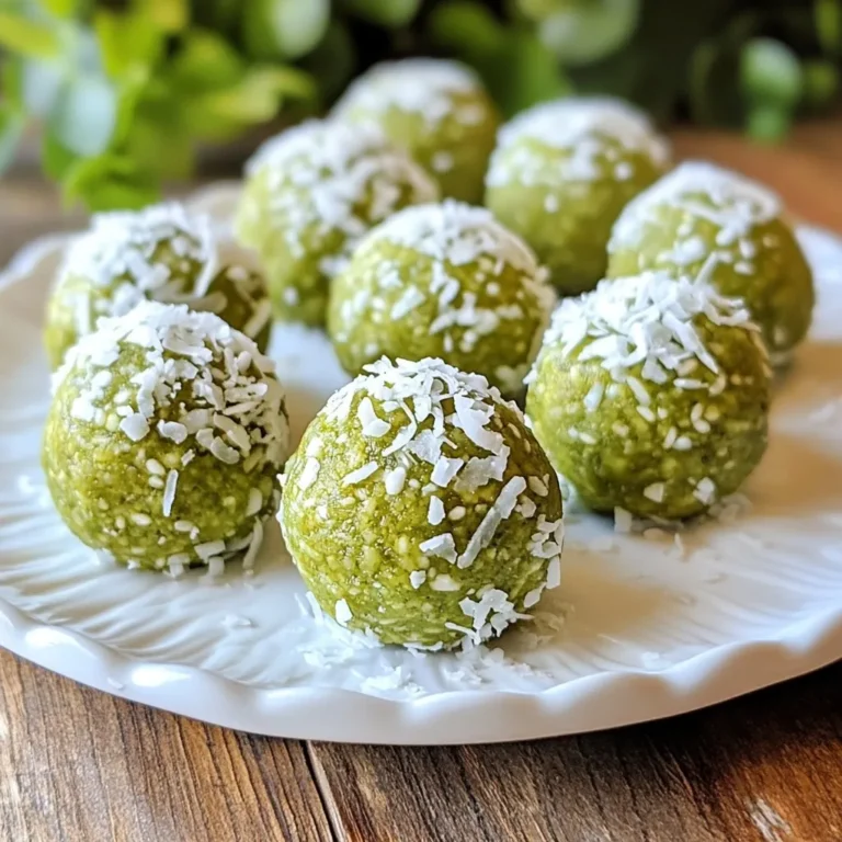 To make Matcha Coconut Energy Balls, you need simple, wholesome ingredients. Here’s what you will need: - 1 cup rolled oats - 1/2 cup almond butter - 1/4 cup pure maple syrup - 1/4 cup unsweetened shredded coconut - 1 tablespoon matcha green tea powder - 1/4 cup chia seeds - 1/2 teaspoon pure vanilla extract - A pinch of fine sea salt - Extra unsweetened shredded coconut for rolling (optional) Each ingredient adds a unique touch. Rolled oats provide fiber and texture. Almond butter offers healthy fats and protein. Pure maple syrup adds a natural sweetness. Unsweetened shredded coconut brings a tropical twist. Matcha green tea powder gives a vibrant color and rich flavor. Chia seeds contribute to nutrition and help bind the mixture. Pure vanilla extract enhances the taste, while sea salt balances the sweetness. Optionally, you can roll the balls in extra coconut for a pretty finish. This blend of ingredients makes a tasty, healthy snack you can enjoy anytime! {{ingredient_image_2}} In a large mixing bowl, add the following ingredients: - 1 cup rolled oats - 1/2 cup almond butter - 1/4 cup pure maple syrup - 1/4 cup unsweetened shredded coconut - 1 tablespoon matcha green tea powder - 1/4 cup chia seeds - 1/2 teaspoon pure vanilla extract - A pinch of fine sea salt Mixing these ingredients together creates a tasty base for your energy balls. Use a spatula or wooden spoon to blend the ingredients well. Make sure everything is evenly combined. The mixture should feel sticky and hold together when pressed. If it crumbles too much, add a bit more almond butter or maple syrup. This step helps bind everything together. With clean hands, take small amounts of the mix. Roll them into balls about 1 inch in size. Compact the mixture gently. This helps the balls stay together and not fall apart. If you want, roll each ball in extra shredded coconut. This step adds flair and a bit more coconut flavor. It's a fun way to make them look nice too! Place the balls on a baking sheet lined with parchment paper. Space them apart to avoid sticking. Chilling helps them firm up and makes them easier to handle. Refrigerate the balls for at least 30 minutes. This step is key. Chilling makes them sturdy and ready to eat. Once chilled, move the energy balls to an airtight container. They stay fresh in the fridge for up to one week. This makes them a great snack for busy days or after workouts! If your mixture feels too dry, add more almond butter. You can also add a bit more maple syrup. If it feels too wet, add a bit more oats or shredded coconut. You want the mixture to be sticky but not runny. This makes rolling easier. Serve these energy balls as a quick snack or a healthy dessert. They pair well with tea or smoothies. You can also pack them for lunch or take them on hikes. They are great for energy on the go. For a great look, place the energy balls on a nice plate or in a jar. You can sprinkle some extra shredded coconut around them. This adds a nice touch and makes them more inviting. Make them the star of your snack table! Pro Tips Adjust Sweetness: If you prefer a sweeter energy ball, feel free to add a touch more maple syrup or a sprinkle of stevia to the mixture. Experiment with Flavors: Try adding different flavor extracts like almond or coconut for a unique twist, or mix in spices like cinnamon for extra warmth. Chill for Better Texture: For the best texture, ensure to refrigerate the energy balls for at least 30 minutes, as this helps them firm up nicely. Bulk Preparation: Consider making a double batch and freezing half for a quick snack option later on. They freeze well and can be ready in minutes! {{image_4}} You can add nuts or seeds to your energy balls for extra crunch. I love using chopped almonds or walnuts. They add healthy fats and protein. Try sunflower seeds or pumpkin seeds for a nut-free option. Adding these ingredients can give your snack a fun twist. Just mix them in when you combine the other ingredients. If you want to change the sweetness, swap maple syrup for honey or agave. Each sweetener has its own flavor, which can change the taste of your energy balls. I enjoy using dates as a natural sweetener. Just blend them into a paste and mix them in. This adds a rich sweetness and chewy texture. You can also play with flavors! Add a pinch of cinnamon or cocoa powder for a new taste. For a tropical vibe, try a splash of pineapple juice or some finely chopped dried fruit. Each addition can change your energy balls into a unique snack. Don't be afraid to experiment and find your favorite flavor combo! Each Matcha Coconut Energy Ball has a balanced mix of nutrients. The rolled oats give you healthy carbs for energy. Almond butter adds protein and healthy fats. Chia seeds are great for fiber and omega-3s. Matcha brings antioxidants and boosts your metabolism. Here’s a quick breakdown per ball: - Calories: About 100 - Protein: 3 grams - Carbohydrates: 12 grams - Fats: 5 grams - Fiber: 2 grams These energy balls pack a powerful punch with their ingredients. - Rolled Oats: They help keep you full. They lower cholesterol and stabilize blood sugar. - Almond Butter: This nut butter is rich in vitamin E. It supports heart health and reduces inflammation. - Maple Syrup: This natural sweetener has minerals. It offers antioxidants and is lower on the glycemic index. - Coconut: Unsweetened coconut supports hydration. It also adds fiber to your diet. - Matcha: This green tea powder boosts energy. It enhances focus and is rich in catechins, which fight disease. - Chia Seeds: These tiny seeds are full of fiber. They help with digestion and provide protein. You can enjoy these energy balls guilt-free! Each ball has about 100 calories. This makes them a great snack for any time of day. If you eat two, it’s still a good choice! They are perfect for busy days or after workouts. Just remember to store them in the fridge to keep them fresh. Yes, you can! Any nut butter works well. Try peanut butter or cashew butter. Each nut butter adds its own flavor. Almond butter gives a creamy taste, while peanut butter is more robust. Choose what you love! These energy balls last up to one week in the fridge. Store them in an airtight container. They stay fresh and tasty for your snacking needs. If you want them to last longer, keep them in the freezer. Absolutely! Freezing is a great option. Place them in a single layer in a freezer-safe bag. They can last for about three months in the freezer. Just thaw them overnight in the fridge before enjoying them. Matcha is a superfood! It boosts energy and improves focus. It has antioxidants that fight free radicals. This can help reduce inflammation and keep your body healthy. Matcha also supports metabolism, which can help with weight management. Yes, these energy balls are vegan-friendly! They contain no animal products. Use maple syrup for sweetness, making them a perfect snack for plant-based diets. Enjoy these delicious bites without any worries! In this post, we explored how to make Matcha Coconut Energy Balls using simple ingredients. We covered the steps from mixing to chilling, ensuring you have a delicious snack. I shared tips for adjusting texture and different variations to suit your taste. Remember, these energy balls are not only tasty but also packed with nutrients. Embrace your creativity and enjoy experimenting with flavors and toppings. You can make a healthy treat that fuels your day!