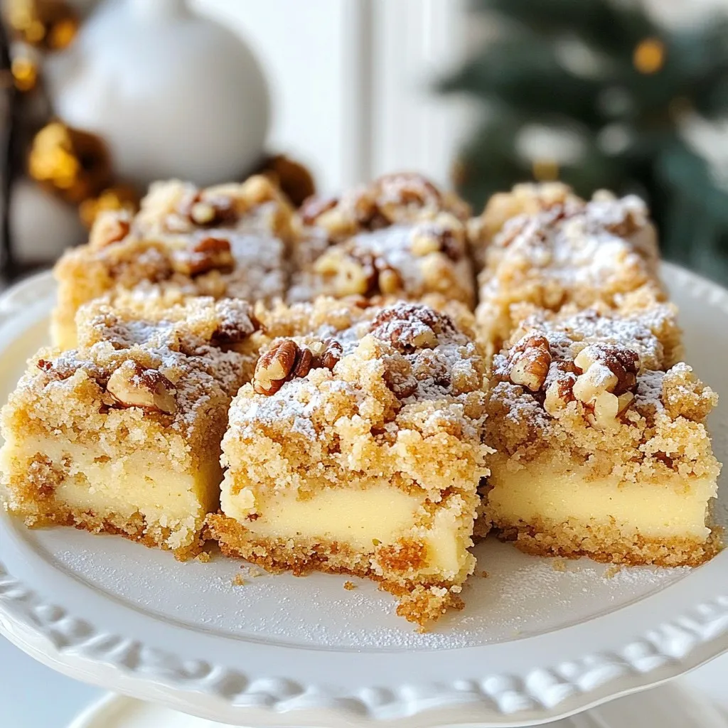 - Main ingredients for the cake - 2 cups all-purpose flour - 1 cup granulated sugar - 1/2 cup unsalted butter, softened - 3 large eggs - 1 cup eggnog - 1 teaspoon baking powder - 1/2 teaspoon baking soda - 1/2 teaspoon ground nutmeg - 1/4 teaspoon ground cinnamon - 1 teaspoon pure vanilla extract - 1/4 teaspoon salt - Ingredients for the crumb topping - 1/2 cup brown sugar, packed - 1/2 cup pecans, chopped (optional) - 1/2 cup all-purpose flour - 1 teaspoon ground cinnamon - 1/4 cup unsalted butter, melted - Notes on ingredient substitutions You can use whole wheat flour instead of all-purpose flour. For a dairy-free cake, swap the butter for a plant-based option. You can also replace eggs with flax eggs if needed. If you want to skip nuts, just leave them out. {{ingredient_image_2}} First, set your oven to 350°F (175°C). This is the perfect temperature for baking. Next, take a 9x13-inch baking pan. Grease it well with butter or cooking spray. Then, lightly flour the pan. This helps your cake come out easily. In a large mixing bowl, beat 1/2 cup of softened butter and 1 cup of granulated sugar. Use an electric mixer on medium speed for about 3-4 minutes. The mix should look light and fluffy. Next, add 3 large eggs, one at a time. Mix well after each egg. Now, pour in 1 cup of eggnog and 1 teaspoon of vanilla extract. Stir until the mixture is smooth. In a separate bowl, whisk together 2 cups of flour, 1 teaspoon of baking powder, 1/2 teaspoon of baking soda, 1/2 teaspoon of ground nutmeg, 1/4 teaspoon of ground cinnamon, and 1/4 teaspoon of salt. Slowly add this dry mix to the wet ingredients. Fold gently until just combined. Be careful not to overmix, as this can make the cake tough. In another bowl, mix together 1/2 cup of packed brown sugar, 1/2 cup of chopped pecans (if you want them), and 1/2 cup of flour. Add 1 teaspoon of ground cinnamon. Pour in 1/4 cup of melted butter. Use a fork or your fingers to mix everything. You want to create crumbly pieces that are about the size of peas. Pour half of the cake batter into your prepared pan. Spread it evenly. Then, sprinkle half of the crumb topping over the batter. Carefully pour the rest of the batter on top. Smooth it out again. Finally, add the remaining crumb topping. Place the pan in the oven. Bake for 30-35 minutes. Check with a toothpick to see if it comes out clean. Once the cake is baked, let it cool in the pan for about 10 minutes. After that, transfer it to a wire rack to cool completely. When ready to serve, cut the cake into neat squares. You can serve it warm or at room temperature. For a festive touch, dust the top with powdered sugar. Add a dollop of whipped cream for extra goodness! - Common pitfalls to avoid: One big issue is overmixing. When you mix too much, your cake can get dense. Mix just until you see no flour. Another pitfall is not measuring ingredients right. Always use a scale or measuring cups for accuracy. - Ensuring the cake stays moist: Eggnog helps keep the cake moist. Make sure to use fresh eggnog. If your cake feels dry, add a little milk or eggnog. Bake it until a toothpick comes out clean, but don’t leave it in too long. - How to cut and serve the cake: Let the cake cool for about ten minutes. Use a sharp knife to cut it into squares. This keeps the crumb topping neat. Serve it warm or at room temp for the best taste. - Recommended garnishes: Dust the top with powdered sugar for a festive look. A sprinkle of grated nutmeg adds a nice touch. You can also add whipped cream on the side for a treat that feels extra special. Pro Tips Use Fresh Eggnog: For the best flavor, use fresh eggnog rather than long shelf-life varieties. This enhances the cake's richness and festive taste. Don’t Overmix: When combining wet and dry ingredients, mix just until combined. Overmixing can lead to a dense cake texture. Cool Properly: Allow the cake to cool in the pan before transferring it to a wire rack. This helps maintain its structure and prevents it from breaking apart. Customize Toppings: Feel free to experiment with different nuts or spices in the crumb topping. Walnuts or almonds can add a delightful twist! {{image_4}} You can change the flavor of your eggnog crumb cake by adding spices. Try mixing in a pinch of ginger or allspice for a warm twist. You could also add a bit of orange zest for a fresh and bright taste. If you want a nutty crunch, consider swapping the pecans for walnuts or almonds in the crumb topping. Each nut adds a unique flavor and texture. If you need a gluten-free option, use a gluten-free all-purpose flour mix instead of regular flour. Make sure your mix contains xanthan gum for better texture. For a dairy-free version, try using almond milk or oat milk in place of eggnog. You can also use vegan butter to replace regular butter. These swaps let everyone enjoy this festive treat! To keep your Eggnog Crumb Cake fresh, use an airtight container. A glass or plastic container works well. Make sure it seals tightly to prevent air from drying out the cake. Store it in the fridge if you plan to eat it within a week. - Wrap the cake in plastic wrap for extra protection. - Place it in the container, leaving space to avoid squishing. - If you cut it, cover the exposed edges to keep moisture. Freezing your Eggnog Crumb Cake is easy and helps save leftovers. First, let the cake cool completely. Then, follow these steps to freeze it properly: 1. Wrap individual slices in plastic wrap tightly. 2. Place the wrapped slices in a freezer-safe bag. 3. Label the bag with the date for easy tracking. For thawing, move the slices to the fridge overnight. This helps keep the texture soft. If you need it fast, you can thaw it at room temperature for a couple of hours. Enjoy your cake at its best! Eggnog Crumb Cake lasts about 3 to 5 days when stored properly. Keep it in an airtight container at room temperature for best taste. If you want it to last longer, you can refrigerate it. Just remember, cold air can dry it out. Yes, you can use homemade eggnog! Homemade eggnog often has richer flavors. It may be thicker than store-bought. If yours is thick, you might need to adjust the liquid slightly. Just make sure it's well-mixed before you add it to the batter. Eggnog Crumb Cake pairs well with many treats. Here are some ideas: - A dollop of whipped cream - A scoop of vanilla ice cream - Fresh fruit like berries or sliced apples - Hot coffee or spiced tea These additions make the cake even more delightful. Yes, you can make this cake ahead! Bake it a day or two in advance. Just let it cool completely before storing. Wrap it tightly in plastic wrap. This keeps it fresh. You can also freeze it for up to a month. If you freeze it, let it thaw in the fridge overnight before serving. You now have all the tools to bake a great eggnog crumb cake. We covered the main ingredients, clear steps for baking, and some handy tips. Don’t forget to try flavor variations and dietary modifications to suit your needs. Proper storage will keep it fresh longer. Enjoy this tasty cake with friends and family. Your baking adventure starts now. Make it fun and delicious!