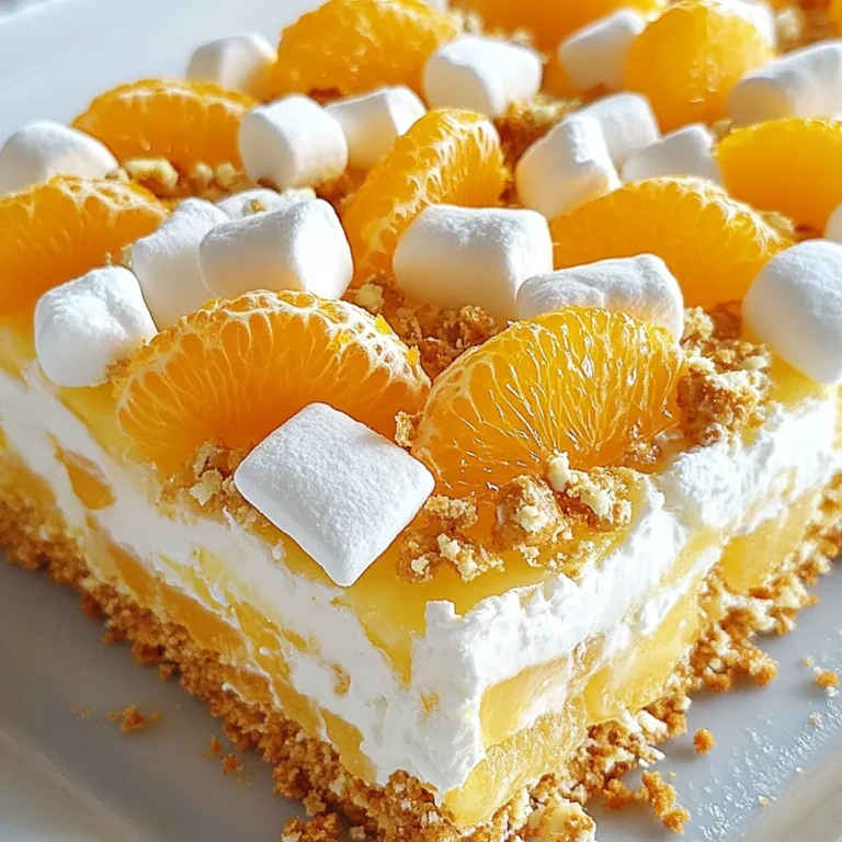 To create a delicious Mandarin Orange Pretzel Salad, gather these ingredients. Each part adds a special touch to this fun treat. - Pretzel Crust Components - 2 cups pretzel sticks, crushed - ½ cup unsalted butter, melted - ½ cup granulated sugar - Cream Cheese Layer Ingredients - 8 oz cream cheese, softened at room temperature - 1 cup powdered sugar - 8 oz whipped topping (like Cool Whip) - Fruit Layer Ingredients - 1 can (15 oz) mandarin oranges, thoroughly drained - 1 cup crushed pineapple, thoroughly drained - 1 cup mini marshmallows These ingredients work together for a great balance of flavors. The salty pretzel crust pairs well with the sweet cream cheese layer and fruity toppings. Each bite gives you a mix of textures. Enjoy making this tasty treat! {{ingredient_image_2}} First, you need to preheat your oven to 350°F (175°C). This step helps the crust bake evenly. In a mixing bowl, combine 2 cups of crushed pretzel sticks with ½ cup of melted unsalted butter. Mix them well until all pretzels are coated. Then, transfer this mixture into a 9x13-inch baking dish. Press it firmly down to make a solid crust. Bake for about 10 minutes. You want it to be lightly golden. After baking, take it out and let it cool completely. Next, grab another bowl. Use an electric mixer to beat 8 oz of softened cream cheese until it’s smooth. Gradually add ½ cup of granulated sugar while mixing. Keep mixing until it’s well combined. Now, gently fold in 8 oz of whipped topping. This makes the cream cheese layer light and fluffy. Be careful not to overmix. Once your pretzel crust is cool, spread the cream cheese mixture evenly on top. Make sure to cover all corners. Next, in another bowl, mix 1 can of drained mandarin oranges, 1 cup of drained crushed pineapple, and 1 cup of mini marshmallows. Spoon this fruity mixture over the cream cheese layer. Now, prepare the gelatin according to the package. Use 1 cup of boiling water, then add 1 cup of cold water. Let it cool a bit before pouring it over the fruit layer. Cover the dish with plastic wrap and place it in the fridge. Chill for at least 4 hours, or overnight for the best results. When you’re ready, cut it into squares and enjoy this tasty treat! To make a great pretzel crust, start with fresh pretzel sticks. Crush them well but not too fine. Aim for small chunks for better texture. Mix the crushed pretzels with melted butter until well coated. Press the mixture firmly into the baking dish. Bake at 350°F for about 10 minutes until golden. Let it cool completely to prevent sogginess. For the cream cheese layer, you can add flavor. Consider mixing in a splash of vanilla extract or a bit of lemon juice. This adds a nice twist. You can also use flavored whipped topping for extra flair. Try strawberry or vanilla. For a nutty touch, fold in some finely chopped nuts. When serving, cut the salad into neat squares. A decorative platter makes it look special. Add fresh mint leaves or mandarin slices on top for color. You can also drizzle a little honey on each piece for added sweetness. This will make your salad pop with flavor and beauty! Pro Tips Crush Pretzels Evenly: Ensure that the pretzel sticks are crushed into uniform sizes for a consistent crust texture, which helps in achieving a perfect balance of salty and sweet flavors. Chill Thoroughly: Allow the dessert to chill overnight if possible. This helps the layers set properly, ensuring that each slice holds its shape and the flavors meld beautifully. Use Fresh Fruit: Opt for fresh mandarin oranges instead of canned for a brighter flavor and better texture, enhancing the overall freshness of the dish. Garnish Creatively: Consider adding a sprinkle of toasted coconut or chopped nuts on top before serving to add an extra layer of flavor and visual appeal. {{image_4}} You can change up the fruit in this salad. Try using fresh strawberries or blueberries. Both add a nice pop of color and flavor. You can even mix in sliced bananas for a creamy twist. Each fruit gives a unique taste that pairs well with the salty pretzel base. Gelatin can really change this dish. Instead of orange gelatin, try pineapple or strawberry. Each flavor brings a new vibe to the salad. If you choose a berry flavor, it can add a fun twist. Just follow the same steps using your chosen gelatin flavor. Making this salad gluten-free is easy. Use gluten-free pretzels instead of regular ones. For a dairy-free version, swap cream cheese with a dairy-free alternative. Look for coconut whipped topping as a substitute for the whipped topping. These changes keep the taste tasty while fitting your diet needs. To store leftovers, place the Mandarin Orange Pretzel Salad in an airtight container. Make sure to cover it well to keep it fresh. You can store it in the refrigerator for up to five days. This will keep the flavors intact and the texture nice. You do not need to reheat this salad. It is best served cold. Simply take it from the fridge, cut it into squares, and enjoy. If you prefer a slightly warmer treat, let it sit at room temperature for a few minutes before serving. This will soften the cream cheese layer a bit. Freezing the salad is not recommended. The creamy layers and fruit can become watery when thawed. If you want to prepare it ahead of time, make sure to store it in the fridge instead. This will help keep the salad tasting fresh and looking great. Yes, you can make Mandarin Orange Pretzel Salad ahead of time. In fact, I often do! It tastes better when it sits in the fridge. I recommend making it a day before you plan to serve it. This allows all the flavors to blend and the layers to set nicely. If you can’t find whipped topping, don’t worry! You can use heavy cream instead. Just whip the heavy cream until it forms soft peaks. This gives a light, fluffy texture similar to whipped topping. You can also use homemade whipped cream if you prefer. The salad keeps well in the fridge for about 3 to 5 days. Make sure to cover it tightly with plastic wrap or a lid. This helps keep it fresh and prevents it from absorbing other smells in the fridge. Enjoy it while it’s still creamy and delicious! This blog post covered how to make Mandarin Orange Pretzel Salad. We discussed its tasty layers, starting from the pretzel crust to the fruit topping. You learned about tips for a perfect crust and how to store leftovers. Remember, you can customize it with different fruits or gelatin flavors. This dessert is easy to make and a fun treat. I hope you feel ready to create your own version! Enjoy every bite of your salad.