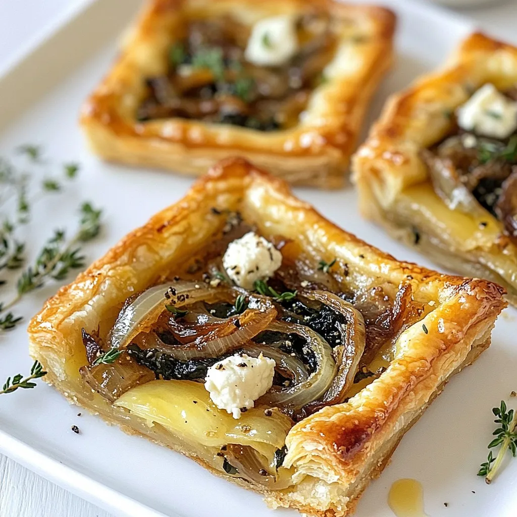 To make a great caramelized onion goat cheese tart, you need these key items: - 1 sheet of puff pastry, thawed - 2 large onions, thinly sliced - 2 tablespoons olive oil - 1 tablespoon balsamic vinegar - 1 teaspoon sugar - 4 ounces goat cheese, crumbled - 1 cup fresh spinach leaves, washed and dried - Salt and freshly ground pepper to taste - Fresh thyme leaves, for garnish - 1 egg, beaten (for egg wash, optional) These ingredients create a rich, flavorful tart that is sure to impress. While the essential ingredients shine, you can boost the taste with these additions: - A pinch of red pepper flakes for heat - Caramelized garlic for a sweet twist - A sprinkle of nuts, like walnuts or pine nuts, for crunch - A drizzle of honey for sweetness Using these options can add depth to your dish. If you don’t have certain ingredients, don’t worry. Here are some easy swaps: - Use shallots instead of onions for a milder flavor - Replace goat cheese with feta for a tangy bite - Swap spinach with arugula for a peppery taste - Use vegetable oil if you lack olive oil These substitutions can help you create a delicious tart with what you have on hand. {{ingredient_image_2}} First, preheat your oven to 400°F (200°C). This step is key for a flaky puff pastry. While the oven warms, heat 2 tablespoons of olive oil in a large skillet over medium heat. Add 2 large, thinly sliced onions and a pinch of salt. Stir these onions often as they cook. You want them to become soft and sweet. This takes about 15-20 minutes. When they turn golden and aromatic, add 1 tablespoon of balsamic vinegar and 1 teaspoon of sugar. Cook for 2 more minutes to deepen the flavors. Then, take the skillet off the heat. On a lightly floured surface, roll out 1 sheet of puff pastry. Make it big enough for your tart pan. Carefully place the pastry into the pan. Press it against the sides and bottom. Use a fork to prick the base. This helps stop it from puffing during baking. Next, spread the caramelized onions evenly across the pastry. Then, layer 1 cup of fresh spinach leaves over the onions. Crumble 4 ounces of goat cheese and sprinkle it on top. Season this filling with salt, freshly ground pepper, and fresh thyme leaves for a fragrant touch. If you want a golden crust, brush the edges of the pastry with a beaten egg. This is optional but gives a nice shine. Now, bake your tart in the preheated oven for 25-30 minutes. Look for puffed pastry that is golden brown and slightly melted cheese. Let the tart cool for a few minutes before slicing it into wedges for serving. Enjoy the mix of flavors that makes this dish so special. To get the best caramelized onions, start with good onions. I prefer yellow onions for their sweetness. Slice them thin to help them cook evenly. Use medium heat and add a pinch of salt. This helps to draw out the moisture. Stir them every few minutes. This keeps them from burning. Cook for about 15 to 20 minutes. They should turn soft and golden brown. When they are done, add balsamic vinegar and sugar. This adds a nice depth of flavor. Cook for two more minutes. Then, remove them from heat. For flaky puff pastry, it’s all about the temperature. Keep your puff pastry cold until you are ready to use it. Roll it out on a floured surface. Make sure it is even and not too thin. Prick the base with a fork. This helps it bake evenly without puffing up too much. Bake it at 400°F (200°C) for 25 to 30 minutes. You want it golden brown and puffy. If you want a shiny crust, brush it with beaten egg before baking. Presentation is key for a tart. Once baked, let it cool for a few minutes. Slice it into wedges for easy serving. Garnish with fresh thyme leaves. This adds color and a nice aroma. For a sweet touch, drizzle honey over the top. This pairs well with the tart flavors. Serve warm for the best taste. Enjoy the beautiful layers and colors on your plate! Pro Tips Use Sweet Onions: Opt for sweet onions like Vidalia or Walla Walla for a richer, sweeter flavor in your caramelized onions. Don’t Rush the Caramelization: Cooking onions slowly over medium heat allows their natural sugars to develop, resulting in a better flavor and color. Experiment with Cheeses: While goat cheese is delicious, try adding a blend of cheeses like feta or mozzarella for a different flavor profile. Serve with a Side Salad: Pair the tart with a light arugula salad dressed with lemon vinaigrette to balance the richness of the tart. {{image_4}} You can make this tart even better by adding veggies. Try roasted red peppers, artichokes, or mushrooms. These add depth and a new taste. Mix them with the onions for a rich flavor. Adding fresh herbs like basil or parsley boosts the taste too. If you need gluten-free pastry, use almond flour or gluten-free puff pastry. Many stores sell these now, making it easy to find. Just roll it out the same way as regular pastry. This change keeps the tart tasty while meeting dietary needs. Goat cheese is great, but you can mix it up! Try feta, ricotta, or even blue cheese. Each cheese provides a different taste and texture. For a creamier feeling, blend in some cream cheese too. This makes the tart unique and delightful for your taste buds. To keep your Caramelized Onion Goat Cheese Tart fresh, let it cool completely. After cooling, wrap it tightly in plastic wrap or place it in an airtight container. This prevents the tart from drying out. Store it in the fridge for up to three days. If you notice any moisture, place a paper towel inside the container to absorb it. When you’re ready to enjoy leftovers, preheat your oven to 350°F (175°C). Place the tart on a baking sheet. Cover it loosely with aluminum foil to keep it from browning too much. Heat for about 10-15 minutes or until warmed through. This helps to keep the pastry crispy and the cheese creamy. Avoid using the microwave, as it can make the pastry soggy. If you want to store the tart for a long time, freezing is a great option. Before baking, wrap the unbaked tart tightly in plastic wrap and then in foil. You can freeze it for up to two months. When you're ready to bake, remove it from the freezer and let it thaw in the fridge overnight. Then, bake it as directed in the recipe. If you have baked leftovers, you can also freeze those, but try to eat them within a month for the best taste. Yes, you can make the tart ahead of time. Prepare the tart up until baking. Cover it and keep it in the fridge for up to 24 hours. When ready, bake it straight from the fridge. This keeps the puff pastry fresh and flaky. The tart is done when the pastry is puffed and golden brown. The cheese should be slightly melted and bubbly. A good way to check is to look for a deep golden color on the edges. Trust your nose; it should smell sweet and savory! This tart pairs well with a fresh green salad. A simple dressing of olive oil and lemon works great. You can also serve it with a side of roasted vegetables. For a special touch, drizzle honey on top for a sweet contrast. This blog post covered all you need to know about making a Caramelized Onion Goat Cheese Tart. We explored essential and optional ingredients, plus substitutions for your taste. The step-by-step guide helps you through preparation, assembly, and baking. I shared tips for perfect onions and flaky pastry. You also learned variations, storage methods, and answers to common questions. Enjoy creating this tasty dish. It offers great flavor and can impress your guests! Try it at your next gathering or meal.