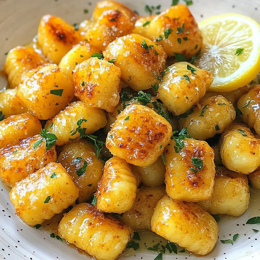 To make crispy garlic butter gnocchi, you will need: - 1 pound potato gnocchi - 3 tablespoons unsalted butter - 4 cloves garlic, finely minced - 1 tablespoon fresh parsley, finely chopped - 1 teaspoon dried oregano - Salt and freshly cracked black pepper, to taste - 1/4 cup grated Parmesan cheese (optional but highly recommended) - Lemon wedges, for serving You can add a few extras for more flavor: - Crushed red pepper flakes for some heat - Fresh basil for a sweet touch - A splash of white wine for depth If you lack some items, here are some swaps: - Use olive oil instead of butter for a lighter dish - Any fresh herb can work instead of parsley - Skip the cheese or use a dairy-free option for a vegan meal {{ingredient_image_2}} To start, bring a large pot of water to a boil. Make sure the water is bubbling hard. Add a good amount of salt, which helps flavor the gnocchi. Now, gently place the potato gnocchi into the pot. Watch them closely; they will rise to the top when they are done. This usually takes about 2-3 minutes. Once they float, carefully drain them in a colander. Let them cool for a few minutes before moving on. Next, heat a large non-stick skillet over medium heat. Add 3 tablespoons of unsalted butter to the skillet and let it melt. Once melted, it’s time to add the finely minced garlic. Stir the garlic often for about 1-2 minutes. You want it fragrant but not brown. If garlic burns, it can taste bitter, and we don’t want that. Now comes the fun part! Add the cooked gnocchi to the skillet. Make sure they get coated well with the garlic butter. Cook them for about 5-7 minutes. Toss them gently so they get golden brown and crispy on the outside. You want that nice crunch. Once they look perfect, add chopped parsley and dried oregano. Season with salt and freshly cracked black pepper to your taste. Toss everything again to mix well. To get that great crispy texture, use a non-stick skillet. Heat it well before adding the butter. This helps the gnocchi fry instead of steam. Cook them in a single layer for best results. Avoid crowding the pan. If needed, cook in batches. Toss the gnocchi gently to turn them without breaking. Watch them closely. You want a golden-brown color, not burnt. Start with boiling water that is well-salted. This adds flavor from the very start. Cook the gnocchi until they float, usually 2-3 minutes. Then, drain them quickly to prevent sogginess. Let them cool for a minute before adding to the skillet. This helps them crisp up better. Always use fresh gnocchi for a soft center and a nice bite. You can make this dish even better with some fun extras. Try adding cooked spinach or sun-dried tomatoes for color and taste. A sprinkle of red pepper flakes gives a nice kick. For cheese lovers, use different types like feta or goat cheese. Lemon zest also adds a bright touch. Don't be shy about playing with flavors! Pro Tips Choose Quality Gnocchi: Opt for fresh or high-quality store-bought gnocchi for the best texture and flavor. Monitor Garlic Closely: Garlic can burn quickly; keep the heat moderate and stir constantly to achieve the perfect fragrant sauté. Use a Non-Stick Skillet: A non-stick skillet prevents the gnocchi from sticking and helps achieve that crispy exterior effortlessly. Experiment with Herbs: Feel free to add different herbs like thyme or basil to customize the flavor profile of your dish. {{image_4}} You can easily make this dish vegetarian by skipping the Parmesan cheese. Just keep the garlic butter and herbs. For a vegan version, swap the butter for olive oil or vegan butter. The flavor will still shine through, and you'll keep the dish rich and tasty. Feel free to change the herbs to suit your taste. Basil, thyme, or rosemary work well in this dish. You can also add red pepper flakes for some heat. Each herb brings a new layer of flavor, making it exciting each time you cook. If you're not a fan of Parmesan, try feta or goat cheese. These cheeses add a creamy texture and nice tang. You can also mix in a bit of nutritional yeast for a cheesy flavor without dairy. Add cheese after cooking for a melty delight or use it as a garnish for extra flair. To keep your crispy garlic butter gnocchi fresh, store it in an airtight container. Let the gnocchi cool fully before packing. Place a layer of parchment paper between layers if you stack them. This helps prevent sticking. Store the container in the fridge if you plan to eat it within three days. To reheat, warm a skillet over medium heat. Add a bit of butter or oil to help crisp them up again. Toss the gnocchi in the skillet for about five minutes. Stir often to avoid burning. You can also reheat in the microwave, but they won't be as crispy. Use a microwave-safe dish and cover it loosely. Heat for 1-2 minutes. You can freeze gnocchi for later use. First, spread the cooled gnocchi in a single layer on a baking sheet. Freeze them for about an hour until they are firm. Then transfer them to a freezer bag. This way, they won’t stick together. They can last up to three months in the freezer. When you’re ready to cook, boil them straight from the freezer. Add a minute or two to the cooking time. Cook gnocchi for 2-3 minutes. They float to the top when ready. This means they are done. Make sure to keep an eye on them while they cook. Drain them right after cooking to avoid mushiness. Yes, you can use store-bought gnocchi. They are quick and easy to prepare. Just follow the cooking instructions on the package. This makes your meal even faster. Homemade gnocchi is great, but store-bought saves time. You can serve many tasty sides with gnocchi. A fresh salad pairs well and adds crunch. Roasted vegetables also make a great choice. If you like protein, grilled chicken or shrimp works well too. Don’t forget the lemon wedges for a fresh kick! This article covered how to make crispy garlic butter gnocchi from scratch. We explored essential ingredients and variations to fit your taste. I shared step-by-step instructions for cooking and sautéing, plus tips for perfect texture. You learned about storage methods and answers to common questions. Enjoying this dish can be easy and fun! Experiment with flavors and make it your own. Cooking is about creativity, so have fun and savor each bite.