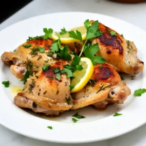 To make Lemon Herb Roasted Chicken Thighs, you need a few key ingredients: - 4 bone-in, skin-on chicken thighs - 2 tablespoons extra virgin olive oil - 3 cloves garlic, finely minced - Zest of 1 medium lemon - Juice of 1 medium lemon These ingredients give the chicken its juicy flavor and crispy skin. The herbs and spices add depth to the dish: - 1 tablespoon fresh rosemary, finely chopped - 1 tablespoon fresh thyme, finely chopped - 1 teaspoon smoked paprika - Salt and freshly ground black pepper to taste Fresh herbs bring bright notes. Smoked paprika adds warmth and color. For a great finish, consider these garnishes and sides: - Fresh parsley, roughly chopped, for garnish - Colorful roasted seasonal vegetables - Lemon wedges for serving These add color and a fresh touch to your meal. Enjoy! {{ingredient_image_2}} Start by setting your oven to 400&deg;F (200&deg;C). This heat helps the chicken turn golden and crispy. In a large bowl, mix 2 tablespoons of olive oil, 3 minced garlic cloves, the zest and juice of one lemon, 1 tablespoon each of fresh rosemary and thyme, 1 teaspoon of smoked paprika, and salt and pepper. Whisk this mix well until it blends nicely. Next, dry the chicken thighs with paper towels. This step is key for crispy skin. Place the thighs in a resealable bag or a shallow dish. Pour the marinade over the chicken. Make sure each piece is coated well. Seal the bag or cover the dish tightly. Let the chicken marinate in the fridge for at least 30 minutes. If you have more time, you can let it sit for up to 4 hours. Longer marinating helps the flavors soak in better. Once the chicken has marinated, arrange the thighs skin-side up on a parchment-lined baking sheet or in a cast-iron skillet. Cook in the preheated oven for 35 to 40 minutes. Look for golden brown skin and check that the internal temperature reaches 165&deg;F (75&deg;C). After baking, let the chicken rest for about 5 minutes to keep it juicy. Finally, sprinkle fresh parsley on top before serving for a fresh touch. To get crispy chicken skin, start by drying the chicken thighs with paper towels. This step is key. Moisture on the skin can make it soggy. Next, rub olive oil over the skin and sprinkle salt. Salt helps draw out more moisture. Finally, place the chicken skin-side up on a baking sheet. This position allows the heat to circulate and crisp up the skin nicely. You can tweak the marinade to match your taste. Try adding different herbs like oregano or basil for new flavors. A splash of soy sauce or honey can bring a sweet and savory twist. You can also add some heat with red pepper flakes. Think about the season too; fresh herbs work great in summer, while dried herbs shine in winter. Let your creativity run wild! Cook the chicken thighs for about 35-40 minutes at 400&deg;F (200&deg;C). You want the skin golden brown and crispy. Use a meat thermometer to check the internal temperature. It should reach 165&deg;F (75&deg;C) for safety. If you want extra juicy meat, let the chicken rest for 5 minutes after cooking. This resting time helps keep the juices locked inside. Pro Tips Marinate Longer for Flavor: If time allows, marinate the chicken thighs for up to 4 hours to enhance the flavor profile. Use a Meat Thermometer: Ensure perfect doneness by using a meat thermometer to check that the internal temperature reaches 165&deg;F (75&deg;C). Rest the Chicken: Letting the chicken rest for 5 minutes after roasting allows the juices to redistribute, resulting in a juicier bite. Customize Your Herbs: Feel free to mix and match your favorite fresh herbs like oregano or basil for a personalized twist on the recipe. {{image_4}} To make lemon herb chicken thighs with vegetables, add your favorite veggies. You can use carrots, potatoes, or bell peppers. Chop them into even pieces for even cooking. Toss the vegetables in olive oil, salt, and pepper. Arrange them around the chicken on the baking sheet. The veggies soak up the chicken's flavors as they roast. This adds color and nutrition to your meal. If you like heat, try spicy lemon herb roasted chicken thighs. Add red pepper flakes or cayenne pepper to the marinade. Adjust the amount to your taste. This gives the dish a nice kick. You can also add some hot sauce to the marinade for extra flavor. The spicy notes mix well with the lemon and herbs. For grilled lemon herb chicken thighs, marinate the chicken as usual. Then, preheat your grill to medium heat. Place the chicken thighs skin-side down on the grill. Cook for 6-7 minutes per side. This gives you a nice char and smoky taste. Make sure the internal temperature reaches 165&deg;F (75&deg;C). Serve with fresh lemon wedges for added zest. You can store leftover lemon herb roasted chicken thighs in the fridge. Place them in an airtight container. They stay fresh for about 3 to 4 days. To reheat, preheat your oven to 350&deg;F (175&deg;C). Place the thighs in a baking dish and cover with foil. Heat for about 20 minutes or until warmed through. This method helps keep the skin crispy. If you want to save some for later, freezing is a great option. After cooking, let the chicken cool completely. Wrap each thigh in plastic wrap, then place them in a freezer bag. They can last up to 3 months in the freezer. When you're ready to eat, thaw them in the fridge overnight. Reheat as mentioned before for the best taste. Meal prep makes weeknight dinners easy. You can marinate the chicken ahead of time. Store it in the fridge for up to 4 hours. Cook a batch of chicken thighs on the weekend. Use them in salads, wraps, or as a main dish. Having cooked chicken ready saves time and makes meals simple. For the best flavor, marinate chicken thighs for at least 30 minutes. This time allows the herbs and lemon to soak into the meat. If you have more time, let them sit in the marinade for up to 4 hours. Longer marinating gives a richer taste. To check if chicken thighs are cooked through, use a meat thermometer. The internal temperature should reach 165&deg;F (75&deg;C). If you don&rsquo;t have a thermometer, look for clear juices when you cut into the meat. No pink means it is done. Yes, you can use boneless chicken thighs. They will cook faster than bone-in thighs. Check for doneness at around 20-25 minutes in the oven. Adjust the cooking time to ensure they stay juicy and flavorful. In this post, we explored how to create delicious lemon herb roasted chicken thighs. We covered the key ingredients, step-by-step instructions, and helpful tips. You learned about flavor variations and how to store your dish properly. For the best taste, marinate well and roast at the right temperature. Enjoy these chicken thighs as a tasty meal or meal prep option. I hope you feel excited to try this recipe at home. It&rsquo;s simple and sure to impress!