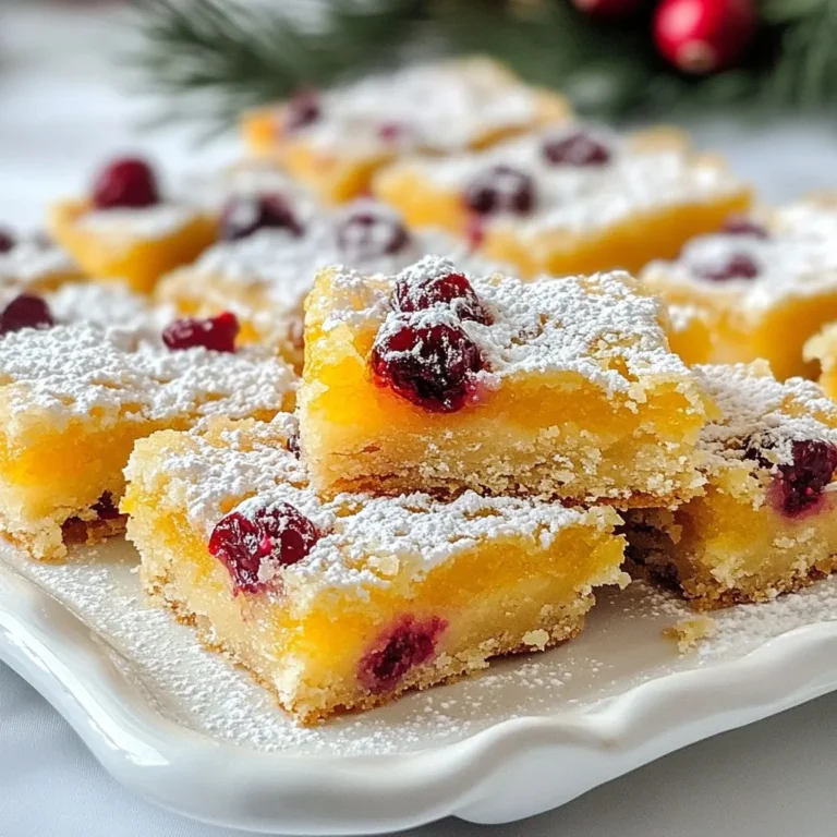 To make Cranberry Orange Shortbread Bars, you will need a few key ingredients that create a wonderful flavor. Here’s a simple list: - 1 cup unsalted butter, softened - 1/2 cup powdered sugar - 2 cups all-purpose flour - 1/4 teaspoon salt - 1/2 cup dried cranberries, finely chopped - Zest of 1 large orange - 1 tablespoon freshly squeezed orange juice - 1/2 teaspoon pure vanilla extract - 1/4 cup granulated sugar (for topping) - Additional powdered sugar for dusting (optional) Each ingredient plays a big role. The butter gives richness, while the powdered sugar adds sweetness. The flour forms the base, and the salt enhances all the flavors. Dried cranberries provide a tangy bite, and the orange zest brightens everything up. Fresh orange juice adds moisture and more flavor. Finally, the granulated sugar on top gives a sweet crunch. These ingredients come together to form a delightful treat. With just a few steps, you can create these tasty bars. If you want to impress your friends or family, this recipe is perfect. Enjoy the process of mixing, baking, and sharing! {{ingredient_image_2}} Set your oven to 350°F (175°C). This is the perfect temperature for baking. Next, take an 8x8 inch baking pan. Line it with parchment paper. Make sure to leave some paper hanging over the edges. This helps you lift the bars out later. Grab a large mixing bowl. Use an electric mixer to beat the softened butter with powdered sugar. Mix on medium speed for about 2-3 minutes. You want it to be light and fluffy. This makes your bars soft and tasty. Now, slowly add in the all-purpose flour and salt. Mix on low speed until just combined. Be careful not to overmix. This keeps your bars from getting tough and chewy. It’s time to add some fun flavors! Gently fold in the finely chopped cranberries, fresh orange zest, orange juice, and vanilla extract. Use a spatula for this. Avoid breaking down the cranberries too much. You want to keep some texture. Spoon the mixture into the prepared baking pan. Use the back of a spatula or your hands to press it down evenly. Aim for a smooth and flat surface. This ensures your bars bake evenly. Place the pan in your preheated oven. Bake for 25-30 minutes. Look for a lovely golden brown color on the edges. To check for doneness, insert a toothpick into the center. It should come out clean. This means your bars are ready! To make soft bars, do not overmix your dough. When you add flour, stir on low speed. Stop mixing as soon as you see no dry flour. Overmixing can make your bars tough instead of tender. For great texture and flavor, use room-temperature butter. This helps the butter blend smoothly with the sugar. It also traps air, which makes your bars light and flaky. Adding orange zest and juice gives a fresh taste. The dried cranberries add a sweet, chewy surprise. When serving your bars, arrange them on a nice plate. You can cut them into neat squares for a tidy look. Place a few whole cranberries and an orange slice on top. This adds color and makes the bars look festive. For an extra touch, dust the bars with powdered sugar before serving. This makes them look even more appealing. You can also drizzle a bit of melted chocolate on top for added flair. Pro Tips Chill the Dough: For a firmer texture, chill the shortbread mixture for about 30 minutes before pressing it into the pan. This helps to enhance the flavor and makes it easier to handle. Use Fresh Ingredients: Opt for fresh cranberries and freshly squeezed orange juice when possible. This will elevate the flavor profile of your shortbread bars significantly. Experiment with Flavors: Feel free to add other mix-ins such as chopped nuts or white chocolate chips for an extra layer of flavor and texture. Store Properly: To keep the bars fresh, store them in an airtight container at room temperature for up to a week or refrigerate for longer shelf life. {{image_4}} You can easily adapt this recipe for different diets. For a gluten-free option, use a gluten-free all-purpose flour blend. This swap keeps the texture light and crumbly. Just make sure your blend has xanthan gum, which helps bind the bars. If you need vegan substitutions, replace the butter with coconut oil or a vegan butter substitute. Use a flax egg instead of regular eggs. Mix 1 tablespoon of ground flaxseed with 2.5 tablespoons of water. Let it sit for about five minutes to thicken. This will help bind your bars without using animal products. Feel free to get creative with the flavors! Adding nuts can give your bars a nice crunch. Chopped walnuts or pecans work well. If you're a chocolate lover, fold in some mini chocolate chips for a sweet twist. You can also experiment with different citrus fruits. Try lemon or lime zest instead of orange. Each fruit will give a unique taste, brightening the bars in its own way. Mixing different citrus will add layers of flavor that make these bars even more exciting! To keep your cranberry orange shortbread bars fresh, store them in an airtight container. This helps keep them soft and tasty. I recommend using a container with a tight lid. Line the bottom with parchment paper for easy removal. - Keep the bars at room temperature for 3-4 days. - For longer freshness, store them in the fridge for up to a week. You can freeze these bars for later enjoyment. To freeze, let them cool completely. Then, slice them into squares. Wrap each piece tightly in plastic wrap. Place the wrapped bars in a freezer-safe container. - They can last in the freezer for up to 3 months. - To thaw, move the bars to the fridge overnight. You can also let them sit at room temperature for a couple of hours. Enjoy them fresh! Cranberry Orange Shortbread Bars stay fresh for about one week if stored correctly. Keep them in an airtight container at room temperature. This helps maintain their soft texture and flavor. If you want to keep them longer, you can freeze them. Just wrap each bar in plastic wrap and place them in a freezer bag. They can last up to three months in the freezer. You can use fresh cranberries instead of dried ones. However, the taste and texture will change. Fresh cranberries are more tart than dried ones. This can make the bars a bit more sour. If you choose fresh, chop them coarsely and add a bit more sugar to balance the tartness. Since fresh cranberries contain more moisture, the bars may also be slightly softer. Serve Cranberry Orange Shortbread Bars with a warm drink like tea or coffee. They pair well with a sweet beverage to balance the tart flavor. You can also serve them with a scoop of vanilla ice cream or whipped cream for added richness. For a festive touch, add a slice of orange on the side. This will enhance the orange flavor and make the dish look pretty! You’ve learned how to make delicious Cranberry Orange Shortbread Bars. We covered the key ingredients, easy steps, and helpful tips for success. You can customize the recipe with different flavors or dietary needs. Remember to store them properly to keep them fresh. These bars are perfect for any occasion. I hope you enjoy making and sharing this treat with others. Happy baking!