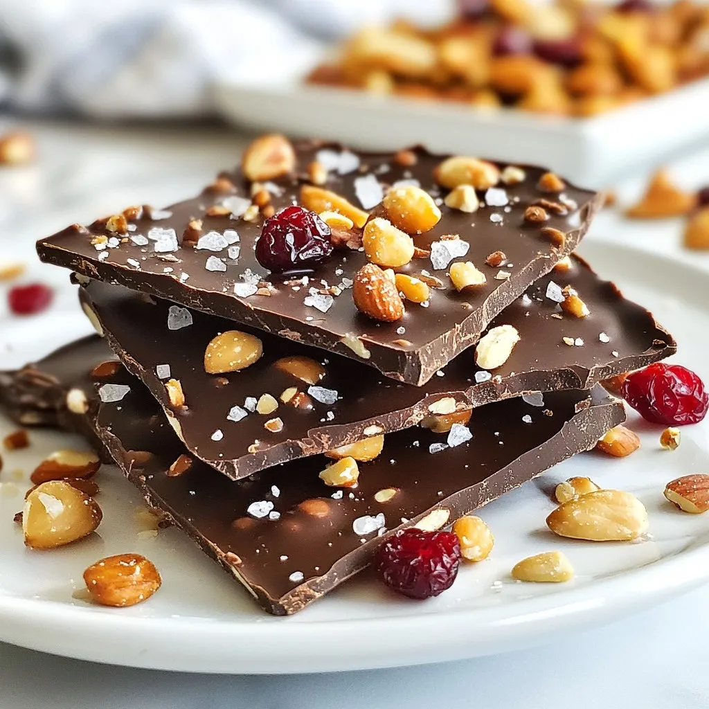 - 12 ounces of high-quality dark chocolate (70% cocoa or higher) - 1 cup of mixed nuts (such as almonds, walnuts, and pecans) - 1/2 cup of dried fruit (choose from cranberries, cherries, or apricots) - 1 teaspoon of pure vanilla extract - Flaky sea salt for finishing touches Using high-quality chocolate is very important. Dark chocolate with 70% cocoa or more gives rich taste. It melts well and holds its shape. When picking nuts, choose a mix you love. Almonds, walnuts, and pecans add crunch and flavor. For dried fruits, cranberries, cherries, and apricots can bring sweetness. Fresh, good quality ingredients make the bark taste amazing. Always look for nuts without added salt or sugar. This keeps the flavors balanced and pure. {{ingredient_image_2}} Start by lining a baking sheet with parchment paper. This is key to your success. The parchment stops the chocolate from sticking. It also makes cleaning easy after you finish. You want to focus on the fun part—eating! You can melt chocolate in two ways: the microwave or a double boiler. If you use the microwave, cut the chocolate into small pieces. Place it in a safe bowl. Heat it for 30 seconds at a time. After each round, stir it well. This keeps the chocolate from burning. If you choose a double boiler, use low heat and stir gently. The steam will melt the chocolate slowly. This method gives you a nice, smooth finish. Once your chocolate is melted, it’s time to mix in some flavor! Add one teaspoon of pure vanilla extract. Stir it in well to spread the flavor evenly. Next, fold in your mixed nuts and dried fruit. Use a spatula to make sure every piece gets coated in chocolate. It should all look rich and delicious! Carefully pour your chocolate mix onto the lined baking sheet. Use a spatula to spread it out evenly. Aim for about a quarter inch thick. While it's still warm, sprinkle flaky sea salt on top. This adds a nice touch! You can adjust the salt to your taste. Then, place the sheet in the fridge. Let it chill for 1 to 2 hours until it’s firm. Once set, break it into pieces. You can use your hands or a knife. The bark should look great with all the nuts and fruit visible! To melt chocolate well, I suggest using the microwave. Cut your dark chocolate into small pieces. Place them in a bowl. Heat for 30 seconds, then stir. Repeat until smooth. This keeps it glossy. If you prefer, use a double boiler. It gently melts the chocolate without burning. For salt levels, taste is key! Start with a light sprinkle of flaky sea salt. You can always add more later. Balance the sweet and salty for the best flavor. Adjust it based on your preference. Some like it salty, while others prefer less. When serving, arrange the bark pieces on a pretty plate. This makes it look festive. You can also stack them for height. For gifts, wrap each piece in cellophane. Tie with a colorful ribbon for extra charm. This makes it a perfect treat for friends or family. Dark chocolate has many benefits. It is rich in antioxidants. These help fight free radicals in the body. Chocolate with 70% cocoa or higher offers more health perks. It can improve heart health and boost mood. Nuts add healthy fats and protein. They provide crunch and flavor to your bark. Almonds, walnuts, and pecans are great choices. Dried fruits like cranberries and cherries add sweetness. They also bring vitamins and minerals. Together, these ingredients create a tasty and nutritious treat. Pro Tips Choose Quality Chocolate: Selecting high-quality dark chocolate will significantly enhance the flavor of your bark. Look for chocolate with a cocoa content of 70% or higher for a rich, intense taste. Mix and Match Ingredients: Feel free to customize your bark by using different nuts and dried fruits! Try macadamia nuts with mango or cashews with goji berries for unique flavor combinations. Perfecting the Salt Sprinkle: When sprinkling the sea salt, do it while the chocolate is still warm. This ensures the salt sticks well and enhances the chocolate's flavor. Store for Freshness: For optimal freshness, store your bark in an airtight container. This will help maintain its texture and prevent it from absorbing moisture. {{image_4}} You can change the nuts in your bark for a new taste. Try using cashews, hazelnuts, or even sunflower seeds. Each nut adds its own unique crunch and flavor. You can also mix in spices like cinnamon or chili powder. A drop of almond extract can give it a delightful twist too. These small changes can make your bark truly special. If you want a vegan bark, use dairy-free dark chocolate. Many brands offer great options that taste just as good. For gluten-free needs, this recipe works perfectly. Just ensure the nuts and any dried fruit you choose are also gluten-free. This way, everyone can enjoy a sweet bite without worries. For the holidays, think about adding festive toppings. Try crushed peppermint or a sprinkle of festive sprinkles. You can also use seasonal fruits like dried figs or apricots for a fresh touch. They add color and flavor, making your bark stand out on any dessert table. Store your dark chocolate sea salt bark in an airtight container. This keeps the bark fresh and tasty. You can keep it at room temperature for easy snacking. If you like a firmer texture, put it in the fridge. Just be aware that cold storage may make it a bit harder to break into pieces. For the best taste, enjoy your bark within two weeks. You may notice it stays fresh for a bit longer, but it’s best to eat it sooner. Signs of spoilage include a change in color or texture. If it looks dull or feels sticky, it’s time to toss it. If you have leftover bark, get creative! You can chop it up and mix it into ice cream. It also works well as a topping on yogurt or oatmeal. You can even sprinkle it over brownies for an extra special treat. The options are endless! To make dark chocolate sea salt bark, start by lining a baking sheet with parchment paper. Melt high-quality dark chocolate in a microwave or double boiler. Stir in vanilla extract and mix in nuts and dried fruit. Spread this mixture on the lined sheet and sprinkle with flaky sea salt. Chill in the fridge for 1 to 2 hours until set, then break into pieces. For bark, choose dark chocolate with 70% cocoa or higher. Higher cocoa percentages provide rich flavor and health benefits. Quality matters; look for brands that use high-grade cocoa beans. This choice enhances taste and texture, making your bark special. Yes, you can use milk chocolate. However, it has a sweeter taste and less depth than dark chocolate. Milk chocolate may not provide the same contrast with sea salt. If you love sweetness, it can be a great choice. Just note that the flavors will differ. The bark takes about 1 to 2 hours to set in the fridge. If you want it to firm up quickly, keep it in the cold. Make sure it's completely firm before breaking it into pieces. This ensures a clean break and nice texture. Absolutely! You can add various toppings to your bark. Try coconut flakes, seeds, or even crushed candy. Other dried fruits or spices can also work well. Get creative and make it your own! Just ensure that the toppings are evenly distributed for the best flavor. You learned how to make dark chocolate sea salt bark using quality ingredients. We discussed the main components, flavor enhancers, and important steps for successful results. I shared tips for perfect texture and health benefits, plus fun variations to try. Remember, the quality of your chocolate and mix-ins matter most. With the right care, your bark can shine as a tasty treat or a fun gift. Enjoy making your own delicious creations!