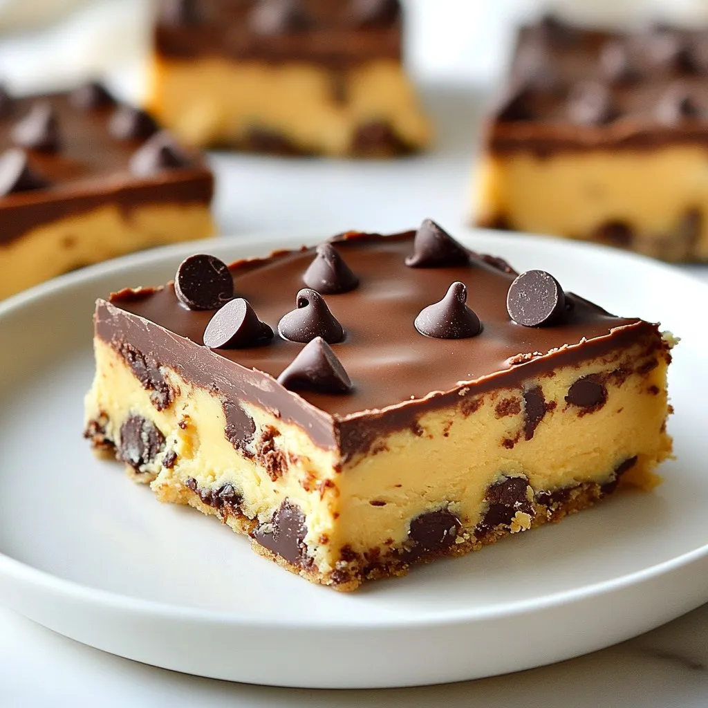 When making Chocolate Chip Cookie Dough Fudge, you will need a few key ingredients. Here’s what to gather: - 1 cup unsalted butter, softened to room temperature - 2 cups packed brown sugar - 2 cups all-purpose flour - 1 teaspoon pure vanilla extract - 1 teaspoon fine sea salt - 1 cup mini chocolate chips - 1 can (14 oz) sweetened condensed milk - 2 cups semi-sweet chocolate chips - 1 tablespoon coconut oil Each of these ingredients plays a role in making this treat rich and creamy. The unsalted butter gives a smooth base. Using brown sugar adds a lovely depth of flavor. Flour helps form the dough and gives it structure. Vanilla extract brings warmth and a sweet note. Sea salt balances the sweetness nicely. Mini chocolate chips are perfect for mixing into the dough. Sweetened condensed milk adds creaminess and sweetness to the fudge layer. Finally, semi-sweet chocolate chips melted with coconut oil create a smooth topping. Gathering these ingredients is the first step toward a delicious treat! {{ingredient_image_2}} First, we mix butter and sugar. In a medium bowl, beat 1 cup of softened butter and 2 cups of packed brown sugar. Use an electric mixer on medium speed. Keep mixing until it becomes light and fluffy, about 2-3 minutes. This is key for a great texture. Next, we add flour and salt. Gradually mix in 2 cups of all-purpose flour and 1 teaspoon of fine sea salt. Keep mixing until everything combines well. You want a thick, dough-like consistency. This dough is the heart of our fudge. Now, it’s time to press the cookie dough into the baking dish. Line an 8x8 inch baking dish with parchment paper. Take half of your cookie dough mixture and press it firmly into the bottom. Make sure it’s smooth and even. This will be the base of our fudge. Next, we melt the chocolate. In a microwave-safe bowl, combine 2 cups of semi-sweet chocolate chips and 1 tablespoon of coconut oil. Microwave in 30-second intervals. Stir each time until the chocolate melts and is smooth. This melted chocolate will cover our dough. Pour the melted chocolate over the cookie dough layer. Use a spatula to spread it evenly. Then, take the rest of the cookie dough and spoon dollops over the chocolate. Gently press down on each dollop, but don’t spread it too thin. You want some chocolate to show. Now, we chill the fudge. Place the assembled fudge in the refrigerator for 2-3 hours. This cooling time helps it set properly. Once it's firm, remove it using the parchment paper overhang. Cut the fudge into neat squares for serving. For a fun presentation, arrange the squares on a colorful plate. You can drizzle melted chocolate on top and sprinkle more mini chocolate chips for an extra treat! - How to achieve the perfect texture For the best texture, mix your butter and brown sugar until fluffy. This takes about 2-3 minutes. When you add flour, combine it well but don’t overmix. A thick dough should form, not a paste. - Suggestions for uniform cutting Chill the fudge well for at least 2-3 hours. Once set, lift it out using the parchment paper. Use a sharp knife for clean cuts. Wipe the knife with a damp cloth between cuts for neat squares. - Avoiding overmixing the dough Once you add the flour, mix just until combined. Overmixing can make the dough tough. You want a soft, chewy texture, not a dry one. - Ensuring proper chocolate melting technique Melt your chocolate chips and coconut oil in short bursts in the microwave. Stir after each interval. This keeps the chocolate from burning and ensures a smooth melt. Pro Tips Use Room Temperature Butter: Ensuring your butter is at room temperature allows for better incorporation with the sugars, resulting in a lighter and fluffier fudge. Chill Between Layers: For a cleaner separation between the cookie dough and chocolate layers, chill the first layer in the fridge for about 15 minutes before adding the melted chocolate. Customize Your Chocolate: Feel free to mix in different types of chocolate chips or even add nuts for extra texture and flavor variations. Store Properly: To keep your fudge fresh, store it in an airtight container in the refrigerator for up to two weeks or freeze for longer storage. {{image_4}} You can make your fudge even more exciting. Try adding some chopped nuts. Walnuts or pecans add a nice crunch. You can also use other types of chocolate. Swapping semi-sweet chips for dark or white chocolate can change the taste. Another fun idea is to use different extracts. Almond extract gives a sweet, nutty flavor. A touch of mint extract adds a fresh twist. Just remember to use it in small amounts. A little goes a long way, and you don’t want any flavor to overpower the fudge. You can make this fudge fit different diets. For a gluten-free version, swap all-purpose flour for almond flour or a gluten-free blend. This will keep the fudge rich and tasty without the gluten. If you want a vegan-friendly option, replace the butter with coconut oil. Use a plant-based sweetened condensed milk, and choose dairy-free chocolate chips. These changes let everyone enjoy this treat, no matter their diet. To keep your fudge fresh, store it in an airtight container. This container should be kept at room temperature. The fudge stays tasty for about one week. If you want to keep it longer, freezing is a great option. To freeze the fudge, first cut it into squares. Then, place the squares in a single layer on a baking sheet. Freeze them for about one hour. After they are firm, transfer the squares to a freezer bag. Label the bag with the date. You can store it in the freezer for up to three months. When you want to enjoy it, just take out a square and let it thaw for about 15 minutes. Enjoy your chilled treat! Can I use different types of chocolate chips? Yes, you can use many types! Dark chocolate or white chocolate chips work great. Each type adds a different taste. Mix them up for fun flavors. How do I prevent the fudge from becoming too soft? To keep your fudge firm, chill it well after making it. Make sure to use enough flour in your dough. If it’s still soft, try adding a little more flour next time. What can I do with leftovers? If you have leftovers, store them in an airtight container. They last about a week. You can also freeze them for later. Just cut them into squares, wrap them well, and pop them in the freezer. You learned how to make delicious chocolate chip cookie dough fudge. We covered the key ingredients, from butter to chocolate chips. I showed you the steps for mixing and layering the fudge. I also shared tips for perfecting your fudge and avoiding common mistakes. Lastly, we explored fun variations and storage methods. With these simple guidelines, you can create treats that everyone will love. Enjoy making and sharing this fun dessert!