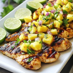 - 4 boneless, skinless chicken breasts - 1 cup fresh pineapple, diced - 1/2 red onion, finely chopped - 1 jalape&ntilde;o pepper, minced - 1/4 cup fresh cilantro, chopped - 2 tablespoons freshly squeezed lime juice - 1 tablespoon extra virgin olive oil - 1 teaspoon ground cumin - Salt and black pepper to taste To make Pineapple Salsa Chicken, you need fresh ingredients. Start with chicken breasts. They should be boneless and skinless. This makes them easy to cook. Next, grab a juicy pineapple. Dice it into small cubes. The sweetness of pineapple adds a great flavor. Red onion adds a nice crunch. Chop it finely to mix well. A minced jalape&ntilde;o gives a kick. Remove the seeds if you want less heat. For a fresh touch, use chopped cilantro. It brightens the dish. Lime juice brings a zesty flavor. Squeeze it fresh for the best taste. Olive oil keeps the chicken moist. It also helps the spices stick. Ground cumin adds a warm, earthy flavor. Finally, add salt and black pepper. These seasonings boost the taste of everything. With these ingredients, you create a colorful and tasty meal. Enjoy the bright mix of flavors! {{ingredient_image_2}} First, preheat your grill or grill pan over medium-high heat. This step is key for even cooking. A hot grill gives the chicken a nice char and seals in juices. Aim for a temperature around 375&deg;F to 400&deg;F. You can test it by holding your hand above the grill. If you can only keep it there for 2-3 seconds, it&rsquo;s ready. In a medium bowl, combine 1 cup of diced pineapple, 1/2 finely chopped red onion, and 1 minced jalape&ntilde;o pepper. Add 1/4 cup of chopped cilantro and 2 tablespoons of lime juice. Then, season with salt and black pepper. Mix everything well. Let the salsa sit for about 10 minutes. This resting time helps all the flavors blend together. Prepare 4 boneless, skinless chicken breasts. Drizzle each piece with 1 tablespoon of extra virgin olive oil. Sprinkle ground cumin, salt, and pepper on both sides. Once your grill is hot, place the chicken breasts on it. Grill for 6-7 minutes per side. Use a meat thermometer to check for 165&deg;F inside. This will ensure juicy, perfectly cooked chicken. After grilling, let the chicken rest for 5 minutes. This helps keep the juices inside. Arrange the chicken on a large platter. Generously spoon the pineapple salsa over the top. For a nice touch, add lime wedges and cilantro around the edges. This makes for a colorful and fresh presentation. To grill the chicken well, preheat your grill to medium-high heat. This step helps cook the chicken evenly. Place the chicken on the grill and avoid moving it too much. This lets it char nicely. Cook for 6-7 minutes on each side. Use a meat thermometer to check if it is done. The chicken should reach 165&deg;F. You will see nice grill marks when it&rsquo;s ready. You can make the salsa pop with more herbs. Try adding mint or basil for a fresh twist. If you want more heat, add diced serrano peppers. You can also sprinkle in some cayenne for a spicy kick. Adjusting the heat level will make the dish fit your taste perfectly. When serving, use a large white platter. This helps the colors stand out. After laying the chicken down, spoon the salsa on top. Let it cascade down the sides for a fun look. For extra flair, add lime wedges and cilantro around the dish. This gives a vibrant and fresh touch to your meal. Pro Tips Marinate Your Chicken: For an extra flavor boost, marinate the chicken breasts in lime juice, olive oil, and spices for at least 30 minutes before grilling. This will enhance the taste and tenderness. Adjust the Heat Level: If you prefer a milder salsa, leave out the jalape&ntilde;o or use a small amount of bell pepper instead. For more heat, add extra jalape&ntilde;o or a pinch of cayenne pepper. Use Fresh Ingredients: Opt for fresh pineapple and herbs to achieve the best flavor in your salsa. Canned pineapple can be used, but it may lack the vibrant taste of fresh produce. Rest the Chicken: Allowing the grilled chicken to rest for about 5 minutes after cooking helps retain its juices. This step results in a more succulent and flavorful dish. {{image_4}} You can change this dish by adding mango or papaya to the salsa. These fruits bring extra sweetness and a new flavor. Just chop them into small pieces and mix with the other salsa ingredients. For cooking chicken, you can bake or saut&eacute; it instead of grilling. Baking keeps the chicken juicy and is easy to do. Saut&eacute;ing gives it a nice brown color and flavor. Use a hot pan and a bit of oil for this method. If you need gluten-free options, use gluten-free soy sauce in the salsa. This will keep the flavor while meeting dietary needs. For dairy-free, this recipe is already dairy-free. You can enjoy it without worry. If you want lower-calorie chicken cuts, use chicken thighs or tenders. They are still tasty but have less fat. To complete your meal, serve Pineapple Salsa Chicken with rice or quinoa. These sides soak up the salsa juices and add a nice touch. For drinks, try a light white wine or sparkling water. These beverages balance the flavors and make your meal refreshing. To keep your Pineapple Salsa Chicken fresh, store it in the fridge. Use an airtight container to prevent moisture loss. Make sure the chicken cools down before sealing the container. This simple step helps keep the chicken juicy and tasty. When it's time to eat leftovers, reheat the chicken safely. I recommend using the oven or a stovetop. Heat the oven to 350&deg;F (175&deg;C) and cook for about 10 minutes. If using the stovetop, warm it slowly over low heat. To keep the chicken moist, cover it with foil. For the salsa, add a splash of lime juice to refresh its flavor. Yes, you can freeze Pineapple Salsa Chicken! First, make sure it is cool. Then, place it in a freezer-safe bag. Squeeze out as much air as you can before sealing. To thaw, move it to the fridge overnight. Reheat it once thawed, and enjoy a taste of summer! Yes, you can use canned pineapple. Fresh pineapple offers a bright taste and crunch. Canned pineapple has a softer texture and is sweeter. It may lack the fresh flavor of the fruit. If you use canned, drain it well. You want to avoid a watery salsa. You can store leftover Pineapple Salsa Chicken in the fridge for up to three days. Make sure to seal it in an airtight container. For longer storage, freeze the chicken for up to three months. When ready, thaw it in the fridge overnight before reheating. If you want less heat, use a green bell pepper. For more heat, try serrano peppers. They have a similar taste but are spicier. You could also use Fresno peppers for a middle ground. Choose what fits your heat preference best. To increase heat, add more jalape&ntilde;o to the salsa. You can also mix in diced habanero peppers for a kick. If you want spicy chicken, add cayenne pepper or chili powder to the seasoning. Taste as you go to find your perfect spice level. Pineapple Salsa Chicken is a fresh dish full of flavor. You learned about the key ingredients and how to prepare them. I shared step-by-step instructions for grilling and making salsa. You also discovered tips for grilling and variety options to try. Remember, cooking is all about having fun and experimenting. Enjoy this tasty dish with your favorite sides. Done right, this meal can be a real winner on your table. Happy cooking!