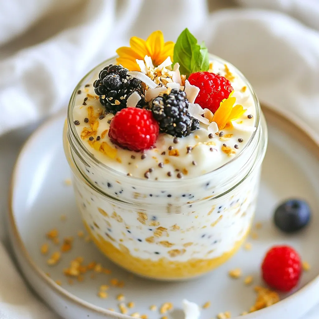 - 1 cup rolled oats - 1 cup coconut milk - 1/2 cup Greek yogurt - 1 tablespoon chia seeds - 1 tablespoon maple syrup or honey - 1/2 teaspoon vanilla extract - 1/2 cup mixed berries - 2 tablespoons unsweetened shredded coconut - Pinch of salt You can choose between canned coconut milk for creaminess or carton coconut milk for a lighter taste. If you want a dairy-free option, use a plant-based yogurt. This makes the dish vegan-friendly. For sweetness, maple syrup adds a nice touch, but honey works well too. The mixed berries can be fresh or frozen. Strawberries, blueberries, or raspberries all taste great. The shredded coconut gives a nice texture and tropical flavor. Each serving has about 300 calories. The macros per serving are roughly: - Protein: 12 grams - Carbohydrates: 45 grams - Fat: 10 grams - Fiber: 8 grams These oats are a balanced meal, making them great for breakfast or a snack. They keep you full and provide energy to start your day! {{ingredient_image_2}} Start by gathering all the ingredients. You will need rolled oats, coconut milk, Greek yogurt, chia seeds, maple syrup or honey, vanilla extract, mixed berries, shredded coconut, and a pinch of salt. In a medium bowl, add the rolled oats, coconut milk, Greek yogurt, chia seeds, maple syrup, vanilla extract, and salt. Whisk everything together until smooth. Make sure there are no lumps. Carefully fold in half of the mixed berries into your oat mixture. Set aside a handful of berries for later. Now, take two jars or airtight containers. Spoon the oat mixture evenly into each jar. Make sure to fill them well. Next, sprinkle shredded coconut on top of each jar for a nice tropical touch. Tightly secure the lids on the jars. Place them in the fridge overnight, or for at least four hours. This allows the oats to absorb the liquid and become soft. The next morning, take the jars out of the fridge. Stir the oats well to mix all the flavors. If the oats seem too thick, add a splash of coconut milk. Before serving, top each jar with the reserved berries and an extra sprinkle of shredded coconut. Enjoy your tasty overnight oats straight from the jar! You can change this recipe to fit your taste. Try different sweeteners like agave or stevia. You can also swap the Greek yogurt for a dairy-free version. This makes it vegan-friendly. Want more flavor? Add a pinch of cinnamon or nutmeg. You can even mix in nut butters for extra creaminess. If you love chocolate, stir in some cocoa powder. The options are endless! To get the best texture, use rolled oats. They soak up the liquid well. If you want a creamier mix, choose canned coconut milk. If you prefer a lighter taste, go for the carton version. Chia seeds help thicken the mixture, so don’t skip them! If your oats seem thick in the morning, add a splash of coconut milk to loosen them up. Stir well before serving. When it’s time to serve, top each jar with the reserved berries. This makes them look pretty and fresh. Sprinkle extra shredded coconut on top for a tropical touch. You can enjoy these oats straight from the jar. Pair them with a side of nuts or fruit for a balanced breakfast. These oats are perfect for busy mornings or a tasty snack! Pro Tips Choose the Right Coconut Milk: Opt for canned coconut milk for a creamier texture or use carton coconut milk for a lighter version, depending on your preference. Customize Your Sweetness: Adjust the amount of maple syrup or honey based on your taste; you can also use agave syrup or stevia for a sugar-free option. Berry Variations: Experiment with different types of berries or even other fruits like sliced bananas or diced mango for a unique flavor profile in your overnight oats. Make Ahead for Busy Mornings: Prepare several jars in advance, storing them in the refrigerator for up to 5 days, ensuring you have a quick and nutritious breakfast ready to go! {{image_4}} You can change the flavor of your overnight oats easily. Try different fruits like bananas, peaches, or mangoes. You can also add spices like cinnamon or nutmeg for warmth. If you want a tropical twist, consider adding pineapple or kiwi. Mixing in nut butter can add creaminess and taste. Just remember to keep it fun and explore! This recipe is flexible for different diets. If you want a vegan option, use dairy-free yogurt. You can swap honey for maple syrup to keep it plant-based. For low-carb diets, cut the oats and add chia seeds or nuts instead. You still get a tasty meal that fits your needs. You can use different oats in this recipe. Rolled oats give a chewy texture. Quick oats work too but may soak up liquid faster. If you prefer a smoother texture, try steel-cut oats. Just soak them longer for better results. Always adjust the liquid based on the oats you choose for the best outcome. Store your Berry Coconut Overnight Oats in airtight jars or containers. This keeps them fresh and tasty. Make sure to seal the lids tightly. You can keep them in the fridge for easy access during busy mornings. These oats stay fresh for up to five days in the fridge. They will taste best within the first three days. After that, the oats may start to lose some texture. If you notice any off smells or changes, it's best to throw them away. You can enjoy these oats cold, straight from the fridge. If you prefer them warm, microwave them for about 30 seconds. Stir well and check the temperature. Add a splash of coconut milk if they seem too thick after heating. Enjoy your warm oats with fresh toppings! Yes, you can use many types of milk for your oats. I suggest coconut milk for a rich flavor. Almond milk, oat milk, or regular milk also work well. Each type gives a unique taste. If you like creaminess, choose canned coconut milk. For a lighter touch, go for carton coconut milk. Overnight oats can last up to five days in the fridge. Make sure to store them in an airtight container. If you see any signs of spoilage, like an off smell or color, toss them out. It's best to eat them fresh for the best taste and texture. Absolutely! These oats are perfect for meal prep. You can make a batch on Sunday and enjoy them all week. Just follow the recipe, then divide the oats into jars. Store them in the fridge for easy breakfasts. This saves time and keeps you on track with healthy eating. In this article, we explored the key ingredients for overnight oats, along with their nutritional info. We detailed step-by-step instructions for prep, layering, and serving. I shared tips for customization and achieving the right texture, plus various flavor and dietary options. Finally, we discussed storage methods to keep your oats fresh. By following these guidelines, you can create delicious overnight oats tailored to your taste. Enjoy experimenting with flavors, textures, and variations for a fun breakfast!