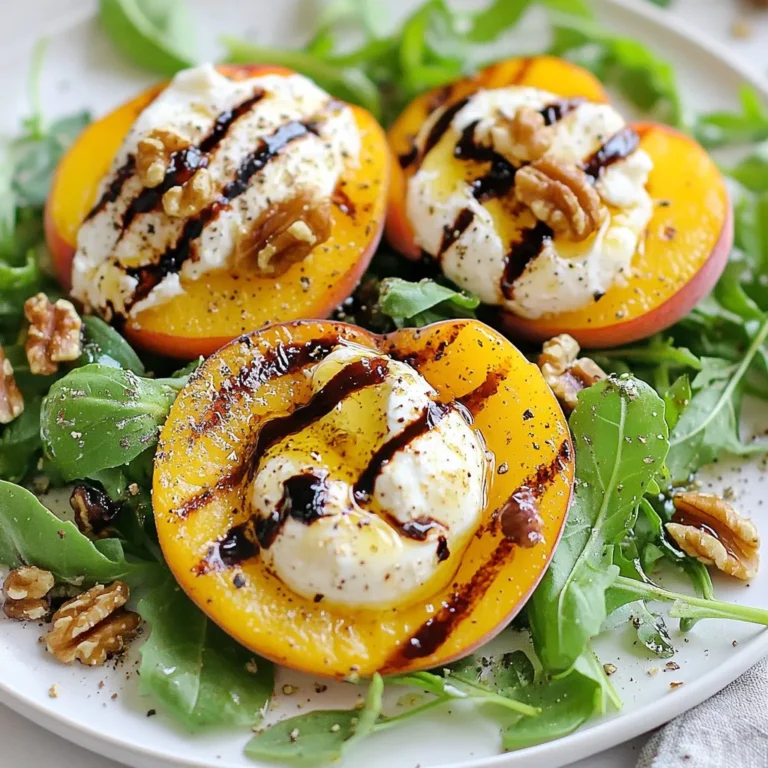 - 2 ripe peaches, halved and pitted - 8 ounces creamy burrata cheese - 4 cups baby arugula or mixed salad greens - 1/4 cup walnuts, toasted to perfection - 2 tablespoons balsamic glaze for drizzling - 2 tablespoons extra-virgin olive oil - Freshly cracked salt and pepper to taste - A handful of fresh basil leaves for a fragrant garnish This salad is not only tasty but also healthy. Each serving offers a good mix of vitamins and minerals. The peaches provide vitamin C, while the walnuts add healthy fats and protein. The burrata cheese gives you a creamy texture full of calcium. This dish is low in carbs and fits many diets, making it a great choice for any meal. {{ingredient_image_2}} First, preheat your grill to medium-high heat. This step is key for great grilling. While the grill gets hot, take two ripe peaches. Cut them in half and remove the pits. Brush the cut sides with olive oil. This helps prevent sticking and adds flavor. When the grill is ready, place the peaches cut side down. Grill them for about 4-5 minutes. You want nice grill marks and soft peaches. While the peaches grill, grab a large salad bowl. Place 4 cups of baby arugula or mixed greens at the bottom. This creates a fresh base. After grilling, let the peaches cool for a moment. Tear 8 ounces of creamy burrata cheese into bite-sized pieces. Spread these pieces over the greens. Next, slice the grilled peaches into wedges. Arrange them artfully around the burrata. Now, sprinkle 1/4 cup of toasted walnuts on top for crunch. Drizzle with 2 tablespoons of balsamic glaze and 2 tablespoons of olive oil. This adds depth to your salad. Finish with a sprinkle of freshly cracked salt and pepper to taste. For a fragrant touch, add a handful of fresh basil leaves. Serve this beautiful salad on a large platter for a stunning presentation! When picking peaches, look for ones that feel slightly soft. They should have a sweet aroma. The skin should be a nice golden-yellow. Avoid peaches with green or very firm spots. The ripeness impacts the sweetness and juiciness in your salad. To grill peaches well, preheat your grill to medium-high. Brush the cut sides with olive oil. This keeps them from sticking and adds flavor. Grill the peaches for about 4-5 minutes. Watch for nice grill marks. The goal is to soften them while keeping their shape. Serve this salad with crusty bread or grilled chicken for added protein. The creamy burrata and crunchy walnuts provide good texture. Use the balsamic glaze for a sweet finish. Fresh basil adds a pop of flavor. Present it on a big platter for a family-style meal. Pro Tips Choose the Right Peaches: Look for peaches that are slightly soft to the touch and fragrant. This ensures they are ripe and will grill beautifully. Grill Temperature Matters: Keeping the grill at medium-high heat is crucial for achieving those perfect grill marks while ensuring the peaches are tender but not mushy. Opt for Fresh Burrata: Always use fresh burrata cheese for the best flavor and texture. Its creaminess enhances the overall dish. Enhance with Additional Toppings: Consider adding sliced prosciutto or crumbled feta for an extra layer of flavor that complements the sweetness of the peaches. {{image_4}} You can easily boost this salad by adding protein. Grilled chicken or shrimp works well. Simply season them with salt, pepper, and a bit of olive oil. Grill them for a few minutes until they are cooked through. Slice the grilled chicken or shrimp and toss them on top of the salad. This adds heartiness and makes the dish more filling. If burrata isn't available, don't worry! You can swap it for other cheeses. Fresh mozzarella or goat cheese are great choices. Both bring creamy textures that blend well with grilled peaches. You can even try feta for a tangy twist. Each cheese option changes the flavor but keeps the salad fresh and tasty. Enhance your salad with fresh herbs and dressings. Basil adds a sweet note, but you can try mint or cilantro for a different flavor. For dressings, a lemon vinaigrette or a honey mustard dressing can brighten the dish. Just drizzle your chosen dressing over the salad before serving. This adds depth and makes every bite a delight. To store leftover grilled peach burrata salad, place it in an airtight container. This will keep the salad fresh. Make sure to separate the salad from the dressing if possible. This prevents sogginess. You can keep it in the fridge for up to two days. Do not reheat the salad. The creamy burrata and greens taste best fresh. If the salad seems a bit wilted, you can refresh it. Just add a little more olive oil or balsamic glaze. Toss the salad gently to mix in the new dressing. - Peaches: Fresh peaches last about 3-5 days in the fridge. - Burrata: Once opened, burrata stays fresh for about 3 days. - Greens: Baby arugula or salad greens can last up to a week in the fridge. - Walnuts: Toasted walnuts stay fresh for about 2 weeks if stored in a cool place. - Balsamic Glaze: An unopened bottle lasts for years, but once opened, use it within a year. Yes, you can prepare parts of the salad in advance. I suggest grilling the peaches and making the balsamic glaze ahead of time. Store the peaches in an airtight container in the fridge. When you’re ready to serve, assemble the salad with fresh greens, burrata, and walnuts. Keep the dressing separate until serving for the best taste. If you can't find burrata, fresh mozzarella is a great choice. It offers a similar creamy texture. Ricotta cheese can work too, adding a different flavor. Vegan cheese alternatives can also be used for a dairy-free option. Just remember to choose a cheese that melts well for a creamy effect. To check if peaches are ripe, gently squeeze them in your palm. They should give slightly, indicating softness. Look for a vibrant color and a sweet aroma. Avoid peaches that feel hard or have green patches, as these are not ripe. A ripe peach will be smooth and fragrant, perfect for grilling! This blog covered how to make a peach salad. We discussed key ingredients, tips for grilling, and ways to customize your dish. Remember to choose ripe peaches and try different proteins or cheeses for unique flavors. Store your leftovers properly to enjoy later. I hope you feel ready to create a refreshing salad that balances taste and health. Enjoy your cooking adventure!