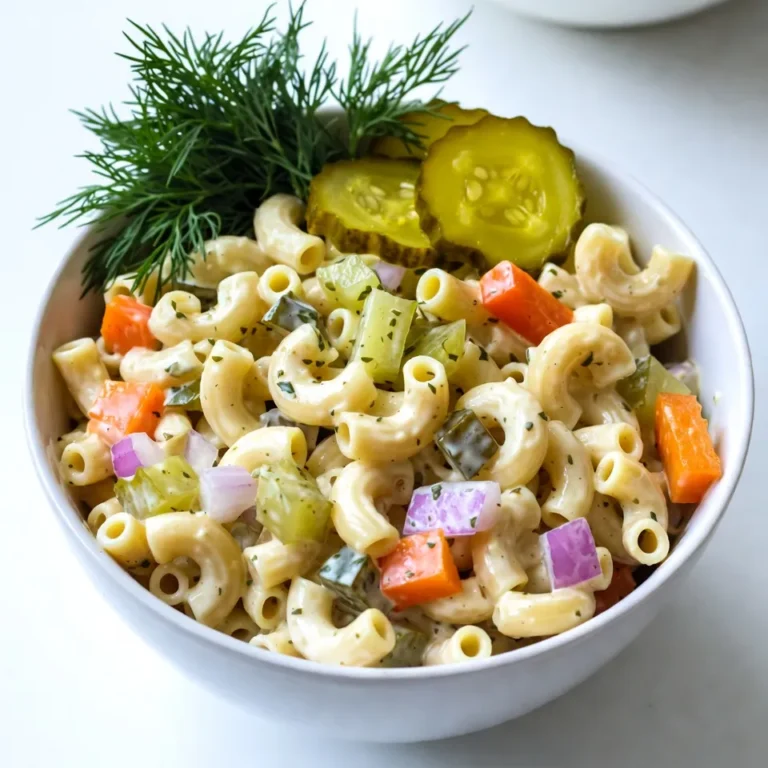 - 8 oz elbow macaroni or rotini pasta - 1 cup diced dill pickles - ½ cup finely diced red onion - ½ cup diced bell pepper The stars of this salad are the pasta and pickles. You can use either elbow macaroni or rotini pasta. Both work well with the creamy dressing. The diced dill pickles add a tangy crunch that makes this dish special. You should also add finely diced red onion and bell pepper for a nice flavor contrast. The red onion gives a bit of sharpness, while the bell pepper adds sweetness. - ¼ cup mayonnaise or Greek yogurt - 2 tablespoons dill pickle juice - 1 teaspoon Dijon mustard - 1 teaspoon dried dill For the dressing, you can choose between mayonnaise or Greek yogurt. Greek yogurt gives a lighter feel, while mayonnaise adds creaminess. Then, add dill pickle juice for extra tang. Dijon mustard adds a touch of spice, and dried dill enhances the pickle flavor. Mix these together for a creamy dressing that coats the pasta well. - Salt and black pepper to taste - Fresh dill sprigs for garnish Don’t forget to season your dish! Add salt and black pepper to taste. This step is key to bringing out all the flavors. Finally, use fresh dill sprigs as a garnish. They not only look great but also add a fresh aroma that makes the salad even better. {{ingredient_image_2}} First, bring a large pot of salted water to a boil. Add 8 oz of elbow macaroni or rotini. Cook until the pasta is al dente, or firm to the bite. This usually takes about 8-10 minutes. Once done, drain the pasta in a colander. Rinse it under cold water. This helps stop the cooking and cools the pasta quickly. While your pasta cooks, chop the veggies. Take 1 cup of dill pickles, ½ cup of finely diced red onion, and ½ cup of diced bell pepper. You can use green or yellow bell pepper for a sweet touch. Make sure all pieces are small and even. This helps the flavors mix well. In a medium bowl, mix the dressing. Combine ¼ cup of mayonnaise or Greek yogurt, 2 tablespoons of dill pickle juice, and 1 teaspoon of Dijon mustard. Add 1 teaspoon of dried dill. Season with salt and black pepper to taste. Stir until creamy and well mixed. In a large bowl, add the cooled pasta. Then, add the diced dill pickles, red onion, and bell pepper. Pour the dressing over the pasta and veggies. This is where the magic happens! Use a spatula or large spoon to gently toss everything together. Make sure every piece is coated in dressing. Cover the bowl with plastic wrap or a lid. Refrigerate for at least 30 minutes to let the flavors meld. Before serving, stir the salad well. Taste it to see if you need more salt, pepper, or pickle juice. For a lovely touch, garnish with fresh dill sprigs and some reserved pickle slices. Enjoy this bright and tangy pasta salad! Adjust the seasoning and dressing to your taste. Start with the basics. Add salt and pepper as you mix. If you want more zing, add more dill pickle juice. You can also tweak the dressing by adding a bit more mustard or dill. This helps to bring out all the flavors. Taste as you go to find your perfect mix. This pasta salad is best served chilled. It tastes great on a hot day. Use colorful dishes to make it pop. A bright bowl can make your meal more fun. You can serve it as a side dish or the main course. Either way, it’s sure to please. Make your salad look extra special. Use fresh garnishes like dill sprigs. Place them on top just before serving. You can also add a few pickle slices for a nice touch. This adds color and makes it look inviting. A well-presented dish makes the meal even better! Pro Tips Perfect Pasta Texture: Make sure to cook the pasta just until al dente. This will ensure that the pasta retains a slight bite and doesn't become mushy when mixed with the dressing and vegetables. Customize Your Veggies: Feel free to mix in other vegetables like cucumbers or cherry tomatoes for added color and texture. Just make sure they are finely chopped to match the size of the pasta. Flavor Boost: For an extra kick, consider adding a pinch of cayenne pepper or a splash of hot sauce to the dressing. This will add a subtle heat that complements the tanginess of the pickles. Make-Ahead Magic: This pasta salad is perfect for meal prep! You can make it a day in advance, and the flavors will only get better as it sits in the fridge. {{image_4}} You can make this salad lighter. Substitute Greek yogurt for mayonnaise. Greek yogurt still adds creaminess. It also boosts protein and cuts fat. This swap keeps the same great taste. You get a fresher feel with every bite. Want to make it heartier? Consider adding cooked chicken or chickpeas. Cooked chicken gives a nice protein boost. Chickpeas add a plant-based option. Both options mix well with the pasta. They make the salad fill you up more. Feel free to experiment with different veggies. Try adding crunchy celery or sweet carrots. Both add texture and flavor. You can even toss in peas or corn. Each veggie brings its own unique taste. This keeps the salad fun and fresh. Store leftover Dill Pickle Pasta Salad in an airtight container. This keeps it fresh and tasty. Make sure to cool the salad to room temperature before sealing. It will last well in the fridge for about 3 to 5 days. If you notice any changes in color or smell, it’s best to throw it away. For the best taste, enjoy your pasta salad within 3 days. After that, it may lose its crunch and flavor. The pickles can get too soft, and the dressing may separate. If you plan to keep it longer, consider other storage options. You can freeze pasta salad, but I don't recommend it. Freezing can change the texture of the pasta and veggies. If you want to try, place the salad in a freezer-safe container. Leave some room for expansion. To thaw, move it to the fridge overnight before serving. Enjoy it fresh for the best flavor! To make this salad vegetarian, you don't need to change much. The main ingredients are already plant-based. Just ensure any mayo you use is vegetarian-friendly. You can swap regular mayo for vegan mayo if you want. If you want more crunch, add chopped celery or shredded carrots. Both add great flavor and texture. Yes, you can use other pasta types. Penne or fusilli works well too. Just remember to cook your pasta until it is al dente. For elbow macaroni or rotini, usually, it takes about 7-10 minutes. Check the package for exact cooking times. You can make this pasta salad gluten-free. Choose gluten-free pasta made from rice or corn. Most grocery stores have good options. Just follow the cooking times on the package, as they can vary a bit from regular pasta. You can store this salad in the fridge for up to 3 days. Just keep it in an airtight container. If you notice any changes in smell or color, it’s best to throw it away. Always check for freshness before eating leftovers. Yes, this salad is great to make ahead. I recommend making it a day before you plan to serve it. This allows the flavors to mix well. Just remember to cover it tightly and store it in the fridge. Before serving, give it a good stir to refresh the flavors. In this blog post, we gathered everything you need for a delicious Dill Pickle Pasta Salad. You learned about the key ingredients, from pasta and veggies to the creamy dressing. We also shared step-by-step instructions to make it easy. Lastly, we covered storage tips and variations to suit your taste. Enjoy this refreshing dish for any occasion. Experiment with flavors and make it your own. Happy cooking!
