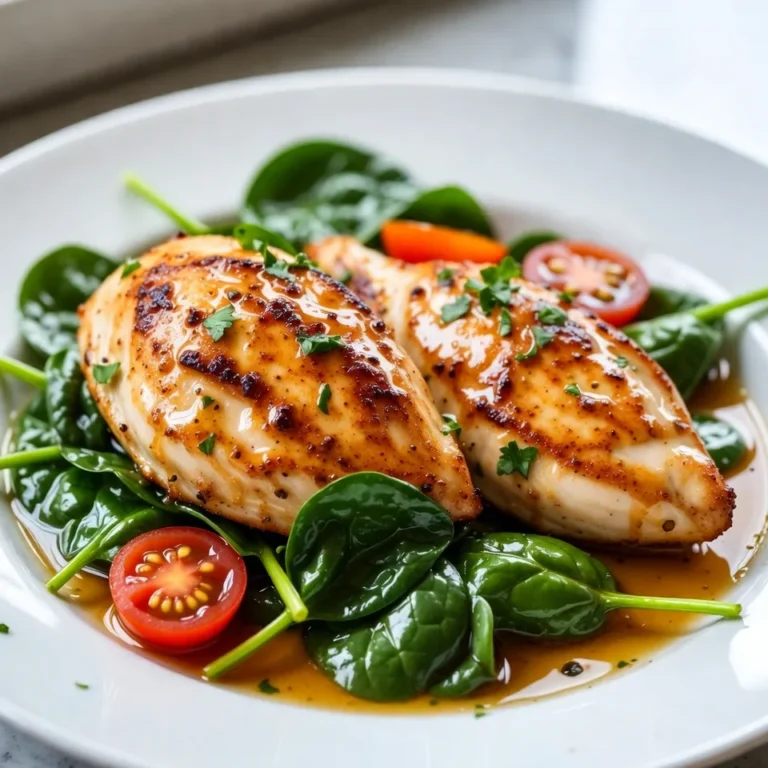 - 4 boneless, skinless chicken breasts - 1/4 cup honey - 1/4 cup Dijon mustard - 2 tablespoons olive oil - 1 teaspoon garlic powder - 1 teaspoon onion powder - 1/2 teaspoon smoked paprika - Salt and pepper, to taste - 2 cups fresh baby spinach - 1/2 cup cherry tomatoes, halved - Fresh parsley, chopped for garnish For this Honey Mustard Chicken Skillet, you need simple yet flavorful ingredients. Start with chicken breasts, as they are the star of the dish. Honey and Dijon mustard create a sweet and tangy sauce. Olive oil helps to sear the chicken to golden perfection. Seasonings like garlic powder, onion powder, and smoked paprika add depth and warmth. Fresh baby spinach and cherry tomatoes bring color and nutrition to the meal. Finally, fresh parsley not only adds a pop of green but also enhances the flavor. These ingredients work together to make a quick, tasty dinner that everyone will love. {{ingredient_image_2}} First, pat the chicken breasts dry with a paper towel. This helps the chicken sear well. Season both sides with garlic powder, onion powder, smoked paprika, salt, and pepper. Even seasoning gives the chicken great flavor. In a small bowl, mix the honey and Dijon mustard. Stir them until smooth. This sauce adds a sweet and tangy kick to the dish. If you want a thicker sauce, whisk it a bit longer. Heat the olive oil in a large skillet over medium-high heat. When the oil shimmers, add the seasoned chicken breasts. Cook for about 5-6 minutes on each side. You want a golden brown color and the chicken to be fully cooked. Once the chicken is done, take it out of the skillet. Pour the honey mustard sauce into the same skillet. Stir for 1-2 minutes to thicken it up. Now, add fresh baby spinach and halved cherry tomatoes. Stir until the spinach wilts, which takes about 2-3 minutes. Put the cooked chicken back in the skillet. Spoon some sauce over each piece. Let everything cook for another minute. This warms the chicken and blends the flavors. Remove from heat and top with chopped parsley for a bright finish. Enjoy your meal! - Temperature considerations: Always cook chicken to an internal temperature of 165°F (75°C). Use a meat thermometer for accuracy. - Avoiding overcooking: Cook each side for 5-6 minutes. This keeps the chicken juicy and tender. - Suggested herbs and spices: Add fresh thyme or rosemary for a nice touch. A pinch of cayenne can add some heat. - Alternative mustard options: Swap Dijon for whole grain or spicy brown mustard. Each gives a unique twist to the sauce. - Arranging the dish aesthetically: Place the chicken in the center of a large platter. Surround it with spinach and tomatoes for color. - Serving ideas with lemon wedges: Add lemon wedges on the side. They add a fresh burst of flavor when squeezed over the dish. Pro Tips Pat the Chicken Dry: Ensuring the chicken breasts are dry before seasoning helps achieve a perfect sear, resulting in a flavorful crust. Balance the Flavors: Adjust the honey and Dijon mustard ratio to suit your taste; more honey will sweeten the dish, while more mustard will add tanginess. Don't Rush the Sauce: Allow the honey mustard sauce to thicken slightly in the skillet; this enhances the flavor and ensures it clings to the chicken. Garnish for Freshness: Adding freshly chopped parsley not only adds color but also brightens the dish’s flavor, making it more appealing. {{image_4}} You can switch up the meat in this dish. Try turkey or pork for a change. Both will soak up the honey mustard flavors well. If you want a vegetarian option, go for tofu or tempeh. Just press the tofu to remove water. Then, season and cook it the same way as the chicken. This will give you a tasty and filling meal. Feel free to get creative with the sauce. You can add a pinch of cayenne for heat. This will give your dish a nice kick! If you want a low-sugar option, use a sugar substitute or maple syrup. Both will work and add great flavor without the extra sugar. Pair this dish with rice or quinoa for a wholesome meal. These grains soak up the sauce perfectly. You can also serve a fresh salad on the side. A simple mix of greens, cucumbers, and cherry tomatoes will work well. The crunch will balance the soft chicken and sauce. To store leftovers, let your Honey Mustard Chicken cool first. Place it in an airtight container. This helps keep the chicken fresh. You can store it in the fridge for up to three days. When you’re ready to eat, you can reheat it easily. For reheating, use a skillet over medium heat. Add a splash of water or broth to keep it moist. Heat for about 5-7 minutes, or until it’s warm throughout. You can also use a microwave. Just cover it to avoid drying out. Heat for 1-2 minutes, checking often. You can freeze cooked chicken and sauce for later use. Let the chicken cool completely before freezing. Wrap it tightly in plastic wrap, then place it in a freezer bag. This helps protect it from freezer burn. Use it within three months for the best taste. For thawing, move the chicken to the fridge a day before you want to eat. This keeps it safe. If you need it faster, you can thaw it in cold water. Change the water every 30 minutes until it’s ready. Once thawed, reheat the chicken as mentioned above. Enjoy your delicious meal later! It takes about 10-12 minutes to cook chicken breasts in a skillet. You want to cook them for 5-6 minutes on each side. This timing ensures they turn golden brown and reach the right internal temperature. Always check that the chicken reaches 165°F (75°C) for safety. Yes, you can use different mustards! Honey mustard works great, but you can also try yellow mustard or spicy brown mustard. Each type adds a unique flavor. Experiment to find your favorite combination. Popular side dishes include: - Rice - Quinoa - Roasted potatoes - Steamed broccoli - Fresh salads These sides complement the chicken well and add variety to the meal. To check if chicken is fully cooked, look for these signs: - The juices should run clear, not pink. - The chicken should feel firm to the touch. - Use a meat thermometer; it should read 165°F (75°C). These tips help you ensure your chicken is safe and delicious! You now have all you need to make a tasty Honey Mustard Chicken Skillet. We covered ingredients, cooking steps, and how to store leftovers. Remember to season well and keep an eye on cooking times for perfect results. Don’t shy away from trying different proteins or side dishes to enhance your meal. Enjoy experimenting with flavors and making this dish your own. Happy cooking!