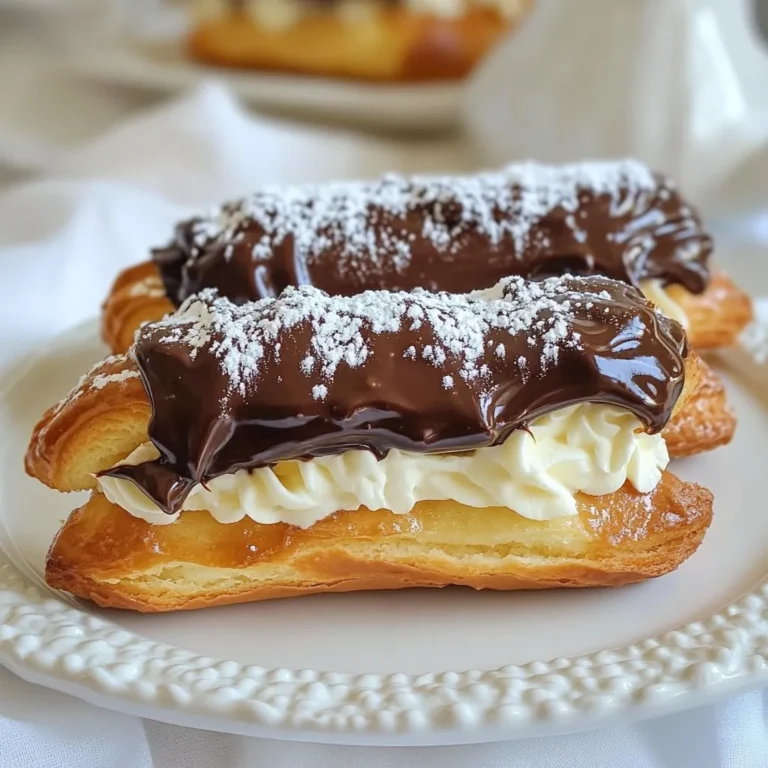 To make classic chocolate eclairs, you need the right ingredients. Here’s what you will need: - 1 cup water - 1/2 cup unsalted butter - 1 cup all-purpose flour - 1/4 teaspoon salt - 4 large eggs - 1 cup heavy cream - 1/4 cup powdered sugar - 1 teaspoon vanilla extract - 1 cup dark chocolate chips - 1 tablespoon coconut oil - For a dairy-free option, use plant-based butter and coconut cream. - If you have an egg allergy, try using a flax egg or a vegan egg replacer. - Gluten-free flour can replace all-purpose flour for a gluten-free version. - Use high-quality dark chocolate for the ganache. Look for a cocoa content of at least 60%. - Choose fresh eggs for better flavor and texture in the eclairs. - Use unsalted butter to control the saltiness in your recipe. {{ingredient_image_2}} First, set your oven to 400°F (200°C). This preheating helps the eclairs rise well. Next, line a baking sheet with parchment paper. Using parchment paper is key. It stops the eclairs from sticking and makes cleanup easy. In a medium saucepan, heat 1 cup of water and 1/2 cup of unsalted butter until it boils. Once it boils, lower the heat. Add 1 cup of all-purpose flour and 1/4 teaspoon of salt at once. Stir hard until the dough pulls from the pan sides, about 1-2 minutes. This step forms a strong dough. After cooking, take it off the heat. Let it cool for about 5 minutes. This cooling is important. It helps the eggs mix in better. Add 4 large eggs one at a time. Mix well after each egg until the dough is smooth and shiny. Now, put the dough in a piping bag with a large round tip. Pipe strips about 4-5 inches long onto the baking sheet. Leave 2 inches of space between them. Bake for 20-25 minutes. They should puff and turn golden brown. Avoid opening the oven door early. This helps them rise properly. Once baked, let the eclairs cool on a wire rack. This cooling gives them the right texture. For the filling, whip 1 cup of heavy cream with 1/4 cup of powdered sugar and 1 teaspoon of vanilla. Beat until stiff peaks form. To make the chocolate ganache, melt 1 cup of dark chocolate chips with 1 tablespoon of coconut oil. Use a microwave-safe bowl. Heat in 30-second bursts, stirring each time, until smooth. To fill each eclair, cut a small slit in the side. Pipe or spoon in the whipped cream. Finally, dip the tops into the warm ganache. Let any extra ganache drip off before serving. When making chocolate eclairs, many people make simple errors. One common mistake is opening the oven too soon. Resist the urge to peek for at least 20 minutes. This helps the eclairs rise properly. If they don’t puff, it might be due to undercooking or too much moisture in the dough. Always ensure to cook the dough enough so it pulls away from the pan. Another issue is not letting the dough cool before adding eggs. If you add eggs to hot dough, it can cook the eggs and ruin the mixture. Make sure the dough cools a bit before mixing in the eggs. To get eclairs that puff up nicely, follow these tips: - Always use fresh ingredients. Old flour or expired eggs can harm the rise. - Pipe the dough evenly and avoid making them too thick. This ensures they bake properly. - Let the baked eclairs cool completely on a wire rack. This helps them stay crisp. Store the eclairs in a cool, dry place. If they sit too long in a warm area, they may become soggy. Eclairs are not just tasty; they should look good too! Here are some ideas for a stunning presentation: - Dust eclairs with powdered sugar for a sweet touch. - Arrange them on a pretty plate for a nice display. - Add fresh berries beside them for color and flavor. You can also drizzle extra chocolate ganache over them for a more decadent feel. This makes them look as good as they taste! Pro Tips Ensure Proper Temperature: Make sure the butter is fully melted before adding flour to create a smooth dough. This helps in achieving the right texture for your eclairs. Don’t Open the Oven Door: Avoid opening the oven door during the first 20 minutes of baking. This ensures that the eclairs rise properly and maintain their puffiness. Cool Completely: Allow the eclairs to cool completely on a wire rack before filling. This prevents the whipped cream from melting and ensures a perfect texture. Use Quality Chocolate: For the ganache, opt for high-quality dark chocolate. It enhances the flavor of the eclairs and ensures a smooth, rich topping. {{image_4}} You can change the filling to mix things up. Instead of whipped cream, try pastry cream. It has a rich, smooth taste. You can also use fruit. Fresh berries can add a sweet and tart kick. For a fun twist, think about using different flavors. How about a zesty lemon cream? Or a chocolate mousse? You can also try coffee-flavored cream for a unique taste. While chocolate ganache is classic, other toppings can be fun too. Try a white chocolate glaze. It’s sweet and creamy, adding a nice touch. Caramel sauce is another great choice. It gives a rich, buttery flavor. For garnishing, get creative! Chopped nuts can add crunch. Sprinkles can make your eclairs colorful and festive. You can even use shredded coconut for a tropical flair. Let your imagination run wild! To store filled chocolate eclairs, place them in an airtight container. Keep them in the fridge for up to two days. This will keep the eclairs fresh and the filling creamy. If you have unfilled eclairs, you can store them at room temperature. Just make sure to keep them in a cool, dry place. They can last for about three days this way. For best practices, avoid stacking the eclairs. This can cause them to lose their shape. Instead, lay them flat in the container. You can also add a piece of parchment paper between layers if needed. This helps keep them from sticking together. You can freeze both filled and unfilled eclairs. For unfilled ones, wrap each eclair in plastic wrap. Place them in a freezer bag or airtight container. They can stay frozen for up to three months. When you are ready to eat them, remove them from the freezer. Let them sit at room temperature for about 30 minutes before serving. For filled eclairs, it is best to freeze them unfilled. Fill them right before serving for the best taste and texture. If you must freeze filled eclairs, use a vacuum sealer to remove air. Thaw them slowly in the fridge overnight before enjoying. This way, your eclairs stay light and tasty. Remember, the key to great eclairs is proper storage! To fill chocolate eclairs, follow these simple steps: 1. Let the eclairs cool fully on a wire rack. 2. Use a sharp knife to cut a small slit in the side of each eclair. 3. Fit a piping bag with a round tip and fill it with whipped cream. 4. Insert the tip into the slit and gently squeeze to fill the eclair. 5. Fill until you see the eclair swell slightly. This method ensures each eclair has a lovely cream filling. Yes, you can make eclairs ahead of time. Here are some tips: - Prepare the shells: You can bake the eclair shells a day in advance. Store them in an airtight container at room temperature. - Make the filling: Whipped cream can be made a few hours ahead. Keep it in the fridge until you’re ready to fill the eclairs. - Assemble just before serving: Fill and dip the eclairs in chocolate ganache right before serving. This keeps them fresh and crispy. To prevent sogginess, consider these tips: - Cool completely: Cool the eclairs fully before filling them. This step is key to keeping them crisp. - Avoid humidity: Store eclairs in a cool, dry place. Humidity can make them soggy. - Fill just before serving: Fill the eclairs close to serving time. This helps maintain their texture. Chocolate eclairs come from France. They date back to the 19th century. The name "eclair" means "flash" in French, which may refer to how quickly they are eaten. Eclairs are a key part of French pastry culture. They showcase the art of choux pastry and delicious fillings. These treats are loved worldwide for their light texture and sweet flavors. You learned how to make delicious chocolate eclairs step by step. We covered key ingredients, tips for great texture, and creative variations. Baking can be fun if you avoid common mistakes. Remember to store them right for freshness. Enjoy trying different fillings and toppings. With these tips, you can make eclairs easy and impressive. Now, get in the kitchen and start baking! You have the skills needed to create a wonderful treat.