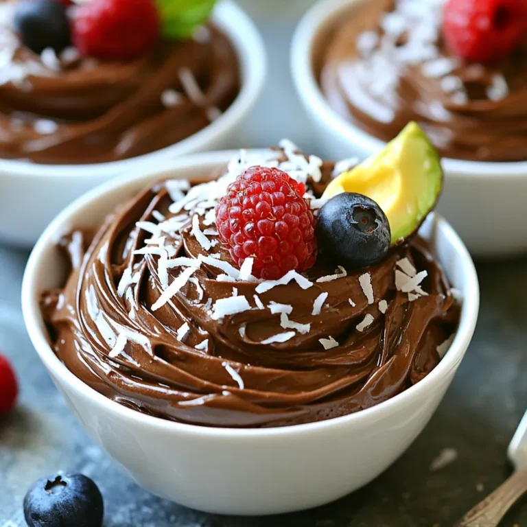 To make your Dark Chocolate Avocado Mousse, you need just a few simple items. Here’s what you will need: - Ripe avocados - Unsweetened cocoa powder - Maple syrup - Coconut milk - Pure vanilla extract - Sea salt - Optional toppings Each ingredient plays an important role in creating the rich and creamy texture. Ripe avocados are key. They add creaminess and healthy fats. Make sure they are soft to the touch for the best results. Unsweetened cocoa powder gives the mousse its deep, chocolate flavor. It’s rich and packed with antioxidants. Maple syrup adds sweetness. You can also use honey if you prefer a non-vegan option. Adjust the amount based on your taste. Coconut milk brings a smooth texture. It adds a hint of tropical flavor. You can swap it with almond milk for a lighter mousse. Pure vanilla extract enhances the overall taste. It adds warmth and rounds out the flavor profile perfectly. Sea salt is crucial. A pinch of it balances the sweetness and enhances the chocolate. Lastly, optional toppings like fresh berries, shredded coconut, or crushed nuts add texture and a pop of color. They make your dessert look even more inviting. Gather these ingredients, and you’re ready to whip up a delicious treat! {{ingredient_image_2}} - Start by getting your high-powered blender or food processor ready. - Add the ripe avocados, unsweetened cocoa powder, maple syrup, coconut milk, pure vanilla extract, and a pinch of sea salt. - Blend on high speed, pausing to scrape down the sides. Keep blending until the mousse is smooth and creamy. - After blending, taste the mousse. You might want it sweeter. - If needed, add more maple syrup. Blend again briefly to mix it well. - Scoop the mousse into bowls or elegant glasses. Fill each serving generously. - Cover with plastic wrap and chill in the fridge for at least 30 minutes. This helps it firm up and brings out the flavors. - When ready to serve, add toppings like fresh berries, shredded coconut, or crushed nuts for color and texture. Using ripe avocados is key. They should feel soft but not mushy. Ripe avocados blend easily and create a smooth mousse. If your avocados are hard, let them ripen for a few days. To avoid lumps, blend everything well. Use a high-powered blender or food processor. Start on low speed to mix, then increase to high. Stop to scrape down the sides as needed. This ensures a silky texture without any avocado bits. If you want non-vegan options, honey works great. It adds a nice sweetness that blends well. Just swap honey for maple syrup in the recipe. There are other sweetener choices, too. Agave nectar, coconut sugar, or stevia can be used. Adjust the amount based on your taste. Each sweetener gives a unique flavor, so feel free to experiment! Serve the mousse in stylish bowls or glasses. Clear containers show off its rich, dark color. You can layer it with toppings for a fun look. For toppings, choose fresh berries, shredded coconut, or crushed nuts. These add color and crunch. They also make the mousse more appealing. Just sprinkle them on top before serving for a delightful finish. Pro Tips Choose Ripe Avocados: Ensure your avocados are perfectly ripe for the creamiest texture. They should yield slightly when gently pressed. Quality Cocoa Powder: Use high-quality unsweetened cocoa powder for a richer chocolate flavor. This makes a significant difference in taste. Chill for Best Results: Allow the mousse to chill in the refrigerator for at least 30 minutes. This enhances the flavors and gives the mousse a firmer texture. Experiment with Toppings: Get creative with your toppings! Fresh berries, nuts, or coconut can add texture and visual appeal to your dessert. {{image_4}} You can easily boost the flavor of your mousse. Adding espresso or instant coffee brings a rich depth. Just a teaspoon can make a big difference. The coffee's bitterness pairs well with the dark chocolate. You can also try spices like cinnamon. A pinch can add warmth and a unique taste. If you want this mousse to be vegan, stick to maple syrup. It's a great sweetener that keeps it plant-based. For nut-free options, use coconut milk or other nut-free alternatives. This way, everyone can enjoy this treat without worries. You can also make it gluten-free. The ingredients listed are already gluten-free, so you are safe! When choosing milk, consider almond milk. It keeps the mousse light and creamy. Almond milk has a subtle flavor that works well. You can compare it with coconut milk, which adds a richer texture. Both choices are great, but the coconut milk gives a more decadent taste. To keep your dark chocolate avocado mousse fresh, store it in airtight containers. This helps prevent the mousse from absorbing other smells in the fridge. It stays fresh for up to three days. After this time, the texture may change, and it may not taste as good. You can freeze mousse if you want to keep it longer. Pour the mousse into freezer-safe containers, leaving space for expansion. It can last for about two months in the freezer. When you want to enjoy it, move it to the fridge to thaw overnight. Avoid using the microwave, as it may change the texture. Serve the mousse chilled for the best taste. If you freeze it, the mousse may become a bit firm. To adjust the texture, blend it for a few seconds after thawing. This helps restore its creamy consistency. Enjoy your mousse topped with fresh berries or nuts for extra flavor! Dark chocolate avocado mousse has a rich, creamy, and smooth texture. The flavor is deep and chocolatey. The avocado adds a subtle creaminess, making it feel indulgent without being too sweet. You might taste hints of vanilla, which enhance the overall richness. The balance between the cocoa and avocado creates a unique dessert experience. You can use sweetened cocoa powder if you prefer. However, you should adjust the maple syrup amount. Sweetened cocoa will add extra sugar, so you might want less syrup. This change can make your mousse sweeter. Just ensure you blend everything well to combine the flavors. Avocado mousse is much healthier than traditional mousse. It uses wholesome ingredients like avocados, which are full of healthy fats. Traditional mousse often has heavy cream and sugar. With avocado mousse, you gain fiber and nutrients while enjoying a tasty treat. It’s a guilt-free dessert option that still feels indulgent. You can keep the mousse in the fridge for about three days. Make sure to cover it tightly with plastic wrap. This helps it stay fresh and prevents it from absorbing other flavors in the fridge. If you notice any browning, just give it a quick stir before serving. Yes, this recipe is perfect for vegans! It uses avocados and maple syrup, which are both plant-based. You can also use coconut milk or almond milk for creaminess. Just avoid honey if you're strictly vegan. This mousse offers a delicious and dairy-free dessert option everyone can enjoy. In this blog post, I shared a simple recipe for dark chocolate avocado mousse. We covered the main ingredients, like ripe avocados and cocoa powder, and the steps to make it creamy and delicious. I also provided tips on adjusting sweetness and presenting your mousse attractively. You can explore variations and storage options to enjoy it longer. Remember, this dessert is not just tasty but also healthier than traditional mousse. Dive in and enjoy your treat, knowing it’s a smart choice!