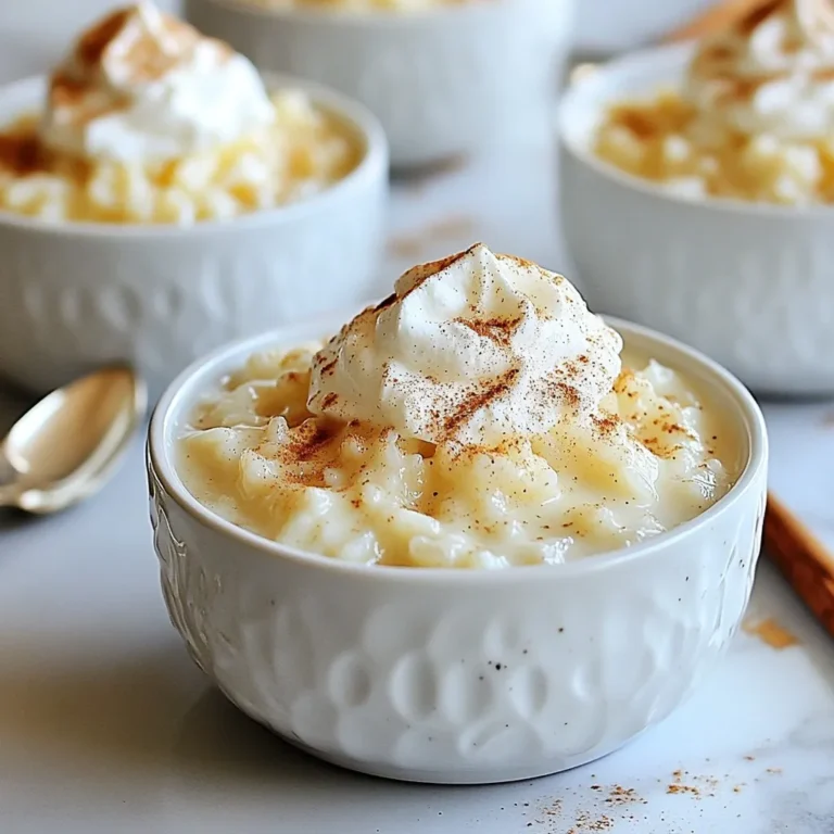 To make eggnog rice pudding, you need the following items: - 1 cup Arborio rice - 4 cups whole milk - 1 cup creamy eggnog - 1/2 cup granulated sugar - 1 teaspoon pure vanilla extract - 1/2 teaspoon freshly ground nutmeg - 1/4 teaspoon ground cinnamon - A pinch of salt - 2 large eggs, lightly beaten - Whipped cream for serving - Additional ground cinnamon or nutmeg for garnish You can swap some ingredients if you like. Here are my suggestions: - Arborio rice can be replaced with jasmine rice or sushi rice. Both will give a creamy texture. - Whole milk can be switched with 2% milk. It will be lighter but still tasty. - Use non-dairy eggnog for a vegan version of this dish. - Granulated sugar can be replaced with brown sugar for a richer taste. - If you don’t have nutmeg, you can use allspice or cloves for a similar flavor. Each serving of eggnog rice pudding contains: - Calories: 300 - Fat: 10g - Carbohydrates: 45g - Protein: 8g - Sugar: 18g This pudding is creamy and comforting, making it a perfect holiday treat. Enjoy it warm or chilled! {{ingredient_image_2}} Start by gathering your ingredients. You will need Arborio rice, whole milk, sugar, and salt. In a medium saucepan, combine 1 cup of Arborio rice, 4 cups of whole milk, 1/2 cup of granulated sugar, and a pinch of salt. Set the heat to medium. Stir the mix often until it simmers gently. Once it simmers, reduce the heat to low. Cook for 25-30 minutes. Stir frequently to prevent sticking. The rice should be tender and the mix creamy. Once your rice is tender, it’s time to add more flavor. Carefully stir in 1 cup of creamy eggnog. Then, add 1 teaspoon of pure vanilla extract, 1/2 teaspoon of freshly ground nutmeg, and 1/4 teaspoon of ground cinnamon. Keep the heat low and cook for another 5 minutes. This step helps the flavors blend and warm the pudding. You want it to smell like the holidays! Now, let's add the eggs for richness. Remove the pan from the heat first. Gradually whisk in 2 large eggs, which you should have lightly beaten. It’s key to temper the eggs. Do this by adding them slowly to the warm pudding. This way, you avoid scrambling the eggs. After mixing, return the pan to low heat. Cook for another 5 minutes, stirring often. The pudding will thicken more in this step. Once it reaches your desired thickness, take it off the heat. Let it cool slightly before serving. Enjoy this treat warm or chilled! To make your Eggnog Rice Pudding super creamy, use Arborio rice. This rice has a high starch content. It helps create a rich, thick pudding. Always stir the rice often while cooking. This prevents it from sticking to the bottom of the pot. Cook on low heat once it simmers. This gives the rice time to absorb the milk slowly. When you add eggnog, do it slowly. This helps blend it well into the pudding. One common mistake is cooking the rice on high heat. This can lead to uneven cooking. Another mistake is not stirring enough, which can cause sticking. Make sure to whisk the eggs slowly into the pudding. If you add them too quickly, they can scramble. Lastly, don't skip the resting time before serving. This allows the flavors to settle and taste better. To boost the flavor of your pudding, use fresh spices. Ground nutmeg and cinnamon add warmth. You can also experiment by adding a splash of rum or bourbon for depth. If you want a sweeter touch, add more sugar or vanilla. Don't forget to top your pudding with whipped cream. This adds a light, airy contrast to the creamy base. For a festive twist, sprinkle crushed candy canes or festive sprinkles on top. Pro Tips Use Fresh Nutmeg: For the best flavor, grate whole nutmeg instead of using pre-ground. The freshness makes a significant difference in taste! Tempering Eggs: When adding the beaten eggs, do it slowly to prevent scrambling. Gradually mix in some of the warm pudding to raise the egg temperature before adding it to the pot. Adjusting Sweetness: Depending on your preference for sweetness, feel free to adjust the sugar. You can also use a sugar substitute if desired. Chill for Flavor: Allow the pudding to chill in the fridge for a few hours before serving. This enhances the flavors and gives it a delightful texture. {{image_4}} To make a vegan version, swap the dairy and eggs. Use almond or coconut milk instead of whole milk. Replace eggnog with a vegan eggnog made from almond milk and spices. For thickening, a mix of cornstarch and coconut cream works well. Follow the same steps as the classic recipe, stirring often. This keeps the texture creamy, just like the original. You can change up the spices for a twist. Try adding ginger or allspice for warmth. Cardamom gives a unique taste and pairs well with eggnog. For a fun kick, add a dash of cayenne pepper. These spices add depth and make your pudding even more festive. Serve your eggnog rice pudding warm or cold. Top it with whipped cream for a light finish. A sprinkle of cinnamon or nutmeg adds a nice touch. For extra sweetness, add chocolate shavings or caramel sauce. Fresh berries or candied nuts bring color and crunch. Use holiday-themed sprinkles for a fun look. To store your eggnog rice pudding, let it cool first. Use an airtight container. Place it in the fridge if you plan to eat it soon. Make sure it is tightly sealed to keep it fresh. This pudding will stay good for about 3 to 5 days in the fridge. When you want to enjoy your pudding again, use a microwave or a saucepan. For the microwave, place a portion in a bowl. Heat it for 30 seconds, then stir. Repeat until it’s warm. If using a saucepan, add a splash of milk. Heat over low heat, stirring often to keep it creamy. You can freeze eggnog rice pudding too! Portion it into small containers. Leave some space at the top, as it will expand. Freeze for up to two months. To thaw, place it in the fridge overnight. Reheat as mentioned above for the best taste and texture. Yes, you can use low-fat milk. However, whole milk gives a richer taste. The creaminess will be less, but it will still taste good. If you want a creamier pudding, try using half-and-half instead. This will keep the flavor rich, while still being a bit lighter. Eggnog rice pudding lasts about 4 to 5 days in the fridge. Make sure to store it in an airtight container. If you notice it thickens up, just stir in a bit of milk before serving. This will help bring back its creamy texture. Serve eggnog rice pudding warm or chilled. I love it warm with a big dollop of whipped cream on top. You can also sprinkle extra cinnamon or nutmeg for a festive touch. For a fun twist, add some candy cane pieces or festive sprinkles. This makes it a perfect holiday dessert! This post covered all you need for eggnog rice pudding. I listed the main ingredients, offered alternatives, and shared nutritional info. The step-by-step guide helps you make it right. I also included tips for creaminess and flavoring. Variations show you how to mix it up, from vegan options to spices. Finally, I shared storage tips for freshness. Enjoy making this cozy treat that warms your heart and home!
