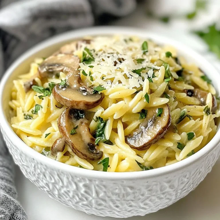 - 1 cup orzo pasta - 2 cups vegetable broth - 1 cup mushrooms (cremini or button), sliced - 1 small onion, finely chopped - 2 cloves garlic, minced - 1 tablespoon olive oil - 1 tablespoon butter - 1 cup fresh spinach, chopped - ½ cup heavy cream (or coconut cream for a lighter, dairy-free option) - ½ cup grated Parmesan cheese (or nutritional yeast for a vegan alternative) - Salt and pepper to taste - Fresh parsley, finely chopped, for garnish Gather these ingredients before you start cooking. The orzo pasta is the star here, giving the dish its creamy texture. I love using vegetable broth for a rich flavor. Mushrooms add depth, while spinach gives a pop of color and nutrients. Onions and garlic provide a lovely aroma that fills your kitchen. Heavy cream makes everything decadent, but coconut cream is a nice swap for a dairy-free dish. Parmesan cheese adds a savory kick, and fresh parsley brightens up the final plate. Make sure to have salt and pepper on hand to season your dish to perfection. With these fresh ingredients, you’ll create a delightful meal that’s both simple and tasty! {{ingredient_image_2}} 1. Start by filling a medium pot with 2 cups of vegetable broth. 2. Bring the broth to a rolling boil. 3. Once it bubbles, add 1 cup of orzo pasta. 4. Cook the orzo according to the package instructions, usually 8-10 minutes. 5. When it’s done, drain the orzo and set it aside. 1. In a large skillet, heat 1 tablespoon of olive oil and 1 tablespoon of butter over medium heat. 2. Once hot, add 1 small finely chopped onion. Sauté for 3-4 minutes. 3. Stir occasionally until the onion is soft and fragrant. 4. Next, add 2 cloves of minced garlic and 1 cup of sliced mushrooms. 5. Cook for 5-6 minutes, stirring often, until the mushrooms are tender. 1. Add 1 cup of chopped spinach to the skillet. Stir it in until it wilts, about 2 minutes. 2. Lower the heat and pour in ½ cup of heavy cream. Stir to mix. 3. Let it simmer for 2-3 minutes, making a rich sauce. 4. Mix in the cooked orzo, stirring well. If it’s too thick, add a splash of vegetable broth. 5. Add ½ cup of grated Parmesan cheese and season with salt and pepper to taste. 6. Cook for another minute to warm through. 7. Remove from heat and let it sit for a minute. This helps all the flavors blend. To change the creaminess of your orzo, add broth or water. This helps make it lighter. If you prefer a richer taste, go for heavy cream. For a dairy-free option, try coconut cream. This works great and keeps it creamy. You can boost the flavor by adding herbs or spices. Fresh thyme or rosemary adds a nice touch. You can also try red pepper flakes for some heat. If you want a different cheese, use goat cheese or feta. They add unique flavors that surprise the taste buds. Serve your creamy orzo in shallow bowls. This makes it look fancy and inviting. Top with fresh parsley for color. You can also add extra grated Parmesan for a nice finish. A drizzle of olive oil can make it shine and taste even better. Pro Tips Use Fresh Mushrooms: Fresh mushrooms not only offer better flavor but also a firmer texture. Opt for cremini or button varieties for the best results. Adjust Creaminess: If you prefer a lighter dish, feel free to substitute heavy cream with coconut cream or even a splash of plant-based milk for a delicious, dairy-free version. Herb Variations: Experiment with different herbs like thyme or rosemary to elevate the flavor profile of your dish. Fresh herbs can make a noticeable difference! Perfectly Cooked Orzo: To ensure your orzo remains al dente, make sure to stir occasionally while cooking and drain it promptly once done to avoid overcooking. {{image_4}} You can make creamy mushroom orzo even more exciting. Add different vegetables for a colorful dish. Try bell peppers, zucchini, or peas. They add crunch and flavor. You can also mix in beans or legumes. Chickpeas or black beans are great options. They give protein and make the meal hearty. For a vegan twist, use plant-based creams and cheeses. Coconut cream works well and keeps it rich. Nutritional yeast can replace Parmesan cheese. It adds a cheesy flavor without dairy. Use vegetable stock instead of broth for a fully plant-based dish. This keeps the taste deep and satisfying. To change the flavor, add different types of mushrooms. Shiitake or portobello can give a meatier taste. You can also use dried mushrooms for an intense flavor. Incorporating smoked paprika adds depth and a hint of smokiness. A drizzle of truffle oil at the end gives a luxurious touch. It’s a small addition that makes a big impact. After you enjoy your creamy mushroom orzo, store any leftovers in an airtight container. This keeps the dish fresh and prevents odors from other foods. Place the container in your fridge. The orzo will stay good for about three to four days. To freeze creamy mushroom orzo, let it cool completely. Then, scoop it into a freezer-safe container or bag. Squeeze out as much air as possible to avoid freezer burn. You can freeze it for up to three months. When you're ready to eat, just thaw it overnight in the fridge. Reheating creamy mushroom orzo can be easy. Use the stove for the best texture. Place the orzo in a skillet over low heat. Add a splash of vegetable broth or water to help it warm up. Stir often until heated through. You can also use the microwave. Just cover it and heat in short bursts, stirring in between. Yes, you can! If you don’t have orzo, try these options: - Farfalle: These bow-tie shapes add fun. - Penne: Great for holding sauce and flavors. - Rice: For a gluten-free choice, rice works well. - Quinoa: A protein-rich alternative that adds a nutty taste. Each pasta brings a unique texture. Adjust cooking time based on the type you choose. Regular orzo is not gluten-free. But you can make this dish gluten-free! Use gluten-free orzo or another gluten-free pasta like brown rice pasta. Ensure the vegetable broth is also gluten-free. This way, you can enjoy the creamy mushroom goodness without worry. To add some heat to creamy mushroom orzo, try these tips: - Red pepper flakes: A pinch adds a nice kick. - Cayenne pepper: Sprinkle in a little for more heat. - Sriracha or hot sauce: Stir in a spoonful for a flavor boost. - Spicy sausage or chorizo: Cook it with the mushrooms for a hearty punch. Experiment with spice levels to find your perfect balance! Creamy mushroom orzo combines rich flavors with easy steps. You start with orzo and broth, then add sautéed mushrooms, onion, and garlic for depth. Spinach and cream follow, bringing a smooth finish. Experiment with ingredients to tailor it to your taste. You can adjust creaminess and spice levels. This dish is flexible, so feel free to use different pastas or veggies. Enjoy your creamy mushroom orzo, and share your favorite tweaks!