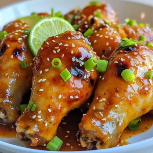To make sweet chili lime drumsticks, you need the following ingredients: - 10 chicken drumsticks - 1/2 cup sweet chili sauce - Zest and juice of 2 limes - 2 tablespoons soy sauce - 1 tablespoon honey - 3 cloves garlic, minced - 1 teaspoon grated ginger - 1 tablespoon sesame oil - Salt and pepper, to taste - Garnish: Chopped green onions and sesame seeds Each ingredient adds a unique flavor. The sweet chili sauce gives a nice sweetness. Lime adds a fresh and zesty kick. Soy sauce brings depth, while honey balances it all. Garlic and ginger offer warmth, and sesame oil adds richness. The salt and pepper enhance all these flavors. Be sure to gather everything before you start. This helps the cooking process go smoothly. Enjoy the vibrant mix of tastes as you prepare this dish. {{ingredient_image_2}} Start by gathering your ingredients. You will need sweet chili sauce, lime zest, lime juice, soy sauce, honey, garlic, ginger, and sesame oil. In a large mixing bowl, add the sweet chili sauce, lime zest, and lime juice. Then, pour in the soy sauce and honey. Next, add the minced garlic, grated ginger, and sesame oil. Whisk all these ingredients together. Make sure the mixture is smooth and well combined. This marinade is what gives your chicken its wonderful flavor. Now, it&rsquo;s time to add the chicken drumsticks. Place them in the bowl with the marinade. Use your hands or a spoon to toss the drumsticks. Make sure they are fully coated with the marinade. This step is crucial for flavor. Cover the bowl with plastic wrap. If you prefer, you can also use a resealable plastic bag. Refrigerate the drumsticks for at least one hour. For a stronger taste, leave them for up to four hours. The longer they marinate, the better they taste! For cooking, you have two great options: grilling or baking. Preheat your grill or oven to 400&deg;F (200&deg;C). If you choose to grill, lightly oil the grill grates to stop the chicken from sticking. Take the drumsticks out of the marinade. Let extra marinade drip off. Lightly sprinkle salt and pepper on them. Place the drumsticks on the grill and cook for about 25-30 minutes. Turn them every 5-7 minutes for even cooking. If you prefer baking, line a baking sheet with parchment paper. Place the drumsticks on the sheet and bake them for 35-40 minutes. Remember to turn them halfway through cooking. Check that the internal temperature reaches 165&deg;F (74&deg;C) for safe eating. While they cook, reserve some marinade. Brush it on the drumsticks during the last five minutes for a nice glaze. After cooking, let the drumsticks rest for about five minutes. This helps keep them juicy. Finally, garnish with green onions and sesame seeds for a lovely touch! Marinating the drumsticks is key for great taste. I recommend marinating for at least 1 hour. If you have time, let them soak for up to 4 hours. This allows the flavors to really soak in. Seasoning also plays a big role. Use salt and pepper right before cooking. This simple step makes a world of difference. Grilling and baking each give a different texture. For grilling, preheat your grill to 400&deg;F (200&deg;C). Oil the grates lightly to stop sticking. If you bake, use a baking sheet with parchment paper. Bake for 35-40 minutes. Turn the drumsticks halfway through for even cooking. To make your drumsticks look great, arrange them on a big platter. Drizzle some leftover marinade over the top for shine. Add fresh lime wedges and green onions around the drumsticks. This adds color and makes the dish pop! Pro Tips Marinade Time: For the best flavor, let the drumsticks marinate for at least 4 hours or overnight if possible. This allows the flavors to deeply penetrate the meat. Grilling Technique: When grilling, cook the drumsticks over medium heat and avoid direct flames to prevent burning while ensuring they cook through evenly. Internal Temperature: Always use a meat thermometer to check that the internal temperature reaches 165&deg;F (74&deg;C) for safe consumption. Garnishing: Fresh herbs, like cilantro or parsley, can add an extra layer of flavor and color. Consider adding them right before serving for a fresh touch. {{image_4}} You can change the flavor of the sweet chili sauce. Try adding a splash of rice vinegar for tang. If you prefer a spicy kick, mix in some sriracha or chili flakes. Fresh herbs can also add a nice touch. Cilantro or basil can brighten the sauce. If you want a change from chicken, turkey drumsticks work well too. For a lighter option, use chicken breasts or thighs. If you're vegan, try marinating tofu or tempeh instead. Just remember to adjust cooking times. These drumsticks pair nicely with rice or quinoa. A fresh salad also makes a great side. For dipping sauces, try a tangy yogurt sauce or extra sweet chili sauce. You can serve lime wedges on the side for a zesty finish. To store your leftover sweet chili lime drumsticks, place them in an airtight container. Make sure they cool to room temperature first. This keeps them fresh and prevents sogginess. You can also cover them with plastic wrap if you don't have a container. Leftovers will last for about 3 to 4 days in the fridge. If you want to keep them longer, freezing is a great option. To freeze your drumsticks, follow these steps: 1. Cool Down: Let your cooked drumsticks cool completely. 2. Wrap: Wrap each drumstick in plastic wrap or foil. This prevents freezer burn. 3. Bag It: Place the wrapped drumsticks in a resealable plastic bag. Remove as much air as possible before sealing. 4. Label: Write the date on the bag. This helps you keep track of how long they&rsquo;ve been in the freezer. For thawing, move the drumsticks to the fridge and let them sit overnight. If you're in a hurry, you can also thaw them in cold water for a quicker option. When you're ready to eat, reheat them in the oven at 350&deg;F (175&deg;C). Bake for about 15-20 minutes until warm. You can also microwave them for a faster option, but they may not stay crispy. You can pair sweet chili lime drumsticks with many tasty sides. Here are some popular choices: - Steamed rice - Fried rice - Coleslaw - Grilled vegetables - Corn on the cob - Fresh salad These sides complement the sweet and spicy flavors of the drumsticks. They also add color and texture to your plate. Yes, you can use boneless chicken! Adjust the cooking time to ensure they cook properly. Boneless chicken cooks faster than drumsticks. - For grilling, cook for about 15-20 minutes. - For baking, check them at 25-30 minutes. Always check that the internal temperature reaches 165&deg;F (74&deg;C) for safety. To add heat to your marinade, try these tips: - Add red pepper flakes for heat. - Mix in sriracha sauce for a spicy kick. - Use fresh chopped jalape&ntilde;os for a fresh flavor. These additions will make your drumsticks hotter while keeping the sweet taste. Adjust the amount based on your heat preference. This post took you through a tasty recipe for sweet chili lime drumsticks. You learned about the ingredients, marinade steps, and cooking methods. I shared tips for flavor and texture, plus variations, storage, and FAQs. Now, you can cook these drumsticks with confidence. Enjoy your meal, and don&rsquo;t forget to share your results!